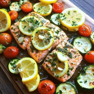 - 4 salmon fillets (approximately 6 ounces each) - 2 tablespoons high-quality olive oil - 4 cloves garlic, finely minced - 1 teaspoon dried oregano - 1 teaspoon dried thyme - 1 teaspoon smoked paprika - Sea salt and freshly ground black pepper, to taste - 1 lemon, thinly sliced - 1 cup cherry tomatoes, halved - 1 medium zucchini, cut into half-moons - Fresh parsley, finely chopped (for garnish) I always choose fresh salmon for this dish. Look for bright pink fillets with no brown spots. Wild-caught salmon has a great taste and is often more nutritious. For the olive oil, select a high-quality extra virgin option. This enhances the flavor of your meal. Fresh herbs are best, but if you're short on time, dried herbs will still work. If you can't find salmon, try another fish like trout or tilapia. These fish have a mild flavor and work well with the same herbs. You can also swap the zucchini for asparagus or bell peppers. Both add great color and taste. For a lighter meal, you can use less olive oil or omit it altogether. This dish remains tasty with just the garlic and herbs. This recipe is simple yet packed with flavor. You can find the full recipe [here](#). To make One-Pan Garlic Herb Salmon, I start by gathering all my ingredients. This way, I avoid running around the kitchen. I always preheat my oven to 400°F (200°C). This ensures the salmon cooks evenly. I make sure to have a large baking dish or a lined baking sheet ready for the salmon. 1. First, I whisk together the olive oil, garlic, oregano, thyme, smoked paprika, salt, and pepper in a mixing bowl. This creates a tasty marinade. 2. Next, I place the salmon fillets skin-side down in the baking dish. I use a brush or spoon to coat each fillet with the marinade. I want to make sure each piece is well covered. 3. I then arrange lemon slices, halved cherry tomatoes, and zucchini around the salmon. I drizzle any leftover marinade over the veggies for extra flavor. 4. After that, I transfer the dish to the oven and bake for 12 to 15 minutes. The salmon should flake easily when done, and the veggies should look vibrant. 5. Once cooked, I take the dish out and let it rest for a few minutes. This helps the flavors blend better. 6. Just before serving, I sprinkle fresh parsley on top for a nice touch. To get the best salmon, I recommend using high-quality fillets. Fresh salmon tastes better than frozen. Keep an eye on the cooking time. Overcooking can dry out the fish. If you like crispy skin, place the salmon skin-side up under the broiler for the last minute. This gives it a nice crunch. If you're looking for the full recipe, check out the Full Recipe section. Enjoy your meal! To get crispy skin on your salmon, dry it well before cooking. Pat the skin with paper towels to remove moisture. This step helps the skin crisp up nicely. Use high-quality olive oil in your marinade. This oil helps the skin get golden and crunchy. Bake the salmon skin-side down, and avoid flipping it. This keeps the skin intact and crispy. For added flavor, try using fresh herbs instead of dried. Fresh parsley or dill adds a bright taste. Lemon zest is another great addition. It brings a fresh zing that pairs well with salmon. You can also add a splash of white wine to the baking dish. This adds depth to the sauce and enhances the overall flavor. One common mistake is overcrowding the pan. Make sure each salmon fillet has space around it. This helps the heat circulate and cook evenly. Another mistake is not checking for doneness. Salmon should flake easily with a fork. If you overcook it, it may become dry. Lastly, don’t skip the resting step after baking. Letting it rest helps the juices redistribute, leading to a juicier fillet. For the complete recipe, check out the Full Recipe section. {{image_4}} You can change up the veggies in this dish. Try using asparagus, bell peppers, or broccoli. These vegetables cook well and add color. They also provide different flavors. For a twist, add spinach or kale near the end of cooking. This keeps them bright and fresh. This recipe is naturally gluten-free and dairy-free. If you need to avoid gluten, ensure your ingredients are certified gluten-free. You can use coconut oil instead of olive oil for a different flavor. This keeps the dish healthy and tasty. You can cook this salmon in several ways. Besides baking, try grilling it for a smoky taste. To do this, preheat your grill and cook the salmon on medium heat. You can also pan-sear it on the stovetop. Just heat a non-stick pan and cook the salmon for about 4-5 minutes per side. Each method gives you a unique flavor and texture. For the full recipe, check out the One-Pan Garlic Herb Salmon Delight. After you enjoy your One-Pan Garlic Herb Salmon, store leftovers quickly. Place the salmon and veggies in an airtight container. This keeps them fresh and tasty. Make sure to cool them to room temperature before sealing. Store in the fridge for up to three days. If you want to keep it longer, freezing is a great option. When you're ready to eat leftovers, avoid the microwave if you can. It can dry out the salmon. Instead, preheat your oven to 350°F (175°C). Place the salmon and veggies on a baking sheet. Cover them with foil to keep moisture in. Heat for about 10 to 15 minutes, or until warm. You can also reheat in a skillet over low heat, adding a bit of olive oil to keep it moist. Freezing is a smart way to save your One-Pan Garlic Herb Salmon. To freeze, wrap each salmon fillet in plastic wrap, then place them in a freezer-safe bag. Remove as much air as possible before sealing. The veggies can go in the same bag or a separate one. This meal can last in the freezer for up to three months. When you're ready to eat, thaw it overnight in the fridge before reheating. Enjoy! You can tell salmon is cooked when it flakes easily with a fork. The fish should change from translucent to a light pink color. The internal temperature should reach 145°F (63°C). Always use a food thermometer for the best results. Yes, you can use frozen salmon! Just make sure to thaw it first. Place the salmon in the fridge overnight or use a quick method by sealing it in a bag and running it under cold water. This keeps the fish safe and helps it cook evenly. You can serve this dish with many sides. Try steamed rice, quinoa, or a fresh salad. Roasted vegetables pair well too. For a full meal, consider serving garlic bread or a light pasta. You can find the Full Recipe for One-Pan Garlic Herb Salmon here, which gives a complete picture of this delightful dish. In this blog post, we explored the best ingredients for making One-Pan Garlic Herb Salmon. I shared quality recommendations, possible substitutions, and step-by-step cooking instructions. You learned tips for achieving crispy skin and enhancing flavors. We discussed variations using different vegetables and cooking methods, along with storage and reheating tips. Remember, cooking salmon can be easy and fun. Stick to the tips and enjoy your meal! Check out the full recipe for detailed steps.
