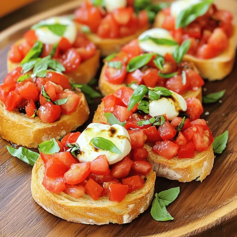 - 1 French baguette, cut into 1/2-inch thick slices - 4 ripe tomatoes, diced into small pieces - 1 cup fresh basil leaves, roughly chopped - 2 cloves garlic, finely minced - 3 tablespoons extra-virgin olive oil - 1 tablespoon balsamic vinegar - Salt and freshly cracked black pepper, to taste - Fresh mozzarella balls, halved (optional) When making tomato basil bruschetta, fresh ingredients matter. Ripe tomatoes burst with flavor. Look for bright color and a firm touch. Fresh basil should smell sweet and aromatic. It adds a lovely green touch to the dish. To enhance flavor, consider adding: - A pinch of red pepper flakes for heat. - A sprinkle of dried oregano for depth. - A dash of lemon zest for brightness. These small additions can elevate your bruschetta, making it more exciting and unique. How to choose ripe tomatoes: Select tomatoes that are firm, smooth, and free of blemishes. They should feel slightly heavy for their size. A sweet smell is a good sign of ripeness. Choosing the best basil: Look for bright green leaves without brown spots. Fresh basil should feel soft and fragrant. Avoid wilted or discolored leaves. This will ensure your bruschetta is fresh and flavorful. For the full recipe, check out [Full Recipe]. It will guide you through each step to create this fresh and flavorful delight! - Preheat the oven to 400°F (200°C). - Arrange baguette slices on a baking sheet in a single layer. - Brush both sides of each slice with olive oil for best toasting. - Toast the bread for 5-7 minutes until golden. Watch closely to avoid burning. - In a bowl, combine diced tomatoes, chopped basil, minced garlic, olive oil, balsamic vinegar, salt, and pepper. - Mix well to blend all the flavors together for the best taste. - Generously pile the tomato basil mixture onto each slice of toasted bread. - For a delicious twist, add one half of a fresh mozzarella ball on top of each bruschetta. - Serve immediately to enjoy the crunchy texture and fresh flavors! You can find the [Full Recipe] for a complete guide to this delightful dish. To keep your bread from getting soggy, toast it well. Brush both sides of each slice with olive oil. This helps create a barrier against moisture. Bake them until they are golden and crisp. Serve your bruschetta right after making it. This keeps the bread crunchy and the topping fresh. Letting it sit too long can cause sogginess. So, plan to serve it quickly after assembly for the best taste. You can add a variety of toppings to your bruschetta. Try adding olives or capers for a salty kick. A sprinkle of feta cheese can also add a creamy touch. If you like heat, consider diced jalapeños. To infuse extra flavor, marinate your tomatoes. Mix them with olive oil, balsamic vinegar, and a pinch of salt before adding to your bread. This gives a burst of taste with every bite. Arrange your bruschetta on a serving platter. Keep them in a neat row for a clean look. You can stack them or place them in a circle for flair. For garnishing, add fresh basil leaves on top. This adds color and enhances the dish's aroma. A light drizzle of balsamic reduction can elevate the look, too. It makes your bruschetta not only tasty but also beautiful. {{image_4}} You can switch up the bread for bruschetta. Try using sourdough or ciabatta. Both add a unique crunch. You can also use gluten-free bread for a lighter option. For toppings, think seasonal. In summer, ripe peaches or heirloom tomatoes shine. In fall, try roasted butternut squash or figs. Want to mix it up? Add avocado to your bruschetta for creaminess. It pairs well with tomatoes. You can also try strawberries for a sweet twist. Adding roasted vegetables gives depth. Bell peppers or zucchini can bring a savory note. Bruschetta is not just Italian. In Italy, you might find toppings like prosciutto or different cheeses. Adding spices like za'atar or harissa gives it an international flair. Each region has its own style. Embrace the flavors of the world in your bruschetta! To keep your bruschetta fresh, store it properly. You should separate the bread and topping. Place the bread in an airtight container. This helps it stay crisp. For the tomato mixture, use a different container. Glass or plastic works well. Both should be stored in the fridge. Consume leftovers within two days for the best taste. When reheating bruschetta, avoid sogginess. The oven is best for this. Preheat your oven to 350°F (175°C). Place the toasted bread on a baking sheet. Heat for about 5 minutes. This keeps the crunch. You can use a microwave, but it makes the bread soft. If you must use the microwave, heat it for only 10-15 seconds. You can freeze bruschetta, but it changes the texture. It's best to freeze the bread alone. Once cooled, place the slices in a freezer bag. Remove as much air as possible before sealing. For the topping, freeze it in a separate container. To thaw, leave it in the fridge overnight. Reheat the bread in the oven for the best results. Enjoy this fresh and flavorful delight! Traditional bruschetta is a simple Italian dish. It features grilled bread topped with fresh ingredients. The classic topping includes tomatoes, garlic, basil, and olive oil. This dish highlights ripe tomatoes and bright flavors. It is often enjoyed as an appetizer or snack. Yes, you can prepare bruschetta ahead of time. You can make the tomato mixture a few hours before serving. Just keep it in the fridge to maintain freshness. However, do not assemble it too early. The bread can get soggy if topped too soon. Bruschetta is not gluten-free if made with traditional bread. However, you can use gluten-free bread as a substitute. This way, you can enjoy the same delicious flavors without gluten. Always check the labels to ensure all ingredients are gluten-free. Making bruschetta vegan is easy! Just skip any cheese toppings, like mozzarella. Use a mix of tomatoes, basil, garlic, olive oil, and vinegar. This simple recipe is full of flavor and perfect for everyone. Serve bruschetta fresh from the oven for the best taste. Arrange it on a beautiful platter to impress your guests. Garnish with extra basil for color. You can also drizzle balsamic reduction for a touch of sweetness. For detailed instructions on making this delightful dish, check out the [Full Recipe]. Bruschetta is a simple and tasty dish made with fresh ingredients. We covered the best ingredients and how to prepare them. I shared tips for toasting bread and mixing flavors. You learned how to serve and store bruschetta, plus creative variations to try. Enjoy making this dish for your next gathering. With fresh ingredients and great flavors, it’s sure to impress!