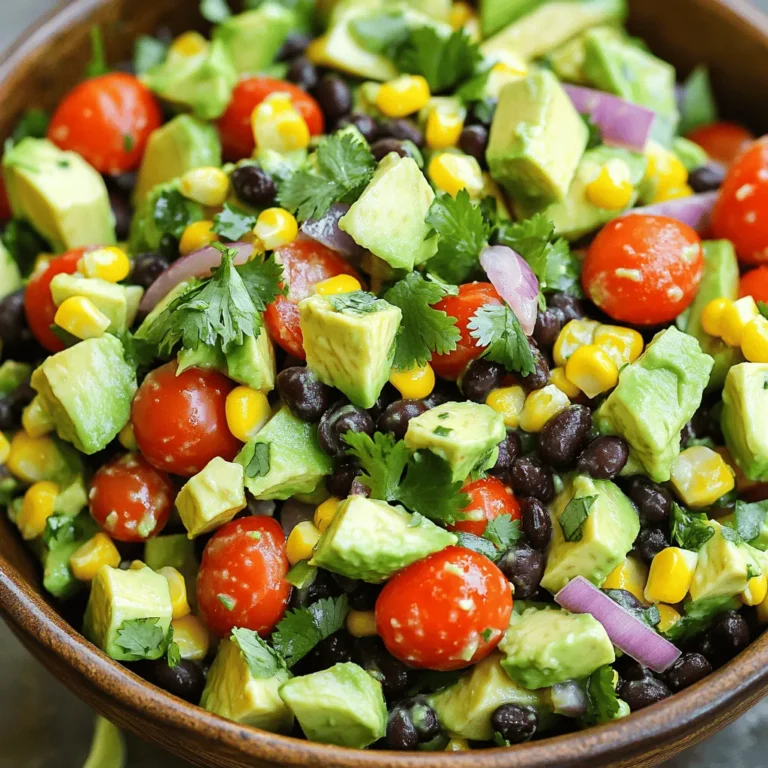 - Ripe avocados - Canned black beans - Cherry tomatoes - Red onion - Corn kernels - Red bell pepper - Jalapeño (optional) - Fresh cilantro - Lime juice - Extra virgin olive oil - Ground cumin - Salt and pepper - Feta cheese (optional) For this salad, you’ll need: - 2 ripe avocados, diced into bite-sized pieces - 1 can (15 oz) black beans, drained and rinsed - 1 cup cherry tomatoes, halved - 1 small red onion, finely chopped - 1 cup corn kernels (fresh or thawed if frozen) - 1 red bell pepper, diced - 1 jalapeño, minced (optional) - 1/4 cup fresh cilantro, chopped - 3 tablespoons lime juice - 2 tablespoons extra virgin olive oil - 1 teaspoon ground cumin - Salt and pepper to taste - 1/4 cup feta cheese, crumbled (optional) If you prefer, you can switch black beans for kidney beans. Use lime zest if you want extra zest. For a vegan option, skip the feta cheese. Avocados are full of healthy fats. They help your heart and keep skin glowing. Black beans are high in protein and fiber. They support digestion and keep you full. The red onion adds antioxidants. Cherry tomatoes boost vitamin C. Corn provides sweet crunch and energy. Cilantro is fresh and may help with digestion. Lime juice is hydrating and adds zest. Overall, this salad is tasty and good for you. Start with the avocados. Cut them in half, remove the pit, and scoop out the flesh. Dice the avocados into bite-sized pieces. Place them in a large bowl to keep them fresh. Next, rinse the black beans in a strainer. This helps remove extra sodium and gives them a cleaner taste. Add the drained beans to the bowl with the avocados. Now, chop your vegetables. Halve the cherry tomatoes to bring out their sweetness. Finely chop the red onion for a sharp flavor. Dice the red bell pepper to add color and crunch. If you like heat, use a jalapeño. Remove the seeds, mince it, and add it to the bowl. Mix all the veggies with the beans and avocados gently. For the dressing, grab a small bowl. Squeeze fresh lime juice into it for a tangy kick. Add the extra virgin olive oil for a rich taste. Sprinkle in the ground cumin, salt, and black pepper. Whisk everything together until it is mixed well. This dressing adds flavor and ties the salad together. Now, pour the dressing over the salad mixture. Use a spatula to fold everything gently. Be careful not to smash the delicate avocado pieces. This keeps the salad looking beautiful. After mixing, add fresh cilantro and crumbled feta cheese, if you choose to. Fold again until everything is nicely combined. Take a moment to taste the salad. Adjust the seasoning by adding more salt, pepper, or lime juice if needed. Let the salad rest for about 10 minutes. This helps the flavors blend. Serve it chilled or at room temperature, either in a large bowl or in individual portions. You can find the full recipe for this refreshing meal [here](#). How to select ripe avocados To choose ripe avocados, look for dark green skin. Gently squeeze without applying too much pressure. A ripe avocado gives slightly. Avoid any that feel too soft or have dark spots. Storing leftover salad To keep leftovers fresh, store them in an airtight container. Place a piece of plastic wrap directly on the salad before sealing. This helps keep the avocados from browning. Additional spices or herbs You can add spices like smoked paprika or cayenne for extra flavor. Fresh herbs like parsley or basil can also brighten the salad. Experiment with what you like to create your perfect mix. Adjusting the heat level If you want more heat, add more jalapeño or a splash of hot sauce. For a milder version, skip the jalapeño or remove the seeds. Adjust to your taste! Presentation ideas For a fun presentation, layer the salad in a clear bowl. This shows off all the bright colors. You can also serve it in individual bowls or mason jars for a neat look. Pairing with other dishes This salad pairs well with grilled chicken, fish, or tacos. You can also serve it as a light lunch or side dish at a barbecue. It adds a fresh touch to any meal. {{image_4}} You can easily change this salad to fit your taste. Adding protein is one great option. Grilled chicken or shrimp works well here. It adds heartiness and flavor. You can also mix in seasonal vegetables. Try diced cucumbers in summer or roasted butternut squash in fall. These add color and texture. You can make this salad vegan by skipping the feta cheese. The other ingredients are already plant-based. It still tastes great without it. If you need a gluten-free version, you’re in luck! This salad is naturally gluten-free. All the ingredients fit a gluten-free diet, so enjoy without worry. For a twist on the dressing, use a yogurt-based option. This adds creaminess without extra fat. It’s a fun change from the classic vinaigrette. You can also try different vinaigrettes. A balsamic or honey mustard vinaigrette can change the flavor. Experiment to find your favorite! For the full recipe, check out the delicious avocado and black bean salad. To keep your avocado and black bean salad fresh, store it in an airtight container. This helps prevent oxidation and keeps flavors intact. Make sure the container is clean and dry before adding the salad. You can also squeeze a little extra lime juice on top. This adds a nice flavor and helps slow browning. I do not recommend freezing this salad. The texture of avocados changes when frozen. You may end up with mushy avocados and watery beans. If you want to save some for later, consider storing the ingredients separately. You can freeze black beans or corn, but mix them fresh with avocado when serving. This salad is best served cold or at room temperature. If you must reheat it, do it gently. Place it in a microwave-safe bowl and heat in short bursts. Stir it often to avoid cooking the avocado. However, reheating is not necessary, as the flavors shine best when fresh. For more details, check the Full Recipe. To keep avocados fresh, use lemon or lime juice. The acid slows browning. Also, store cut avocados in an airtight container. You can cover them with plastic wrap, pressing it against the flesh to limit air exposure. If you leave the pit in the avocado, it helps too. Yes, you can prepare the salad ahead. However, add the avocados and dressing just before serving. This way, they stay fresh. You can chop all the other ingredients earlier. Store them in the fridge to keep them cool. If you want to switch the black beans, try chickpeas or kidney beans. They both add protein and flavor. You could also use grilled chicken or shrimp for a meaty option. If you prefer a vegan choice, lentils are great too. Yes, this salad is gluten-free. All the ingredients are safe for those with gluten issues. If you choose to add any extras, like croutons, check their labels to ensure they are gluten-free. This blog post covered a vibrant salad packed with healthy ingredients. You learned how to prepare fresh avocados, black beans, and various veggies. I shared tips for making the perfect dressing and assembling the salad without mushing the avocados. Remember, customizing the salad allows for everyone’s taste. Keep it fresh, explore new flavors, and enjoy! Healthy eating can be fun and delicious. Take these ideas and make your salad unique.