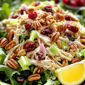 To make a tasty cranberry pecan chicken salad, gather these key ingredients: - 2 cups cooked chicken breast, shredded - 1/2 cup dried cranberries - 1/2 cup pecans, roughly chopped - 1/4 cup celery, finely sliced - 1/4 cup red onion, finely chopped - 1/2 cup Greek yogurt - 2 tablespoons Dijon mustard - 1 tablespoon honey - Salt and pepper to taste - 4 cups mixed greens (for serving) Each ingredient plays a role in flavor and texture. The chicken gives protein, while the cranberries add sweetness. The pecans bring crunch, and the celery and onion provide freshness. The Greek yogurt binds it all together, making it creamy and delicious. Each serving of this salad offers a good balance of nutrients. You get: - Calories: 320 - Protein: 30 grams - Carbohydrates: 22 grams - Fats: 15 grams This makes it a healthy meal option. It is rich in protein and low in carbs, perfect for lunch or dinner. Feel free to mix things up if you need to. Here are some substitutions: - Use rotisserie chicken instead of cooked chicken breast for ease. - Swap dried cranberries for raisins or cherries for a different flavor. - Try walnuts or almonds in place of pecans for a new texture. - Use plain yogurt if you prefer a lighter dressing. These swaps let you customize the salad to fit your taste or dietary needs. For the full recipe, you can check the section above. To make this salad, start with the chicken. I use two cups of cooked chicken breast. You can shred it with your hands or use two forks. In a large bowl, mix the chicken with half a cup of dried cranberries and half a cup of roughly chopped pecans. Next, you’ll need a quarter cup of finely sliced celery and a quarter cup of finely chopped red onion. Add these to your bowl and stir everything together. This mix is key for flavor and texture. The main technique here is mixing. Make sure to combine the chicken and veggies well. This helps every bite taste great. For the dressing, whisk together half a cup of Greek yogurt, two tablespoons of Dijon mustard, one tablespoon of honey, and a pinch of salt and pepper. Whisk until smooth and creamy. This dressing adds a nice tang and sweetness to the salad. For serving, you can use mixed greens. Place a handful on each plate. Then, add the chicken salad on top. You can also serve it in a sandwich or wrap. If you want to impress, garnish with extra pecans and cranberries. A lemon wedge on the side adds a nice touch and flavor. This recipe is simple yet full of taste. To see the full recipe, visit the recipe section above. To make the best cranberry pecan chicken salad, focus on fresh ingredients. Use cooked chicken that is juicy and tender. Diced celery adds a nice crunch. The dried cranberries bring sweetness, while the pecans add a lovely nutty flavor. Mix the Greek yogurt, Dijon mustard, and honey well for a creamy dressing. Taste before serving. Adjust salt and pepper as needed. A pinch of lemon juice can brighten the flavors. Store any leftovers in an airtight container. This keeps the salad fresh for up to three days. To avoid sogginess, keep the dressing separate until ready to eat. If you plan to eat it later, store the salad and greens apart. You can also refrigerate the chicken salad for a quick lunch option. One common mistake is over-mixing the salad. This can make the chicken mushy. Another mistake is using too much dressing, which can overwhelm the flavors. Make sure to chop the veggies evenly for balanced bites. Finally, don’t skip tasting the salad before serving. Adjustments can make a big difference in flavor. For the full recipe, check out the complete instructions. {{image_4}} You can change this salad with the seasons. In fall, try adding diced apples or pears. They add a nice crunch and sweetness. In summer, fresh berries work great. Blueberries or strawberries can brighten up the dish. You can also mix in some shredded carrots for extra color and nutrients. This recipe is easy to tweak for different diets. To make it gluten-free, ensure all your ingredients are gluten-free. Greek yogurt is often gluten-free, but check the label. For a low-carb option, skip the dried cranberries or use unsweetened ones. You can also swap the honey for a sugar-free sweetener. You can serve this salad in many fun ways. Scoop it into lettuce cups for a fresh wrap. This adds crunch and keeps it low-carb. You can also make a sandwich with whole-grain bread. For a lighter touch, put it on a bed of mixed greens. Another idea is to serve it as a dip with whole-grain crackers. Each option gives a new taste and look. For the full recipe, check the earlier section. After enjoying your Cranberry Pecan Chicken Salad, store any leftovers in an airtight container. This keeps the salad fresh and tasty. Place it in the fridge right away. It will stay good for about three days. When you want to eat it again, give it a stir to mix the flavors. You can freeze this chicken salad, but I recommend it for only a short time. Freeze it in a container that seals well. It can stay in the freezer for up to one month. To eat, thaw it in the fridge overnight. After thawing, the texture may change, so I suggest eating it fresh if possible. Knowing how long the ingredients last helps avoid waste. Cooked chicken can last about three to four days in the fridge. Dried cranberries can stay fresh for six months in the pantry. Pecans last about six months too, but keep them in the fridge for longer freshness. Greek yogurt generally lasts one to three weeks after opening, so check the date on the container. You can make this salad ahead of time. Simply prepare the salad base without the dressing. Store the chicken, cranberries, pecans, celery, and onion in an airtight container in the fridge. Mix the dressing separately. When ready to serve, combine them. This keeps the salad fresh and crunchy. Yes, you can use other nuts. Walnuts, almonds, or cashews work well too. Each nut adds a unique flavor and texture. Choose one that you like best. Toasting the nuts lightly can enhance their flavor. Just be careful not to burn them! You can add many fruits to this salad. Apples, grapes, or mandarin oranges are great options. They add sweetness and a nice crunch. Dried fruits like raisins or apricots also work well. Don’t be afraid to mix and match to find your favorite flavor combo! For the full recipe, check out the [Full Recipe]. Cranberry Pecan Chicken Salad is both tasty and simple to make. We covered the key ingredients, nutrition facts, and substitutions to suit your needs. Next, we detailed step-by-step cooking instructions and serving suggestions. I shared tips to ensure freshness and avoid common mistakes. For variety, we explored seasonal options and dietary adjustments. Lastly, we discussed storage methods and answered typical questions. Try this salad for a quick meal or a gathering. Enjoy your journey to deliciousness!