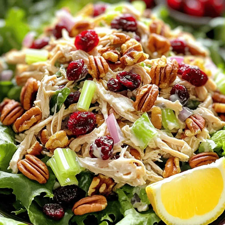 To make a tasty cranberry pecan chicken salad, gather these key ingredients: - 2 cups cooked chicken breast, shredded - 1/2 cup dried cranberries - 1/2 cup pecans, roughly chopped - 1/4 cup celery, finely sliced - 1/4 cup red onion, finely chopped - 1/2 cup Greek yogurt - 2 tablespoons Dijon mustard - 1 tablespoon honey - Salt and pepper to taste - 4 cups mixed greens (for serving) Each ingredient plays a role in flavor and texture. The chicken gives protein, while the cranberries add sweetness. The pecans bring crunch, and the celery and onion provide freshness. The Greek yogurt binds it all together, making it creamy and delicious. Each serving of this salad offers a good balance of nutrients. You get: - Calories: 320 - Protein: 30 grams - Carbohydrates: 22 grams - Fats: 15 grams This makes it a healthy meal option. It is rich in protein and low in carbs, perfect for lunch or dinner. Feel free to mix things up if you need to. Here are some substitutions: - Use rotisserie chicken instead of cooked chicken breast for ease. - Swap dried cranberries for raisins or cherries for a different flavor. - Try walnuts or almonds in place of pecans for a new texture. - Use plain yogurt if you prefer a lighter dressing. These swaps let you customize the salad to fit your taste or dietary needs. For the full recipe, you can check the section above. To make this salad, start with the chicken. I use two cups of cooked chicken breast. You can shred it with your hands or use two forks. In a large bowl, mix the chicken with half a cup of dried cranberries and half a cup of roughly chopped pecans. Next, you’ll need a quarter cup of finely sliced celery and a quarter cup of finely chopped red onion. Add these to your bowl and stir everything together. This mix is key for flavor and texture. The main technique here is mixing. Make sure to combine the chicken and veggies well. This helps every bite taste great. For the dressing, whisk together half a cup of Greek yogurt, two tablespoons of Dijon mustard, one tablespoon of honey, and a pinch of salt and pepper. Whisk until smooth and creamy. This dressing adds a nice tang and sweetness to the salad. For serving, you can use mixed greens. Place a handful on each plate. Then, add the chicken salad on top. You can also serve it in a sandwich or wrap. If you want to impress, garnish with extra pecans and cranberries. A lemon wedge on the side adds a nice touch and flavor. This recipe is simple yet full of taste. To see the full recipe, visit the recipe section above. To make the best cranberry pecan chicken salad, focus on fresh ingredients. Use cooked chicken that is juicy and tender. Diced celery adds a nice crunch. The dried cranberries bring sweetness, while the pecans add a lovely nutty flavor. Mix the Greek yogurt, Dijon mustard, and honey well for a creamy dressing. Taste before serving. Adjust salt and pepper as needed. A pinch of lemon juice can brighten the flavors. Store any leftovers in an airtight container. This keeps the salad fresh for up to three days. To avoid sogginess, keep the dressing separate until ready to eat. If you plan to eat it later, store the salad and greens apart. You can also refrigerate the chicken salad for a quick lunch option. One common mistake is over-mixing the salad. This can make the chicken mushy. Another mistake is using too much dressing, which can overwhelm the flavors. Make sure to chop the veggies evenly for balanced bites. Finally, don’t skip tasting the salad before serving. Adjustments can make a big difference in flavor. For the full recipe, check out the complete instructions. {{image_4}} You can change this salad with the seasons. In fall, try adding diced apples or pears. They add a nice crunch and sweetness. In summer, fresh berries work great. Blueberries or strawberries can brighten up the dish. You can also mix in some shredded carrots for extra color and nutrients. This recipe is easy to tweak for different diets. To make it gluten-free, ensure all your ingredients are gluten-free. Greek yogurt is often gluten-free, but check the label. For a low-carb option, skip the dried cranberries or use unsweetened ones. You can also swap the honey for a sugar-free sweetener. You can serve this salad in many fun ways. Scoop it into lettuce cups for a fresh wrap. This adds crunch and keeps it low-carb. You can also make a sandwich with whole-grain bread. For a lighter touch, put it on a bed of mixed greens. Another idea is to serve it as a dip with whole-grain crackers. Each option gives a new taste and look. For the full recipe, check the earlier section. After enjoying your Cranberry Pecan Chicken Salad, store any leftovers in an airtight container. This keeps the salad fresh and tasty. Place it in the fridge right away. It will stay good for about three days. When you want to eat it again, give it a stir to mix the flavors. You can freeze this chicken salad, but I recommend it for only a short time. Freeze it in a container that seals well. It can stay in the freezer for up to one month. To eat, thaw it in the fridge overnight. After thawing, the texture may change, so I suggest eating it fresh if possible. Knowing how long the ingredients last helps avoid waste. Cooked chicken can last about three to four days in the fridge. Dried cranberries can stay fresh for six months in the pantry. Pecans last about six months too, but keep them in the fridge for longer freshness. Greek yogurt generally lasts one to three weeks after opening, so check the date on the container. You can make this salad ahead of time. Simply prepare the salad base without the dressing. Store the chicken, cranberries, pecans, celery, and onion in an airtight container in the fridge. Mix the dressing separately. When ready to serve, combine them. This keeps the salad fresh and crunchy. Yes, you can use other nuts. Walnuts, almonds, or cashews work well too. Each nut adds a unique flavor and texture. Choose one that you like best. Toasting the nuts lightly can enhance their flavor. Just be careful not to burn them! You can add many fruits to this salad. Apples, grapes, or mandarin oranges are great options. They add sweetness and a nice crunch. Dried fruits like raisins or apricots also work well. Don’t be afraid to mix and match to find your favorite flavor combo! For the full recipe, check out the [Full Recipe]. Cranberry Pecan Chicken Salad is both tasty and simple to make. We covered the key ingredients, nutrition facts, and substitutions to suit your needs. Next, we detailed step-by-step cooking instructions and serving suggestions. I shared tips to ensure freshness and avoid common mistakes. For variety, we explored seasonal options and dietary adjustments. Lastly, we discussed storage methods and answered typical questions. Try this salad for a quick meal or a gathering. Enjoy your journey to deliciousness!