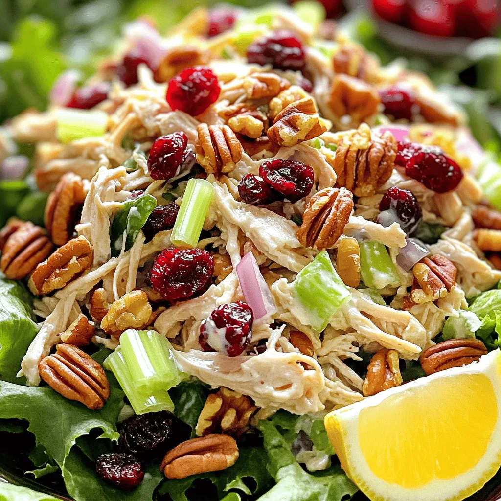 To make a tasty cranberry pecan chicken salad, gather these key ingredients: - 2 cups cooked chicken breast, shredded - 1/2 cup dried cranberries - 1/2 cup pecans, roughly chopped - 1/4 cup celery, finely sliced - 1/4 cup red onion, finely chopped - 1/2 cup Greek yogurt - 2 tablespoons Dijon mustard - 1 tablespoon honey - Salt and pepper to taste - 4 cups mixed greens (for serving) Each ingredient plays a role in flavor and texture. The chicken gives protein, while the cranberries add sweetness. The pecans bring crunch, and the celery and onion provide freshness. The Greek yogurt binds it all together, making it creamy and delicious. Each serving of this salad offers a good balance of nutrients. You get: - Calories: 320 - Protein: 30 grams - Carbohydrates: 22 grams - Fats: 15 grams This makes it a healthy meal option. It is rich in protein and low in carbs, perfect for lunch or dinner. Feel free to mix things up if you need to. Here are some substitutions: - Use rotisserie chicken instead of cooked chicken breast for ease. - Swap dried cranberries for raisins or cherries for a different flavor. - Try walnuts or almonds in place of pecans for a new texture. - Use plain yogurt if you prefer a lighter dressing. These swaps let you customize the salad to fit your taste or dietary needs. For the full recipe, you can check the section above. To make this salad, start with the chicken. I use two cups of cooked chicken breast. You can shred it with your hands or use two forks. In a large bowl, mix the chicken with half a cup of dried cranberries and half a cup of roughly chopped pecans. Next, you’ll need a quarter cup of finely sliced celery and a quarter cup of finely chopped red onion. Add these to your bowl and stir everything together. This mix is key for flavor and texture. The main technique here is mixing. Make sure to combine the chicken and veggies well. This helps every bite taste great. For the dressing, whisk together half a cup of Greek yogurt, two tablespoons of Dijon mustard, one tablespoon of honey, and a pinch of salt and pepper. Whisk until smooth and creamy. This dressing adds a nice tang and sweetness to the salad. For serving, you can use mixed greens. Place a handful on each plate. Then, add the chicken salad on top. You can also serve it in a sandwich or wrap. If you want to impress, garnish with extra pecans and cranberries. A lemon wedge on the side adds a nice touch and flavor. This recipe is simple yet full of taste. To see the full recipe, visit the recipe section above. To make the best cranberry pecan chicken salad, focus on fresh ingredients. Use cooked chicken that is juicy and tender. Diced celery adds a nice crunch. The dried cranberries bring sweetness, while the pecans add a lovely nutty flavor. Mix the Greek yogurt, Dijon mustard, and honey well for a creamy dressing. Taste before serving. Adjust salt and pepper as needed. A pinch of lemon juice can brighten the flavors. Store any leftovers in an airtight container. This keeps the salad fresh for up to three days. To avoid sogginess, keep the dressing separate until ready to eat. If you plan to eat it later, store the salad and greens apart. You can also refrigerate the chicken salad for a quick lunch option. One common mistake is over-mixing the salad. This can make the chicken mushy. Another mistake is using too much dressing, which can overwhelm the flavors. Make sure to chop the veggies evenly for balanced bites. Finally, don’t skip tasting the salad before serving. Adjustments can make a big difference in flavor. For the full recipe, check out the complete instructions. {{image_4}} You can change this salad with the seasons. In fall, try adding diced apples or pears. They add a nice crunch and sweetness. In summer, fresh berries work great. Blueberries or strawberries can brighten up the dish. You can also mix in some shredded carrots for extra color and nutrients. This recipe is easy to tweak for different diets. To make it gluten-free, ensure all your ingredients are gluten-free. Greek yogurt is often gluten-free, but check the label. For a low-carb option, skip the dried cranberries or use unsweetened ones. You can also swap the honey for a sugar-free sweetener. You can serve this salad in many fun ways. Scoop it into lettuce cups for a fresh wrap. This adds crunch and keeps it low-carb. You can also make a sandwich with whole-grain bread. For a lighter touch, put it on a bed of mixed greens. Another idea is to serve it as a dip with whole-grain crackers. Each option gives a new taste and look. For the full recipe, check the earlier section. After enjoying your Cranberry Pecan Chicken Salad, store any leftovers in an airtight container. This keeps the salad fresh and tasty. Place it in the fridge right away. It will stay good for about three days. When you want to eat it again, give it a stir to mix the flavors. You can freeze this chicken salad, but I recommend it for only a short time. Freeze it in a container that seals well. It can stay in the freezer for up to one month. To eat, thaw it in the fridge overnight. After thawing, the texture may change, so I suggest eating it fresh if possible. Knowing how long the ingredients last helps avoid waste. Cooked chicken can last about three to four days in the fridge. Dried cranberries can stay fresh for six months in the pantry. Pecans last about six months too, but keep them in the fridge for longer freshness. Greek yogurt generally lasts one to three weeks after opening, so check the date on the container. You can make this salad ahead of time. Simply prepare the salad base without the dressing. Store the chicken, cranberries, pecans, celery, and onion in an airtight container in the fridge. Mix the dressing separately. When ready to serve, combine them. This keeps the salad fresh and crunchy. Yes, you can use other nuts. Walnuts, almonds, or cashews work well too. Each nut adds a unique flavor and texture. Choose one that you like best. Toasting the nuts lightly can enhance their flavor. Just be careful not to burn them! You can add many fruits to this salad. Apples, grapes, or mandarin oranges are great options. They add sweetness and a nice crunch. Dried fruits like raisins or apricots also work well. Don’t be afraid to mix and match to find your favorite flavor combo! For the full recipe, check out the [Full Recipe]. Cranberry Pecan Chicken Salad is both tasty and simple to make. We covered the key ingredients, nutrition facts, and substitutions to suit your needs. Next, we detailed step-by-step cooking instructions and serving suggestions. I shared tips to ensure freshness and avoid common mistakes. For variety, we explored seasonal options and dietary adjustments. Lastly, we discussed storage methods and answered typical questions. Try this salad for a quick meal or a gathering. Enjoy your journey to deliciousness!