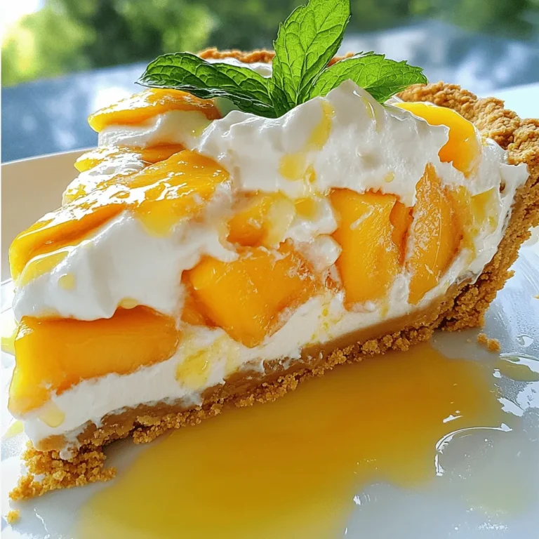 - 2 cups fresh peaches, peeled and elegantly sliced - 1 cup heavy cream, chilled - 1 cup cream cheese, softened to room temperature - 1/2 cup powdered sugar, sifted - 1 teaspoon pure vanilla extract - 1 pre-made graham cracker pie crust - 1 tablespoon freshly squeezed lemon juice - 1 tablespoon cornstarch You need fresh peaches for this pie. They bring sweetness and flavor. Choose ripe peaches with nice color. The heavy cream gives a rich texture. It whips up to a light and fluffy state. Cream cheese makes the pie creamy and smooth. Powdered sugar adds sweetness without grittiness. Vanilla extract gives a lovely aroma and taste. The graham cracker pie crust serves as a perfect base. It adds crunch and flavor. Lemon juice brightens the peaches. Cornstarch thickens the peach filling. This step keeps the pie from being too runny. - Fresh mint leaves - Whipped cream Garnishes make the pie look fancy and fun. Fresh mint leaves add color and a fresh taste. Whipped cream gives extra sweetness and creaminess. You can add these right before serving. They make your Peachy Paradise Cream Pie even more delightful. For the full recipe, check out the Peachy Paradise Cream Pie 🥧. First, slice your fresh peaches and place them in a medium bowl. Toss the peaches with one tablespoon of lemon juice and one tablespoon of cornstarch. This combination helps thicken the juices and adds a bright flavor. Let the peach mixture sit for a few minutes. This allows the flavors to mix perfectly. Next, grab a large mixing bowl. Pour in one cup of chilled heavy cream. Use a whisk or an electric mixer to whip the cream. Whip until you see soft peaks forming. This should take about three minutes. Then, slowly add half a cup of sifted powdered sugar and one teaspoon of vanilla extract. Keep whipping until you reach medium peaks. The cream should be fluffy and light. In another bowl, beat one cup of softened cream cheese. Mix until it’s smooth and creamy, with no lumps. Now, gently fold in the whipped cream. Use a rubber spatula for this step. Be careful not to deflate the cream. You want to keep the mixture light and airy. Take your pre-made graham cracker pie crust. Spoon the peach mixture into the crust, spreading it evenly. This creates a nice base for the pie. Next, pour the cream cheese mixture over the peaches. Use a spatula to smooth the top. Make sure it looks neat and inviting. Cover the pie with plastic wrap. Place it in the refrigerator for at least four hours. This chilling time is key for the pie to set properly. When you are ready to serve, slice the pie carefully. Use chilled dessert plates for a lovely presentation. Drizzle some peach juice from the filling around each slice for color. Top each piece with a dollop of whipped cream. You can also add fresh mint leaves for a pop of color. Enjoy your Peach Cream Pie Delight! For the full recipe, please refer to the earlier section. To find ripe peaches, look for these signs: - The skin should be slightly soft. - The color should be vibrant, with a hint of blush. - A sweet scent indicates good flavor. If fresh peaches are not available, you can use canned or frozen peaches. Drain canned peaches well to avoid excess liquid. For frozen peaches, thaw and pat them dry before using. This keeps your pie from becoming soggy. You can prepare the pie in advance. Make it a day before serving. This allows flavors to meld beautifully. Just store it in the fridge, covered with plastic wrap. For storing leftovers, keep the pie in the fridge. Use an airtight container to maintain freshness. The pie should stay good for about three days. To add extra flavor, consider these options: - Mix in a pinch of cinnamon for warmth. - Add a splash of almond extract for a nutty twist. Pairing ideas include serving the pie with vanilla ice cream or whipped cream. Fresh berries on the side also add a lovely touch. Enjoy experimenting with these ideas for your Peach Cream Pie Delight! {{image_4}} You can make your Peach Cream Pie even better! Try adding fresh berries, like blueberries or raspberries. They add a nice tartness and bright color. You can also mix in other fruits, like strawberries or mango. This gives a fun twist to the classic peach flavor. Want to spice things up? Consider adding a pinch of cinnamon or nutmeg. These spices bring warmth and depth to your pie. Just a little can elevate the taste. Experimenting with flavors keeps your pie exciting and fresh every time you make it! The crust makes a big difference in your pie. The traditional graham cracker crust is sweet and easy to work with. However, if you want a different texture, use a traditional pie crust. A flaky crust adds a nice crunch and goes well with the creamy filling. If you need a gluten-free option, try a crushed almond or coconut crust. These alternatives give a unique flavor and are often healthier. You can also use gluten-free graham crackers if you prefer that style. Choose what suits your diet and taste best! Cream cheese gives your pie a rich and creamy texture. But if you're looking for alternatives, you have options! Non-dairy cream cheese works well for a vegan version. It has a similar taste and texture, making it a great swap. Another idea is to use Greek yogurt. It adds a lighter feel to your pie and is full of protein. Just remember to use plain Greek yogurt to keep the taste balanced. These substitutes allow everyone to enjoy the pie, no matter their dietary needs! For the complete recipe, check out the Full Recipe mentioned earlier in this article. To keep your Peachy Paradise Cream Pie fresh, always store it in the fridge. Wrap the pie tightly in plastic wrap. This helps keep air out and prevents drying. The pie stays tasty for about 3 to 4 days in the refrigerator. If you want to enjoy it later, freezing is a great option. If you have leftovers, you can freeze them. First, slice the pie into pieces. Wrap each slice in plastic wrap, then place them in a freezer-safe bag. This keeps the pie fresh and prevents freezer burn. To thaw, move the slices to the fridge for a few hours. This method keeps the texture nice and creamy. Check your pie for signs of spoilage. If you see mold or it smells off, do not eat it. The cream may separate or the peaches can become mushy. Always trust your senses. When in doubt, throw it out. Safe consumption is key to enjoying this delicious treat! The peach cream pie needs to chill for at least 4 hours. This time helps the filling set well. I recommend chilling it overnight for the best results. A longer chilling time allows the flavors to blend perfectly. Yes, you can use frozen peaches! Thaw them first and drain excess juice. This step helps keep the pie from getting too soggy. If using frozen peaches, adjust the cornstarch slightly for the extra moisture. To make this pie vegan, you can use non-dairy cream cheese and whipped coconut cream. These swaps still give a creamy texture. Use maple syrup instead of powdered sugar for sweetness. These changes keep the delicious flavor while making it vegan-friendly. Serve peach cream pie chilled on dessert plates. You can add a dollop of whipped cream on each slice. Drizzle some peach juice around the pie for a pretty touch. This adds extra flavor and makes the pie look fancy for gatherings. In this blog post, we explored how to make a delicious Peachy Paradise Cream Pie. We covered the main ingredients and optional garnishes, and then walked through each step to create this dessert. You learned tips for selecting ripe peaches, storing leftovers, and making variations to suit your taste. This pie is simple yet flavorful. Experimenting with different fruits or crusts allows for creative choices. Enjoy this sweet treat at your next gathering, and let the fresh flavors shine!