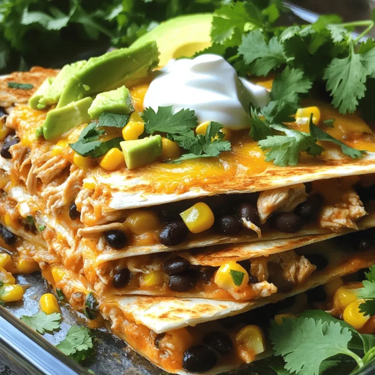 - 2 cups cooked chicken, shredded - 1 cup black beans, rinsed and drained - 1 cup corn kernels (fresh or frozen) - 2 cups shredded Mexican cheese blend - 1 cup salsa (mild or spicy) - 8 large flour tortillas - 1 teaspoon ground cumin - 1 teaspoon chili powder - 1/2 teaspoon garlic powder - 1/2 teaspoon onion powder - Salt and pepper, to taste - 1/4 cup fresh cilantro, chopped - Sour cream and diced avocado for serving When I prepare this Chicken and Cheese Quesadilla Casserole, I love the bold flavors in every bite. The main ingredients create a hearty meal that feels special. Shredded chicken adds protein, while black beans and corn give it a nice texture. The Mexican cheese blend brings everything together with its melty goodness. I often choose salsa based on my mood. A mild salsa suits those who prefer less heat, while a spicy option adds an exciting kick. The seasonings are key to making this dish flavorful. Ground cumin and chili powder add warmth and depth. Garlic and onion powders give it that savory touch. Don’t forget to season with salt and pepper to elevate the taste. For garnishes, fresh cilantro brightens the dish. I like to add a dollop of sour cream and diced avocado on the side. They balance the flavors and add a creamy texture. This meal is so satisfying, and you can find the full recipe to make it yourself! - Preheat the oven to 350°F (175°C). - In a large bowl, mix the chicken, black beans, corn, cheese, salsa, cumin, chili powder, garlic powder, onion powder, salt, and pepper. Stir well until all ingredients are combined. - Grease a 9x13 inch baking dish with cooking spray or olive oil. - Place one tortilla at the bottom of the dish. Spoon some of the chicken and cheese mixture on top. Add another tortilla and repeat this layering. Finish with a tortilla and sprinkle remaining cheese on top. - Cover the dish with foil. Bake for 20 minutes. - After 20 minutes, remove the foil. Bake again for 10-15 minutes, until the top is golden and bubbling. For the full recipe, check out the detailed ingredients and tips! To boost the taste, pick a salsa that fits your spice level. For a kick, go for spicy salsa. If you prefer mild, a smooth, mild salsa works well. You can also mix salsas for layered flavors. For cheese, try different blends. While a Mexican cheese blend is great, cheddar or pepper jack adds unique taste. Mixing cheeses can create a delightful texture and flavor. Letting your casserole rest is key. This step helps the layers set. Cutting too soon can cause a messy serving. Wait about 5 minutes for the best results. To get a perfectly melted cheese crust, cover with foil while baking. Remove the foil near the end to let the cheese brown. This creates a crunchy top that contrasts the soft filling. Serving on colorful plates makes a big difference. Bright colors enhance the meal's appeal. After cutting the casserole, place each piece on a vibrant dish. For garnishing, fresh cilantro adds a pop of green. Diced avocado gives a creamy touch. A dollop of sour cream on the side adds a lovely finish. Try these tips for a beautiful and tasty presentation! For the full recipe, refer to [Full Recipe]. {{image_4}} You can easily make this dish fit your taste. For a vegetarian twist, try adding more veggies. Bell peppers, zucchini, or spinach work great. They add color and nutrients. You still get a hearty meal without meat. If you want more protein, use ground beef or turkey instead of chicken. Cook the meat first, then mix it into the filling. This change adds a different flavor. It's a fun way to switch things up! Cheese makes this casserole even better. While I love using a Mexican cheese blend, feel free to change it. Cheddar adds a sharp taste. Pepper jack gives a spicy kick. You can even mix different types for a rich flavor. Try combining mozzarella for creaminess and a touch of parmesan for depth. These options create layers of taste. The cheese pulls are so satisfying! You can adapt this recipe to a slow cooker. Just layer the ingredients as you would in the oven. Set it on low for about 4 hours. This method yields a warm, hearty casserole with a different texture. If you own an Instant Pot, you're in luck! Use the sauté function to cook your meat and veggies. Then add the rest of the ingredients. Seal the lid and cook on high pressure for 10 minutes. Quick and easy, this method saves time without losing flavor. For more details, check out the Full Recipe! To keep your Chicken and Cheese Quesadilla Casserole fresh, store it properly. First, let it cool down to room temperature. Then, place the leftovers in an airtight container. This helps lock in moisture and flavor. Use shallow containers for quicker cooling. I recommend glass or sturdy plastic containers. These work well for storage and reheating. You can freeze this casserole before or after baking. For freezing before baking, assemble the casserole in a freezer-safe dish. Cover it tightly with plastic wrap and aluminum foil. When you're ready to bake it, remove the wrap, and bake from frozen. It may take longer to cook. For freezing after baking, let it cool, then slice it into portions. Wrap each slice in plastic wrap and place in a freezer bag. For the best results, consume it within three months. Leftovers can last in the fridge for about 3-4 days. Always check for signs of spoilage before eating. Look for changes in color or texture. If it smells off, it’s best to discard it. When stored properly, frozen portions can stay safe for about three months. Always label the containers with the date for easy tracking. This way, you can enjoy your delicious casserole without worries. You can use low-carb tortillas if you want fewer carbs. Corn tortillas are also a great option. They add a nice flavor and texture to the dish. Yes, you can prep this casserole in advance. Just assemble it and cover it tightly. Store it in the fridge for up to 24 hours. When you are ready to bake, just add extra time if it's cold from the fridge. Look for bubbling cheese and a golden crust on top. You can also insert a knife in the center. If it comes out hot, the casserole is ready to serve. This blog post guides you through making a delicious chicken casserole. We covered the main ingredients, seasonings, and the steps to prepare and bake your dish. I shared tips and tricks for perfect results and ideas for variations based on your taste. Remember, cooking is about creativity. Don't hesitate to make this recipe your own! Enjoy the process, and savor every bite. Happy cooking!