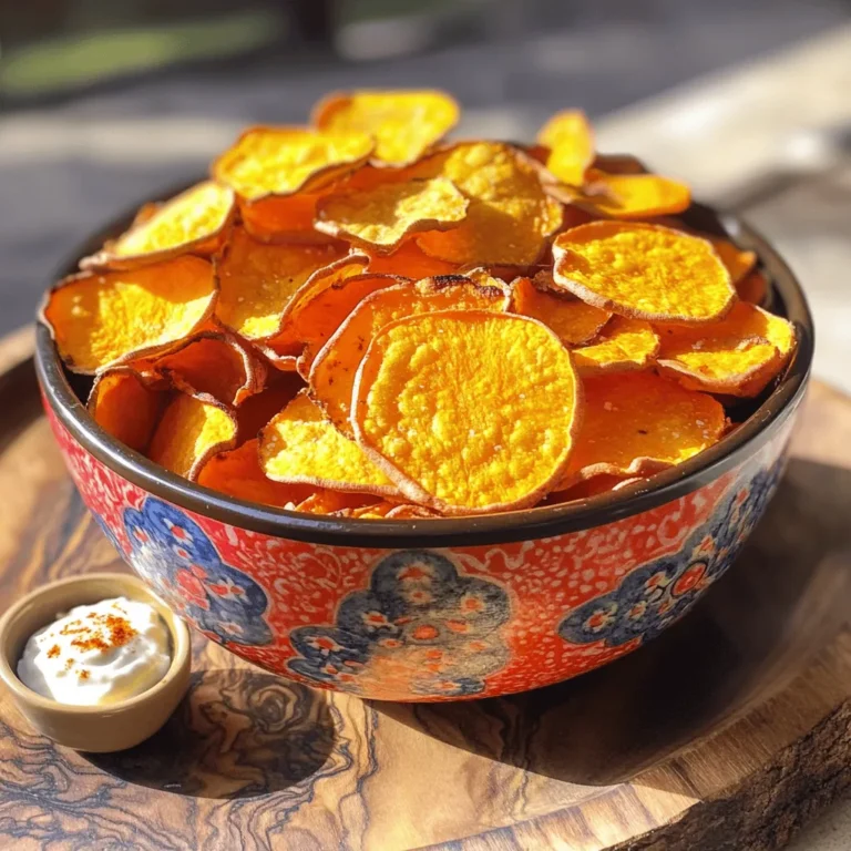 - 2 medium sweet potatoes - 2 tablespoons olive oil - 1 teaspoon garlic powder - 1 teaspoon smoked paprika - Salt and pepper to taste - Optional: ½ teaspoon chili powder for added spice Gather these ingredients before you start. Sweet potatoes are the star of this dish. They bring a natural sweetness and a vibrant color to your snack. Olive oil helps the chips crisp up nicely. Garlic powder and smoked paprika add a rich, savory flavor. You can adjust the salt and pepper to fit your taste. If you like heat, the optional chili powder is a great choice. For the best results, pick sweet potatoes that are firm and smooth. Avoid any with soft spots or blemishes. You will use these ingredients to create a crunchy and flavorful snack. Check the Full Recipe for detailed instructions on how to make these tasty sweet potato chips. First, wash and scrub the sweet potatoes under cool running water. This step removes dirt and ensures a clean snack. After washing, dry them with a towel completely. Next, slice the sweet potatoes. You can use a sharp knife or a mandoline slicer. A mandoline helps you cut them evenly and thinly. Aim for about 1/8 inch thick. This thickness helps them get crispy in the air fryer. In a large bowl, combine sweet potato slices with olive oil, garlic powder, smoked paprika, salt, and pepper. Mix gently but well. You want every slice to be coated evenly with the seasoning. This step gives your chips the best flavor. Preheat your air fryer to 375°F (190°C) for about 5 minutes. This step is key to getting a nice crunch on your chips. After preheating, arrange the sweet potato slices in a single layer in the fryer basket. Do not overcrowd the basket. This helps them cook evenly and stay crispy. Cook the sweet potato chips for 12 to 15 minutes. Halfway through, give the basket a gentle shake. This helps the chips cook evenly. Keep an eye on them. In the last few minutes, they can go from perfectly crisp to burnt very quickly. Once they are done, take them out and let them cool for a few minutes. They will continue to crisp up as they cool. If you like some heat, sprinkle the optional chili powder on top before serving. For the Full Recipe, you can reference the detailed ingredients and instructions provided. To get the crunch you crave, slice your sweet potatoes evenly. Aim for about 1/8 inch thick. If you cut them too thick, they won't crisp well. If they are too thin, they may burn. For perfect chips, air fry them for 12 to 15 minutes, depending on thickness. Keep an eye on them, especially in the last few minutes. Add more flavor to your chips by trying different spices. Consider using herbs like rosemary or thyme. If you want heat, sprinkle some chili powder on top. For dips, serve them with garlic aioli or creamy guacamole. These pairings will elevate your snack and make it even more enjoyable. After cooking, clean your air fryer basket right away. This helps prevent food from sticking later. Use warm, soapy water and a soft sponge. Rinse it well and dry it before storing. To keep it in great shape, avoid using metal utensils that can scratch the surface. Regular care will ensure your air fryer lasts longer. {{image_4}} You can change the flavors of your sweet potato chips easily. For a sweet twist, try cinnamon sugar. Mix sugar with cinnamon and sprinkle it on the warm chips. This will give you a treat that feels like dessert. For something savory, consider Italian seasoning or ranch powder. These spices add a nice touch to your chips. Just sprinkle them on before air frying. You can also mix and match these flavors for fun combinations. Sweet potatoes are great, but you can try other root veggies too. Beets and parsnips work well. They each bring their own unique flavor. Just remember, cooking times may change. Beets may take a bit longer to crisp up. Keep an eye on them while cooking to avoid burning. If you want to try something different, you can bake sweet potato chips in the oven. Preheat your oven to 400°F (200°C). Spread the slices on a baking sheet with some oil and seasoning. Bake for about 20 to 25 minutes. While oven-baked chips can be good, air frying gives you a better crunch. Air fryers cook faster and use less oil. This makes them a healthier option. If you want the best results, I recommend sticking with the air fryer for these chips. For the full recipe, check out the details and enjoy your crispy treats! To keep your sweet potato chips fresh, store them in an airtight container. This prevents moisture from making them soft. You can keep them at room temperature for about two days. If you want them to last longer, put them in the fridge. They stay fresh for about a week in the fridge. When you're ready to enjoy your leftover chips, the best method is to use the air fryer again. Set it at 350°F (175°C) and heat them for about 3 to 5 minutes. This helps restore their crunch. Avoid using the microwave, as it can make them soggy. If you follow these tips, your chips will taste just as good as when they were fresh. Yes, you can use other oils. Here are some great options for flavor and health: - Coconut Oil: Adds a sweet, tropical flavor. - Avocado Oil: High smoke point and mild taste. - Grapeseed Oil: Light flavor and good for high heat. - Sunflower Oil: Neutral taste, great for seasoning. Each oil brings its unique taste to your sweet potato chips. Choose what you enjoy most! Look for these signs to know your chips are perfect: - Color: They should be a nice golden brown. - Texture: Firm and crispy, not soft or chewy. - Sound: When you tap them, they should make a crunchy sound. These signs help you achieve that perfect crunch! Soggy chips can happen for a few reasons. Here are common causes and fixes: - Too Much Oil: Use just enough oil to coat the slices lightly. - Overcrowding the Basket: Arrange chips in a single layer for even cooking. - Slice Thickness: Make sure your slices are uniform (about 1/8 inch). Fix soggy chips by air frying them a bit longer. This will help them crisp up! Yes, you can! Here’s how to make crispy chips in a regular oven: 1. Preheat the Oven: Set it to 400°F (200°C). 2. Arrange Chips: Spread the sweet potato slices on a baking sheet. 3. Bake: Cook for 20-25 minutes, flipping halfway through. Oven-baked chips may take a bit longer but will still be tasty! For the full recipe with detailed steps, check out the [Full Recipe](#). Enjoy making your air fryer sweet potato chips! You now know how to make tasty sweet potato chips with an air fryer. We covered the needed ingredients, proper preparation, and seasoning. I shared tips for perfect crispiness and suggested flavor boosts. I also explored storage and reheating methods to keep your chips fresh. Try different seasonings and root veggies for variety. Enjoy the fun of making your own snacks!