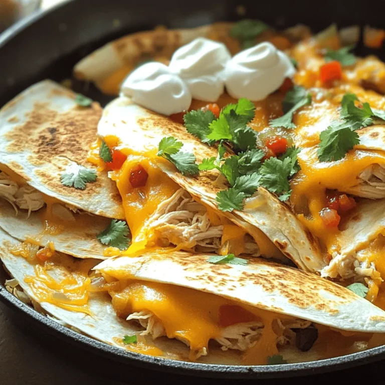 - 2 cups cooked chicken, shredded - 1 cup shredded cheddar cheese - 1 cup shredded Monterey Jack cheese - 4 large flour tortillas - 1 small onion, diced - 1 bell pepper, diced - 2 tablespoons olive oil - 1 teaspoon ground cumin - 1 teaspoon smoked paprika - ½ teaspoon garlic powder - Salt and black pepper to taste - Fresh cilantro, chopped - Sour cream - Salsa To make the Chicken and Cheese Quesadilla Skillet, gather these simple ingredients. The chicken gives it a hearty base. Cheese adds that melty goodness we all love. Using flour tortillas helps hold everything together. You can pick your favorite bell pepper color to add a pop of brightness. The spices elevate the flavor. Ground cumin offers a warm, earthy taste. Smoked paprika adds a hint of smokiness. Garlic powder gives a nice kick. Don’t forget the salt and black pepper to enhance all the flavors. Finally, for garnishes, fresh cilantro provides a burst of freshness. Serving it with sour cream and salsa makes each bite even better. You can find the full recipe at the beginning of this article. Enjoy your cooking! - Heat the skillet with olive oil - Add diced onion and bell pepper First, grab a large skillet and set it over medium heat. Pour in two tablespoons of olive oil and let it warm up. You want the oil to shimmer, which shows it's ready. Next, toss in the diced onion and bell pepper. Sauté them for about five minutes. Stir occasionally until they are soft and fragrant. This step builds a great flavor base for your quesadilla. - Mix in shredded chicken - Season with spices and cook until heated Now it's time to add the star of our dish: shredded chicken. Stir it in with the veggies. Sprinkle in one teaspoon of ground cumin, one teaspoon of smoked paprika, and half a teaspoon of garlic powder. Add salt and black pepper to taste. This mix brings out all the flavors. Cook everything for another three to five minutes. You want the chicken to heat up and soak in those tasty spices. - Distribute cheese and layer tortillas - Cover and cook until golden brown, flipping carefully Next, lower the heat to a gentle simmer. Grab half of your shredded cheddar and Monterey Jack cheese. Spread it evenly over the chicken and veggies. Place two tortillas on top, pushing them down gently. Now, add the rest of the cheese, followed by the other two tortillas. Cover the skillet with a lid and let it cook for four to five minutes. This will make the bottom crispy and let the cheese melt. When the bottom turns golden brown, carefully flip the quesadilla with a spatula. Cook for another four to five minutes until the second side is also golden and the cheese is gooey. For the complete recipe, check out the Full Recipe section! To get crispy tortillas, heat your skillet well. Use medium heat and add enough olive oil. Let the oil shimmer before adding your tortillas. Cook until golden brown on each side, about 4-5 minutes. For gooey cheese, use a mix of cheddar and Monterey Jack. These cheeses melt nicely together. Layer the cheese between tortillas and cover the skillet. This helps the cheese melt evenly and creates a delicious pull when you slice. To boost flavors, add spices like chili powder or cayenne pepper. These spices add a nice kick. You can also mix in fresh herbs, such as cilantro or parsley, for freshness. Pair your quesadilla with sides like guacamole or pico de gallo. These add extra flavor and texture. A squeeze of lime juice brightens up the dish too. For the best results, use a non-stick skillet. This helps avoid sticking and makes flipping easier. Cast iron skillets are also great for even heat. Use a wide spatula for flipping the quesadilla. This helps keep it intact. A pizza cutter is perfect for slicing your quesadilla into wedges. For the full recipe, check out the detailed instructions above. {{image_4}} You can easily change up the protein in your quesadilla. If you want beef, use ground beef or steak strips. For a seafood twist, shrimp works great too. If you're feeling vegetarian, try black beans or mushrooms. These options keep the dish fresh and fun. Want more heat? Add sliced jalapeños or diced green chilies to bring spice. You can also change the cheese for different flavors. Try pepper jack for a kick or gouda for a smokier taste. Mixing cheeses adds depth and makes every bite exciting. You can serve quesadillas in stacks or as traditional wedges. Stacking them makes a fun dinner party dish. For dips, consider guacamole, ranch, or a zesty salsa. These enhance the meal and let everyone personalize their bites. Enjoy exploring these variations while making your own Chicken and Cheese Quesadilla Skillet Delight! For the full recipe, check out the [Full Recipe]. To store leftovers, let your quesadilla cool first. Then, wrap each piece tightly in plastic wrap. This keeps them fresh. Place the wrapped quesadillas in an airtight container. I recommend using glass or BPA-free plastic containers for safety. They can last in the fridge for about three days. For reheating quesadillas, the best method is using a skillet. Heat your skillet over medium heat. Place the quesadilla in the skillet and cover it with a lid. This will help the cheese melt evenly. You can also use an oven at 350°F (175°C) for about 10 minutes. This keeps the tortilla crispy. Avoid using a microwave, as it can make the quesadilla soggy. To freeze leftovers, wrap each quesadilla in plastic wrap. Then, place them in a freezer-safe bag or container. Make sure to remove as much air as possible. They can stay frozen for up to three months. When you are ready to eat, thaw them in the fridge overnight. Reheat as mentioned before to enjoy a tasty meal again. Making a Chicken and Cheese Quesadilla Skillet is quick and easy. It takes about 10 minutes to prep and around 20 minutes to cook. In total, you can enjoy this dish in about 30 minutes. Yes, you can make this dish gluten-free. Simply swap the flour tortillas for corn tortillas or gluten-free tortillas. Both options work well and keep the flavors intact. For sides, I suggest fresh guacamole, a light salad, or refried beans. These add a nice touch to your meal. For drinks, a cold lemonade or a light beer works well with the flavors. You could also try a refreshing iced tea. This blog post covered everything you need for a tasty Chicken and Cheese Quesadilla Skillet. I shared the key ingredients, step-by-step cooking tips, and even fun variations. Remember to store leftovers well and try reheating them for that crunch. With these tips, you can enjoy a delicious meal anytime. Experiment and make it your own! Make cooking fun and tasty with these simple ideas. Enjoy your next quesadilla adventure!