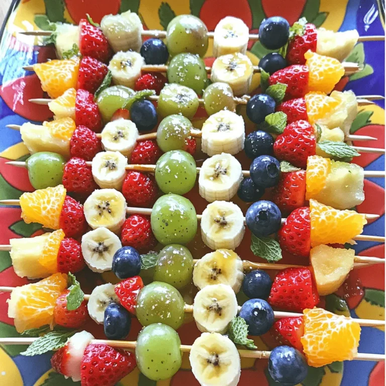 To make your rainbow fruit skewers, you will need a fun mix of colorful fruits: - 1 cup fresh strawberries, hulled and halved - 1 cup sweet orange segments - 1 cup juicy pineapple chunks - 1 cup crisp green grapes, halved - 1 cup plump blueberries - 1 ripe banana, beautifully sliced These fruits create a vibrant look and a tasty flavor. Each fruit brings its own unique taste and texture. If you want a little extra sweetness, consider adding: - 1 tablespoon honey (optional, for sweetness) - 1 teaspoon fresh lime juice The honey adds a lovely sweetness, while lime juice gives a nice tang. You can adjust these to your taste. You will need a few simple tools to make this snack: - Wooden skewers or metal grilling skewers These skewers will hold all the delicious fruit together. Make sure they are sturdy enough for your creations. You can find the full recipe for your rainbow fruit skewers and enjoy this bright and fun treat! Start by washing all the fruits. This step is key for freshness. Hull the strawberries and cut them in half. Next, segment the sweet oranges. Chop the pineapple into small chunks. Halve the green grapes and slice the banana into even rounds. Ensure each piece is about the same size. This makes your skewers look neat and colorful. Grab a wooden or metal skewer for this part. Start with a strawberry on the skewer. Then, add an orange segment. Follow with a chunk of pineapple, then a green grape. Next, add a slice of banana. Finish with a blueberry at the end. Aim to alternate colors and types of fruit. This creates a fun and vibrant look. You can fit 4-5 pieces of fruit on each skewer. Leave some space at the bottom for easy handling. For the dipping sauce, take a small bowl. Combine one tablespoon of honey and one teaspoon of fresh lime juice. Stir the mixture until it blends well. This creates a sweet and zesty flavor. Adjust the honey amount if you want it sweeter. This drizzle adds a lovely touch to your skewers. For the full recipe, check the detailed instructions and enjoy making these delightful Rainbow Fruit Skewers! To make your rainbow fruit skewers shine, use a bright platter. A white plate can show off the colors well. You might add edible glitter for sparkle. Fresh mint leaves also add a lovely green touch. Arrange the skewers in a fun pattern. This makes them look more inviting. You can even stand them up in a jar. This way, everyone sees the vibrant colors. Cut all your fruit pieces to similar sizes. This makes the skewers look neat. When fruits are even, they cook evenly if you grill them. It also helps with the taste. If one piece is too big, it can overpower the others. Use a sharp knife for clean cuts. Measure pieces against each other as you cut. This will help keep them uniform. For a great drizzle, use a squeeze bottle or a spoon. Start at the top of the skewers and move down. This helps cover all the fruit without making a mess. A light hand gives a nice touch. If you want to add more flavor, mix in a bit of zest from a lime. This will enhance the taste of the honey-lime drizzle. Remember, a little goes a long way! For more tips, check out the Full Recipe. {{image_4}} You can change the fruits in your skewers to suit your taste. Try using kiwi, mango, or raspberries. These fruits add unique colors and flavors. For a tropical twist, use coconut chunks or papaya. If you like it sweet, add some cherries or peaches. Mixing fruits keeps it fresh and fun! Rainbow fruit skewers are perfect for everyone, including vegans. All the ingredients are plant-based. You can skip honey and use agave syrup instead. This keeps the skewers sweet without adding animal products. You can also add nuts or seeds for some crunch. These changes make the skewers healthy and tasty. Want to impress your guests? Create themed skewers for parties! For a summer BBQ, use watermelon, lime, and mint. For Halloween, pick fruits like blackberries and oranges, and shape them like spooky faces. You can also use cookie cutters to make fun shapes. Themed skewers are a hit at any gathering! After you enjoy your rainbow fruit skewers, you may have some left. Store them in the fridge. Place them in an airtight container. This helps keep them fresh. Use a layer of plastic wrap to cover them tightly. This will prevent the fruit from drying out. Leftover skewers taste best when eaten within two days. You can freeze the fruits for future use. Wash and cut the fruits as needed. Lay them flat on a baking sheet. Freeze them for a few hours until firm. Then, transfer them to a freezer bag. This method keeps them from sticking together. Frozen fruits are great for smoothies or future skewers. However, they will lose some texture after thawing. Prepared skewers stay fresh in the fridge for up to two days. After that, the fruits may lose their shine and taste. For the best flavor, enjoy them soon after making. If you notice any changes in color or smell, it’s best to toss them out. Always trust your senses when it comes to food safety. To keep fruit fresh, use lemon juice. It slows browning on fruits like apples and bananas. Just mix a little lemon juice with water. Dip the cut fruit in the solution before placing on skewers. This method preserves color and taste. Yes, you can use frozen fruits! Thaw them first, then drain excess water. Frozen fruits might not hold their shape well but still taste great. They add a fun twist to your skewers. Just remember, they can be a bit mushy. You can try yogurt for a creamy dip. Mix it with honey or vanilla for extra flavor. Another option is chocolate sauce. It pairs well with many fruits. Peanut butter is fun too; it gives a nutty taste. Feel free to get creative with your favorite dips! This blog post covered how to make tasty fruit skewers. We discussed the best fruits, optional sweetness, and needed tools. You learned how to prep the fruit and assemble the skewers. We shared tips for making them look nice and stay fresh. Variations let you mix flavors and adapt for dietary needs. Lastly, we talked about storage and answered common questions. Enjoy making fruit skewers and feel free to explore new flavors and ideas!