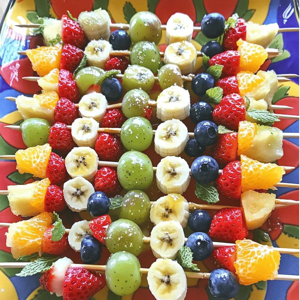 To make your rainbow fruit skewers, you will need a fun mix of colorful fruits: - 1 cup fresh strawberries, hulled and halved - 1 cup sweet orange segments - 1 cup juicy pineapple chunks - 1 cup crisp green grapes, halved - 1 cup plump blueberries - 1 ripe banana, beautifully sliced These fruits create a vibrant look and a tasty flavor. Each fruit brings its own unique taste and texture. If you want a little extra sweetness, consider adding: - 1 tablespoon honey (optional, for sweetness) - 1 teaspoon fresh lime juice The honey adds a lovely sweetness, while lime juice gives a nice tang. You can adjust these to your taste. You will need a few simple tools to make this snack: - Wooden skewers or metal grilling skewers These skewers will hold all the delicious fruit together. Make sure they are sturdy enough for your creations. You can find the full recipe for your rainbow fruit skewers and enjoy this bright and fun treat! Start by washing all the fruits. This step is key for freshness. Hull the strawberries and cut them in half. Next, segment the sweet oranges. Chop the pineapple into small chunks. Halve the green grapes and slice the banana into even rounds. Ensure each piece is about the same size. This makes your skewers look neat and colorful. Grab a wooden or metal skewer for this part. Start with a strawberry on the skewer. Then, add an orange segment. Follow with a chunk of pineapple, then a green grape. Next, add a slice of banana. Finish with a blueberry at the end. Aim to alternate colors and types of fruit. This creates a fun and vibrant look. You can fit 4-5 pieces of fruit on each skewer. Leave some space at the bottom for easy handling. For the dipping sauce, take a small bowl. Combine one tablespoon of honey and one teaspoon of fresh lime juice. Stir the mixture until it blends well. This creates a sweet and zesty flavor. Adjust the honey amount if you want it sweeter. This drizzle adds a lovely touch to your skewers. For the full recipe, check the detailed instructions and enjoy making these delightful Rainbow Fruit Skewers! To make your rainbow fruit skewers shine, use a bright platter. A white plate can show off the colors well. You might add edible glitter for sparkle. Fresh mint leaves also add a lovely green touch. Arrange the skewers in a fun pattern. This makes them look more inviting. You can even stand them up in a jar. This way, everyone sees the vibrant colors. Cut all your fruit pieces to similar sizes. This makes the skewers look neat. When fruits are even, they cook evenly if you grill them. It also helps with the taste. If one piece is too big, it can overpower the others. Use a sharp knife for clean cuts. Measure pieces against each other as you cut. This will help keep them uniform. For a great drizzle, use a squeeze bottle or a spoon. Start at the top of the skewers and move down. This helps cover all the fruit without making a mess. A light hand gives a nice touch. If you want to add more flavor, mix in a bit of zest from a lime. This will enhance the taste of the honey-lime drizzle. Remember, a little goes a long way! For more tips, check out the Full Recipe. {{image_4}} You can change the fruits in your skewers to suit your taste. Try using kiwi, mango, or raspberries. These fruits add unique colors and flavors. For a tropical twist, use coconut chunks or papaya. If you like it sweet, add some cherries or peaches. Mixing fruits keeps it fresh and fun! Rainbow fruit skewers are perfect for everyone, including vegans. All the ingredients are plant-based. You can skip honey and use agave syrup instead. This keeps the skewers sweet without adding animal products. You can also add nuts or seeds for some crunch. These changes make the skewers healthy and tasty. Want to impress your guests? Create themed skewers for parties! For a summer BBQ, use watermelon, lime, and mint. For Halloween, pick fruits like blackberries and oranges, and shape them like spooky faces. You can also use cookie cutters to make fun shapes. Themed skewers are a hit at any gathering! After you enjoy your rainbow fruit skewers, you may have some left. Store them in the fridge. Place them in an airtight container. This helps keep them fresh. Use a layer of plastic wrap to cover them tightly. This will prevent the fruit from drying out. Leftover skewers taste best when eaten within two days. You can freeze the fruits for future use. Wash and cut the fruits as needed. Lay them flat on a baking sheet. Freeze them for a few hours until firm. Then, transfer them to a freezer bag. This method keeps them from sticking together. Frozen fruits are great for smoothies or future skewers. However, they will lose some texture after thawing. Prepared skewers stay fresh in the fridge for up to two days. After that, the fruits may lose their shine and taste. For the best flavor, enjoy them soon after making. If you notice any changes in color or smell, it’s best to toss them out. Always trust your senses when it comes to food safety. To keep fruit fresh, use lemon juice. It slows browning on fruits like apples and bananas. Just mix a little lemon juice with water. Dip the cut fruit in the solution before placing on skewers. This method preserves color and taste. Yes, you can use frozen fruits! Thaw them first, then drain excess water. Frozen fruits might not hold their shape well but still taste great. They add a fun twist to your skewers. Just remember, they can be a bit mushy. You can try yogurt for a creamy dip. Mix it with honey or vanilla for extra flavor. Another option is chocolate sauce. It pairs well with many fruits. Peanut butter is fun too; it gives a nutty taste. Feel free to get creative with your favorite dips! This blog post covered how to make tasty fruit skewers. We discussed the best fruits, optional sweetness, and needed tools. You learned how to prep the fruit and assemble the skewers. We shared tips for making them look nice and stay fresh. Variations let you mix flavors and adapt for dietary needs. Lastly, we talked about storage and answered common questions. Enjoy making fruit skewers and feel free to explore new flavors and ideas!