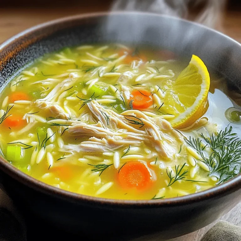 - 1 lb boneless, skinless chicken breasts - 6 cups chicken broth - 1 medium onion, finely chopped - 2 cloves garlic, minced - 1 cup carrots, diced - 1 cup celery, diced - 1 cup orzo pasta or rice - 3 large eggs - 1/3 cup fresh lemon juice - Dried oregano, salt, and pepper - Fresh dill for garnish Using these fresh ingredients makes your Greek lemon chicken soup bright and tasty. The chicken gives it a nice, hearty base. The broth adds depth and warmth. Fresh lemon juice brightens the flavors, while the herbs make it aromatic. I love adding carrots and celery for color and crunch. They bring a natural sweetness to the soup. The garlic adds an extra layer of flavor that makes the dish sing. Orzo is a great choice for this dish. It’s small and cooks quickly. You can also use rice if you prefer. The three large eggs add creaminess to the soup, making it rich and smooth. Don’t forget the fresh dill! It adds a burst of flavor and looks pretty on top. Using good-quality ingredients makes this soup a comforting and nourishing meal. For the full recipe, check the details above. Start by boiling the chicken breasts in chicken broth. This step makes the chicken tender and full of flavor. Cook them for about 15-20 minutes, or until they are completely done. Once cooked, remove the chicken from the pot. Let it cool for a few minutes, then shred it into small pieces. Set the shredded chicken aside for later. In the same pot, add the chopped onion, minced garlic, diced carrots, and diced celery. Sauté these vegetables for about 10 minutes. Stir them occasionally so they do not burn. The goal is to make them tender and fragrant. After the vegetables are ready, add orzo or rice to the pot. Cook it according to the package instructions, which usually takes around 8-10 minutes. In a medium bowl, whisk together the eggs and fresh lemon juice until smooth. This mixture will give the soup a nice tangy flavor. Before adding it to the soup, you must temper the egg mixture. To do this, slowly add a ladle of hot broth to the egg mixture while whisking. This step helps prevent the eggs from scrambling. Once the orzo (or rice) is cooked, reduce the heat to low. Gradually pour the tempered egg mixture back into the pot, stirring constantly. This keeps the soup creamy without curdling. Now, return the shredded chicken to the pot. Add salt, pepper, and dried oregano to taste. Warm the soup through for an additional 3-5 minutes, but do not let it boil. This step ensures all flavors meld together beautifully. For the complete recipe, check out the Full Recipe section above. How to properly temper eggs: To temper eggs, whisk the eggs and lemon juice in a bowl. Slowly add a ladle of hot broth while stirring. This step warms the eggs without cooking them. It helps you avoid scrambled eggs in the soup. Ensuring a creamy texture throughout: After tempering, add the egg mix back to the pot slowly. Stir constantly as you pour. This keeps the soup smooth and creamy. Avoid boiling after adding the eggs to preserve the texture. Adjusting lemon juice to taste: Lemon juice gives the soup its bright flavor. Start with 1/3 cup. Taste it and add more if you want a stronger taste. Fresh lemons are best for a zesty kick. Suggestions for fresh herbs or additional spices: Dill pairs perfectly with this soup. You can also try thyme or parsley for different flavors. A pinch of paprika adds warmth and depth, making it even more delicious. Serving suggestions with garnishes: Ladle soup into bowls for serving. Garnish with fresh dill for color and flavor. A sprinkle of black pepper adds visual appeal too. Use of lemon slices for visual appeal: Serve lemon slices on the side of each bowl. They add a pop of color and let your guests squeeze fresh juice into their soup. It makes the dish look extra special and inviting. {{image_4}} You can switch the chicken for turkey. Turkey has a similar taste and works well. If you want a plant-based option, try tofu. Use firm tofu and cube it. Simply add it to the soup when you cook the veggies. Another choice is beans. Chickpeas or white beans add protein and texture. They make the soup hearty and filling. If you need it gluten-free, use rice instead of orzo. Brown rice adds a nice nutty flavor. Quinoa is also a great choice. It cooks fast and gives a protein boost. For pasta lovers, look for gluten-free orzo. Many brands offer a tasty version that keeps the soup's charm. To make a lighter version, reduce the amount of chicken. You can double the veggies instead. Carrots and celery add bulk without many calories. Using less oil when cooking also helps. For a broth base, choose low-sodium chicken broth. This keeps sodium levels down while still being flavorful. Check out the Full Recipe for all the details. To store leftovers of Greek Lemon Chicken Soup, follow these steps: - Cool Down: Let the soup cool to room temperature before storing. - Containers: Use airtight containers or glass jars to keep it fresh. - Label: Mark the date on the container for easy tracking. - Duration: It stays good in the fridge for about 3 to 4 days. Keeping the soup in proper containers helps to maintain its flavor and texture. To freeze Greek Lemon Chicken Soup, here’s how to do it right: - Cool First: Always cool the soup completely before freezing. - Portion It: Divide the soup into single-serving containers. This makes it easier to thaw later. - Seal Tight: Use freezer-safe containers or heavy-duty freezer bags. Remove as much air as possible. - Duration: The soup can be frozen for up to 3 months. When you’re ready to enjoy it again, follow these thawing tips: - Thawing: Place it in the fridge overnight. You can also use the microwave for a quick thaw. - Reheating: Warm the soup on the stove over low heat. Stir it well to ensure even heating. Never let it boil, as this may affect the creamy texture. Enjoy the comforting flavors of Greek Lemon Chicken Soup any day! For the full recipe, check out the detailed steps above. Greek lemon chicken soup lasts about 3 to 4 days in the fridge. Store it in an airtight container. Make sure it cools down before sealing the container. This keeps the soup fresh and safe to eat. Yes, you can make this soup in advance. It tastes even better the next day as flavors meld. Just warm it on the stove over low heat when you are ready to serve. You can use rice or quinoa instead of orzo. Both options add a nice texture. For a gluten-free choice, look for gluten-free pasta. This soup is not very low-carb due to the orzo. If you want a low-carb option, skip the pasta. You can add more vegetables for extra flavor without the carbs. Yes, you can use cooked chicken. Just shred it and add it to the soup. This saves time and still gives you a tasty meal. Some great side dishes include a light salad or warm pita bread. A Greek salad adds fresh flavors and crunch. You might also enjoy some roasted vegetables on the side. This blog post detailed how to make Greek Lemon Chicken Soup. You learned the essential ingredients needed, step-by-step instructions, and useful tips for great results. We explored variations and storage tips to make it work for you. Now, you can enjoy a warm bowl of this comforting dish. With your newfound skills, you can impress family and friends. Enjoy making this soup your own and experiment with flavors!