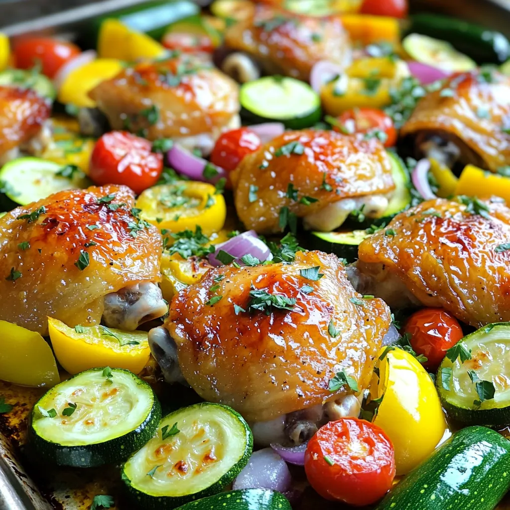 - 4 bone-in chicken thighs, skin-on - 2 medium zucchinis, sliced into half-moons - 1 bell pepper (red or yellow), chopped into bite-sized pieces - 1 cup cherry tomatoes, halved - 1 red onion, cut into wedges - 4 cloves garlic, minced - 1/4 cup extra virgin olive oil - Juice of 2 fresh lemons - Zest of 1 lemon - 2 teaspoons dried oregano - 1 teaspoon smoked paprika - Sea salt and freshly cracked black pepper to taste - Fresh parsley, finely chopped for garnish Using fresh ingredients makes this dish taste great and healthy. Chicken thighs have good flavor and keep moist while cooking. Zucchini and bell peppers add vitamins and minerals. Cherry tomatoes offer a sweet burst with every bite. Garlic adds depth and may boost your immune system. Olive oil is a healthy fat that helps with heart health. Fresh lemon juice brightens the dish and adds vitamin C. Oregano and paprika bring warmth and nice aroma to the meal. You can swap chicken thighs for chicken breasts if you prefer leaner meat. Use any bell pepper color you like. If you have other veggies on hand, such as carrots or green beans, feel free to add them. For a different flavor, try using lime juice instead of lemon juice. If you don't have fresh garlic, garlic powder works too. You can replace olive oil with avocado oil for a similar taste. Start by making the marinade. In a medium bowl, mix together the olive oil, lemon juice, lemon zest, minced garlic, dried oregano, smoked paprika, sea salt, and black pepper. Whisk this mix until it’s smooth and bright. Next, take your chicken thighs. Place them in a large resealable bag or a shallow dish. Pour half the marinade over the chicken. Make sure each piece gets coated well. Seal the bag or cover the dish. Let it sit in the fridge for at least 30 minutes, or up to 2 hours for extra flavor. While the chicken marinates, preheat your oven to 425°F (220°C). This step is key for perfect roasting. Now, prepare your veggies. In a large bowl, toss together the sliced zucchini, chopped bell pepper, halved cherry tomatoes, and onion wedges. Drizzle the remaining marinade over the veggies. Toss them gently to coat evenly. Once prepped, line a sheet pan with parchment paper. This helps with easy cleanup. Place the marinated chicken in the center of the pan. Surround it with the veggies, spreading them out nicely. Put the sheet pan in the oven. Bake for 30 to 35 minutes. The chicken should reach an internal temperature of 165°F (75°C). The veggies should become tender and slightly caramelized. To check if the chicken is done, use a meat thermometer. Insert it into the thickest part of the thigh. If it reads 165°F (75°C), it’s ready. If not, bake a bit longer, checking every few minutes. Once done, take the pan out of the oven. Let it rest for a few minutes. This helps keep the juices in the chicken. Finish with a sprinkle of fresh parsley for color before serving. Enjoy your meal! To get the most flavor, marinate the chicken thighs. Use a mix of lemon juice, zest, garlic, and spices. This mix creates a tasty coating that seeps into the meat. I recommend marinating for at least 30 minutes. For deeper flavor, marinate for up to 2 hours. Always keep the chicken in the fridge while it soaks. This keeps it fresh and safe to eat. Seasoning is key to making your dish pop. Use sea salt and freshly cracked black pepper. They enhance the chicken and veggies. You can also try smoked paprika for warmth and depth. Dried oregano adds a nice herb flavor. Make sure to sprinkle seasonings evenly over everything. Taste as you go to ensure the flavors are just right. Cleanup can be a breeze with parchment paper. Line your sheet pan with it before adding the chicken and veggies. It prevents sticking and makes for easy cleanup. Once the meal is done, just toss the paper away. You can spend more time enjoying your meal, not scrubbing dishes. This little trick saves time and effort in the kitchen. {{image_4}} You can swap chicken thighs for other proteins. Try bone-in chicken breasts or turkey thighs. They will give you a similar juicy flavor and texture. If you want something lighter, go for shrimp or firm tofu. Shrimp cooks fast and adds a sweet touch. Tofu soaks up the lemon flavor well. Make sure to adjust your cooking time based on what protein you choose. Using seasonal veggies makes your dish fresh and vibrant. In the summer, use squash, corn, or eggplant. For fall, add sweet potatoes or Brussels sprouts. Winter calls for hearty greens like kale or root vegetables. You can mix different colors and textures for a fun look. Don’t be afraid to get creative and use what you love! Herbs and spices can really change your dish. For a fresh taste, add thyme or rosemary. If you want a kick, sprinkle in some red pepper flakes. For a bit of sweetness, try adding a dash of cinnamon. Feel free to mix and match spices. Experimenting can lead to unique flavors that you’ll want to make again! For the full recipe, check out the Zesty Sheet Pan Lemon Chicken & Veggie Medley. To store leftovers, let the chicken and veggies cool first. Transfer them to an airtight container. This keeps them fresh and prevents odors. You can store them in the fridge for up to three days. If you want to keep them longer, freezing is a great option. When you’re ready to eat, reheating is simple. Preheat your oven to 350°F (175°C). Spread the chicken and veggies on a baking sheet. Heat for about 15 to 20 minutes, or until warmed through. You can also use a microwave. Place the food in a microwave-safe dish, cover loosely, and heat in short bursts. Stir in between to ensure even heating. If you plan to freeze your leftovers, do it as soon as they cool. Place portions in freezer bags or containers. Remove as much air as possible to avoid freezer burn. This dish can last for up to three months in the freezer. When you’re ready to eat, thaw it overnight in the fridge before reheating. This method keeps the flavors intact and makes for a quick meal. For more delicious ideas, check out the [Full Recipe]. To make sheet pan lemon chicken and veggies, start by prepping the marinade. Mix olive oil, lemon juice, lemon zest, garlic, oregano, smoked paprika, salt, and pepper in a bowl. This creates a zesty mix. Next, marinate the chicken thighs in half of this mixture for at least 30 minutes. While the chicken marinates, preheat your oven to 425°F (220°C). Prepare your veggies by mixing zucchini, bell pepper, cherry tomatoes, and red onion in another bowl. Toss them with the leftover marinade. Line a sheet pan with parchment paper for easy cleanup. Place the marinated chicken in the center and surround it with the vegetables. Bake for 30-35 minutes at 425°F until the chicken reaches 165°F (75°C). Let it rest before serving. For the full recipe, check out the complete guide. Yes, you can use boneless chicken for this recipe. Boneless chicken cooks faster than bone-in chicken. Adjust the cooking time to about 20-25 minutes. Ensure the chicken reaches an internal temperature of 165°F (75°C) for safety. Boneless chicken will soak up the marinade well, giving a great flavor. Many vegetables pair well with lemon chicken. Here are some great options: - Broccoli - Carrots - Asparagus - Bell peppers - Green beans - Brussels sprouts These veggies add color and nutrition to your meal. They also complement the lemon flavor nicely. You can use a mix of your favorites for a colorful dish. You learned how to make a great sheet pan lemon chicken and veggies dish. We covered ingredients, cooking steps, and tips for the best flavor. Remember to try different proteins, veggies, and flavors to mix things up. Storing your leftovers correctly ensures they stay fresh longer. Now, enjoy your tasty meal. Happy cooking!