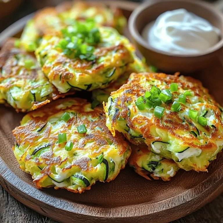 To make cheesy zucchini fritters, you need these main ingredients: - 2 medium zucchinis, grated - 1 teaspoon salt - 1/2 cup all-purpose flour - 1/2 cup shredded mozzarella cheese - 1/4 cup grated Parmesan cheese - 1 large egg - 2 green onions, finely chopped - 2 cloves garlic, minced - 1 teaspoon dried oregano - 1/2 teaspoon black pepper - 1/4 teaspoon red pepper flakes (optional) - Olive oil, for frying These ingredients come together to create a tasty and cheesy treat. The zucchini gives a fresh taste, while the cheeses add that creamy, savory goodness. You can customize your fritters with some optional ingredients. Try adding: - Fresh herbs like parsley or basil for extra flavor. - Other cheeses, such as cheddar or feta, for a different taste. - Chopped bell peppers or spinach for added nutrition and color. If you need substitutes, you can use almond flour for a gluten-free option. You can also swap the egg for a flax egg to make it vegan. These fritters are not only delicious but also provide good nutrition. Each serving has roughly: - Calories: 200 - Protein: 8g - Carbohydrates: 15g - Fiber: 2g - Fat: 12g Cheesy zucchini fritters are a great way to enjoy veggies while treating yourself. You can find the full recipe in the recipe section. Start by grating the zucchinis using a box grater. After grating, place the zucchini in a clean kitchen towel. Sprinkle one teaspoon of salt over the grated zucchini. Let it rest for about 10 minutes. This step helps to draw out excess moisture. Less moisture means crispier fritters. Once the 10 minutes are up, twist the kitchen towel. Squeeze out as much liquid as you can from the zucchini. Transfer the drained zucchini to a large mixing bowl. Now, add the following ingredients: - 1/2 cup all-purpose flour - 1/2 cup shredded mozzarella cheese - 1/4 cup grated Parmesan cheese - 1 large egg - 2 green onions, finely chopped - 2 cloves garlic, minced - 1 teaspoon dried oregano - 1/2 teaspoon black pepper - 1/4 teaspoon red pepper flakes (optional) Mix everything well. Combine until you have a smooth and cohesive batter. Heat a skillet over medium heat. Pour enough olive oil into the pan to cover the bottom, about 2 tablespoons. Wait until the oil is hot and shimmering. This indicates it's ready for frying. Using a tablespoon or ice cream scoop, take about 2 tablespoons of the zucchini mixture. Gently flatten it into a fritter shape. Carefully place it into the hot skillet. Do not overcrowd the pan; this helps the fritters cook evenly. Cook each fritter for about 3-4 minutes on one side. They should turn golden brown and crispy. Flip the fritters and cook for another 3-4 minutes on the other side. Keep an eye on the heat. Adjust if needed to prevent burning. When they are golden brown, transfer the fritters to a plate lined with paper towels. This will absorb any extra oil. Enjoy your crispy, cheesy zucchini fritters warm. You can serve them with a light dipping sauce, like sour cream or yogurt, for extra flavor. For the full recipe, check the details above. To make your fritters crispy, start by squeezing out moisture from the zucchini. Use a clean kitchen towel to drain excess liquid. This step is key to avoid soggy fritters. Next, heat your oil until it shimmers before adding the fritters. Cook them in small batches to keep the heat steady. Overcrowding can cause them to steam instead of fry. Aim for a golden brown color on each side for that perfect crunch. One common mistake is not draining the zucchini well. If there’s too much moisture, the fritters will fall apart. Another issue is using too much flour. Stick to the half-cup measure. Too much flour can make the fritters dense. Also, don’t skip the egg; it helps bind everything together. Lastly, keep an eye on the heat. Too high can burn the fritters, while too low can make them greasy. Serve your cheesy zucchini fritters with a side of sour cream or yogurt. A light yogurt sauce adds a nice flavor. You can also try a spicy aioli for a kick. For a fresh touch, sprinkle some chopped herbs on top before serving. Try pairing these fritters with a simple salad for a balanced meal. If you want more ideas, check the Full Recipe for inspiration. {{image_4}} You can make cheesy zucchini fritters even more tasty with veggie add-ins. Try adding grated carrots for sweetness. Spinach or kale can boost the nutrients. You may also mix in corn for a pop of color and flavor. For a fresh twist, add fresh herbs like basil or parsley. Cheese is key in these fritters. While mozzarella and Parmesan work great, you can switch things up. Use feta cheese for a tangy flavor. Cheddar cheese adds a sharpness that many love. For a creamy touch, try goat cheese. Mix and match to find your favorite! If you need gluten-free fritters, swap out the all-purpose flour. Use almond flour or rice flour instead. These options keep the fritters light and delicious. Another choice is chickpea flour, which adds protein. Experiment to see which gluten-free option you like best. For more details, refer to the Full Recipe. To keep your leftover fritters fresh, store them in an airtight container. Layer them with paper towels to absorb moisture. This helps prevent them from becoming soggy. Place the container in the fridge. They will stay good for up to three days. When you're ready to enjoy them, you can reheat them easily. You can also freeze the fritters if you have extras. Let them cool completely first. Then, arrange them on a baking sheet in a single layer. Freeze them for about an hour. Once frozen, transfer them to a freezer-safe bag. Label the bag with the date. They can last up to three months in the freezer. This way, you have a quick meal ready anytime. To reheat the fritters, you can use the oven or a skillet. For the oven, preheat it to 350°F (175°C). Place the fritters on a baking sheet and heat for about 10-15 minutes. If using a skillet, add a little olive oil and heat on medium. Cook each fritter for about 2-3 minutes on each side. This keeps them crispy and delicious. Enjoy your cheesy zucchini fritters hot! You can use other vegetables like yellow squash or carrots. Both work well in this recipe. The key is to choose veggies with a similar water content. This helps keep your fritters from becoming too soggy. You can also try sweet potatoes for a different flavor. Yes, you can bake these fritters! Preheat your oven to 425°F (220°C). Place the fritters on a baking sheet lined with parchment paper. Brush them lightly with olive oil. Bake for about 20 minutes, flipping halfway through. They will be less greasy and still delicious. Cheesy zucchini fritters last about 3-4 days in the fridge. Be sure to store them in an airtight container for best results. You can reheat them in a skillet or oven for a crispy texture. Enjoy them as a snack or a quick meal! In this blog post, we explored how to make cheesy zucchini fritters from start to finish. We covered key ingredients, step-by-step instructions, and useful tips to ensure the best results. Remember, achieving crispy fritters is all about the right preparation and cooking techniques. Don’t forget to try different variations and options to suit your taste. With these easy methods, you can enjoy delicious fritters today! Happy cooking and enjoy your crispy bites!
