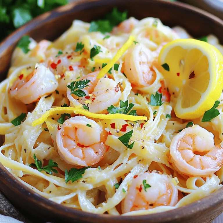 - 8 oz linguine or spaghetti - 1 lb large shrimp, peeled and deveined - 4 cloves garlic, finely minced - 1/4 cup extra-virgin olive oil - 1 teaspoon red pepper flakes - 1/2 cup fresh parsley, finely chopped - 1 lemon, juiced and zested - Salt and freshly ground black pepper to taste - Grated Parmesan cheese (optional) To make Quick Garlic Shrimp Pasta, you need fresh and quality ingredients. The base of this dish is linguine or spaghetti, which holds the sauce nicely. I love using large shrimp because they cook quickly and have a great flavor. Garlic is a must here. It adds a rich, aromatic taste that makes the dish special. Next, the olive oil brings everything together. I always choose extra-virgin for its fresh and fruity flavor. Red pepper flakes add that perfect kick. Adjust the amount to fit your spice level. Fresh parsley brightens the dish, making it look vibrant. The lemon juice and zest add a zesty touch that balances the richness. Don’t forget salt and pepper to enhance all the flavors. If you want to make it extra savory, sprinkle some grated Parmesan cheese on top. These ingredients work together to create a dish that is simple yet full of flavor. For the full recipe, refer to the section above. - Bring a large pot of water to a boil. - Add salt to the water for flavor. - Cook the pasta according to the package instructions. - Reserve about 1 cup of the pasta water before draining. - Heat olive oil in a large skillet over medium heat. - Add minced garlic and red pepper flakes. - Sauté the garlic for about 30 seconds until fragrant. - Introduce the shrimp into the skillet. - Season the shrimp with salt and black pepper. - Cook for about 2-3 minutes until the shrimp turn pink and opaque. - Toss the cooked pasta into the skillet with the shrimp. - Add the reserved pasta water for creaminess. - Pour in lemon juice and zest for brightness. - Fold in the chopped fresh parsley for a fresh taste. - Taste and adjust seasoning if needed. - Plate the pasta into individual bowls. - Garnish with extra parsley and a lemon wedge. - Serve warm and enjoy this dish. For detailed cooking steps, check the Full Recipe. To get the best garlic taste, avoid burning it. When you heat garlic, it should become fragrant but not brown. Burnt garlic can taste bitter and ruin your dish. Start with medium heat and watch it closely. If you like spice, adjust the red pepper flakes. Add more for heat or less for mildness. Taste as you go, and find what suits you best. Cooking pasta to al dente is key. This means the pasta should be firm but not hard. Overcooked pasta can turn mushy and lose its bite. Before draining your pasta, save some pasta water. This starchy water helps the sauce stick and adds flavor. It’s a simple trick that makes a big difference! For side dishes, consider a fresh salad or garlic bread. These pair well with the pasta and add balance to your meal. When it comes to wine, a crisp white wine works best. Look for a Sauvignon Blanc or a Pinot Grigio. These wines enhance the garlic flavors and make the meal feel special. {{image_4}} You can switch up the pasta to fit your needs. Try whole wheat or gluten-free pasta. Both options work well with this dish and add a different taste. Fresh herbs can change the flavor too. Use basil or chives for a fresh twist. They brighten up the shrimp pasta and add a new layer of taste. You can explore other seafood options if you want. Scallops and calamari both taste great in this dish. They offer a nice change from shrimp while keeping the dish light. For a vegetarian version, use mushrooms instead of shrimp. Mushrooms have a meaty texture and soak up flavors well. This swap keeps the dish satisfying without meat. Want a richer sauce? Adding cream can make your dish more decadent. It gives the pasta a smooth texture that many love. You can also add cherry tomatoes for freshness. They pop with flavor and add color to your plate. This small change can elevate your garlic shrimp pasta experience. For a full recipe, check out the details above. To store leftover pasta, place it in an airtight container. Make sure to let it cool first. This helps prevent sogginess. You can keep it in the fridge for up to three days. After that, the shrimp may lose its quality. Always check for any off smells or changes in color before eating. When reheating pasta, use a skillet. This keeps the dish from getting too dry. Add a splash of water or olive oil to help. Heat it on low, stirring gently. Avoid using the microwave if you can. It can make the shrimp rubbery. Always taste a little before serving to ensure it's warm and flavorful. Yes, you can freeze garlic shrimp pasta! First, let the dish cool completely. Then, place it in a freezer-safe container. Leave some space for expansion. You can freeze it for up to two months. To thaw, move it to the fridge overnight. Reheat it on the stove, adding a bit of water or oil to restore moisture. You can make Quick Garlic Shrimp Pasta in about 30 minutes. - Prep time: 10 minutes - Cooking time: 20 minutes Yes, you can use frozen shrimp. Just thaw them first. - To thaw shrimp, place them in cold water for about 15-20 minutes. - Ensure shrimp are peeled and deveined before cooking. You can pair this dish with several sides: - A fresh garden salad - Garlic bread for dipping - Steamed vegetables like broccoli or asparagus To reduce the spice, you can: - Use fewer red pepper flakes or omit them. - Add more olive oil or butter to mellow the heat. I recommend using linguine or spaghetti. - These pasta types hold the sauce well. - You can also try fettuccine for a different texture. For the full recipe, refer to the [Full Recipe]. Quick Garlic Shrimp Pasta is simple and tasty. You learned about key ingredients, cooking steps, and useful tips. I focused on making garlic and shrimp shine while keeping it easy. You can swap out ingredients, store leftovers, and reheat without losing flavor. Try different flavors to make it your own. Follow these steps, and enjoy a delicious meal any day of the week. Cooking should be fun and satisfying, so gather your ingredients and start creating!