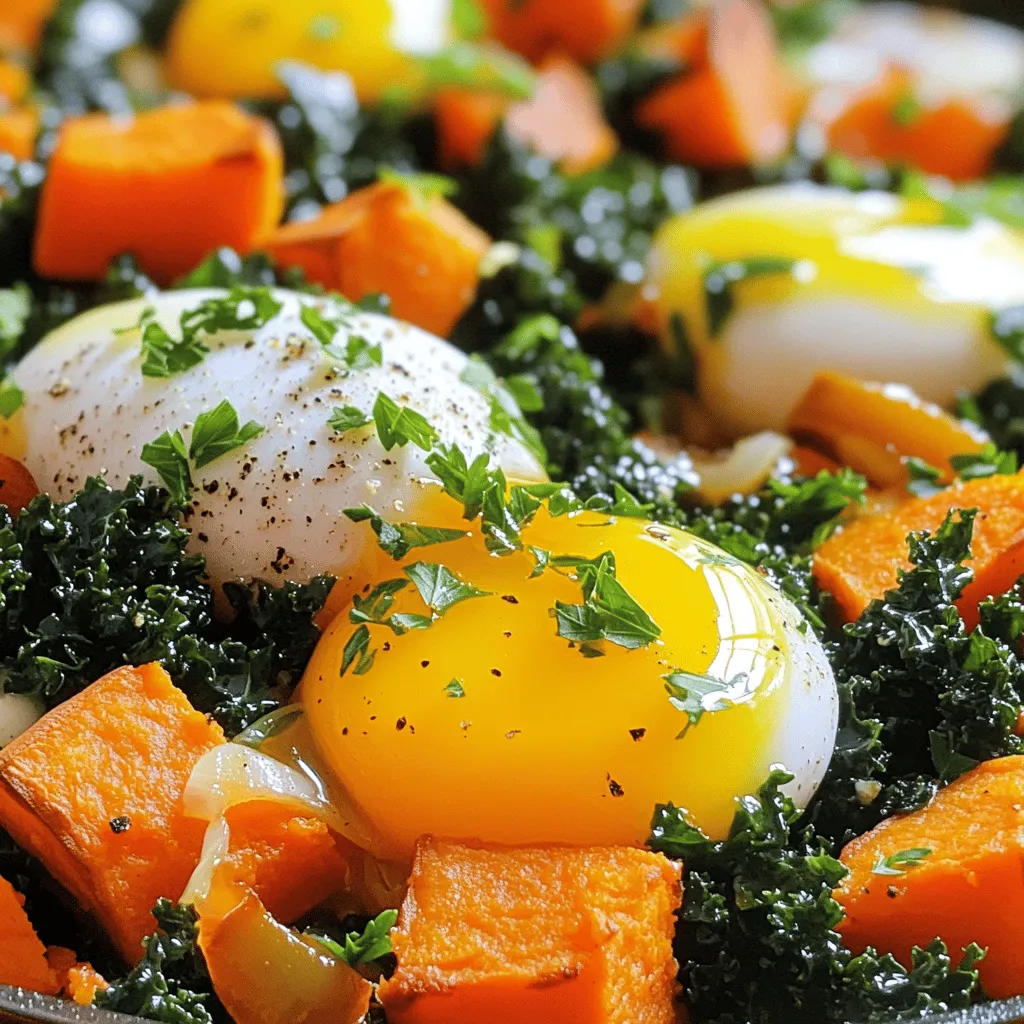 To make a delicious Sweet Potato and Kale Hash, gather the following ingredients: - 2 medium sweet potatoes, peeled and diced into 1/2-inch cubes - 1 tablespoon extra virgin olive oil - 1 small onion, finely chopped - 2 cloves fresh garlic, minced - 1 bell pepper of your choice (red, green, or yellow), diced - 4 cups fresh kale, stems removed and leaves chopped - 1 teaspoon smoked paprika for a smoky flavor - 1/2 teaspoon ground cumin for warmth - Salt and freshly cracked pepper to taste - 2 large eggs (optional, for added protein) - Fresh parsley, chopped, for garnish These ingredients combine to create a hearty, flavorful dish. The sweet potatoes provide natural sweetness, while kale adds nutrition and color. The spices bring warmth and depth to the meal. If you choose to add eggs, they can make your hash more filling. This recipe celebrates whole, fresh foods that everyone will enjoy. For the full recipe, be sure to check out the detailed instructions! - Heating the oil: Start by placing a large skillet over medium heat. Add 1 tablespoon of extra virgin olive oil. Let the oil warm for about one minute. - Cooking sweet potatoes: Once the oil shimmers, add 2 medium sweet potatoes, peeled and diced into 1/2-inch cubes. Season them with salt and pepper. Sauté for 10-12 minutes. Stir occasionally until the sweet potatoes become tender and golden brown. - Sautéing onions and peppers: Next, add 1 small onion, finely chopped, and 1 bell pepper, diced. Cook for another 5 minutes. Stir often until the onion turns soft and translucent. - Adding aromatics: Stir in 2 cloves of minced garlic, 1 teaspoon of smoked paprika, and 1/2 teaspoon of ground cumin. Let this cook for 1-2 minutes. Stir frequently until the garlic smells fragrant and the spices blend well. - Incorporating kale: Add 4 cups of chopped kale to the skillet. Mix it well with the other ingredients. Cook for about 2-3 minutes until the kale wilts and softens. - Cooking eggs (optional): If you want to add protein, create small wells in the hash using the back of a spoon. Crack 2 large eggs into each well. Cover the skillet. Cook for 4-5 minutes, or until the egg whites are set but the yolks remain runny. - Finishing touches: Remove the skillet from heat. Taste the hash and adjust the seasoning with more salt and pepper if needed. Serve warm, garnished with fresh parsley. This dish is a wholesome meal in itself, packed with flavors and nutrients. For the full recipe, check out the detailed instructions above. - Ensuring even cooking for sweet potatoes Cut the sweet potatoes into even 1/2-inch cubes. This helps them cook at the same rate. When you sauté them, keep the heat at medium. Stir them occasionally to prevent sticking and promote browning. - Using fresh versus dried spices Fresh spices give a brighter taste. Try to use fresh garlic and smoked paprika for the best flavor. If you only have dried spices, use them but adjust the amount. Dried spices are stronger, so use less. - Best practices for sautéing kale Add the kale last, as it cooks quickly. Stir it in with the other ingredients for a couple of minutes. Cook until it wilts but remains bright green. This keeps the nutrients intact and enhances the dish's visual appeal. - Suggested pairings for the hash Serve the sweet potato and kale hash with toasted whole-grain bread. A slice of avocado on the side adds creaminess. You can also top it with salsa for a fresh kick. - Combining with proteins for a full meal Add eggs for protein. Cook them sunny-side up directly in the hash. You can also serve it with grilled chicken or turkey sausage for a hearty breakfast or brunch. For the complete recipe, check out the [Full Recipe]. {{image_4}} You can easily switch up the vegetables in this hash. Instead of sweet potatoes, try using: - Butternut squash for a sweeter taste. - Zucchini for a lighter option. - Mushrooms for added umami flavor. If you want a vegan dish, skip the eggs. You can still enjoy a hearty meal by adding: - Avocado for creaminess. - Tofu for protein. - Chickpeas for a filling option. The spices in this dish can change the whole flavor. You can adjust the seasoning to suit your taste: - Use curry powder for an Indian twist. - Try Italian herbs like oregano and basil for a Mediterranean flavor. If you like heat, you can add: - Red pepper flakes for a gentle kick. - Hot sauce for a bold flavor boost. These swaps keep your sweet potato and kale hash exciting and new each time! For the full recipe, check out the detailed instructions above. To keep your sweet potato and kale hash fresh, store it in an airtight container. This helps prevent moisture loss and keeps the flavors intact. The hash will stay good in the fridge for about 3 to 5 days. Make sure it cools down before sealing it. This way, it won’t steam inside the container. When it's time to reheat, you have a few good options. The best way is to use a skillet over medium heat. Add a touch of olive oil or water to keep it moist. Stir gently as it warms up. This method helps keep the texture just right. If you're in a hurry, you can use the microwave. Place the hash in a microwave-safe bowl. Cover it loosely with a paper towel to trap steam. Heat in short bursts, stirring in between, until warm. To refresh the dish, consider adding a squeeze of lemon or a sprinkle of fresh herbs. This adds brightness and makes the flavors pop again. Enjoy your meal! Yes, you can prepare this dish in advance. Cook the hash, let it cool, and store it in an airtight container. It will stay fresh in the fridge for up to three days. When you're ready to eat, just reheat it on the stove or in the microwave. Kale is a superfood packed with vitamins A, C, and K. It has lots of fiber, which helps digestion. Eating kale can boost your immune system and keep your bones strong. It also contains antioxidants, which help fight inflammation. To enhance the flavor of your hash, try adding different spices. A bit of chili powder can add heat. Fresh herbs like thyme or cilantro add freshness. You can also squeeze some lemon juice on top for a zesty kick. Consider using smoked salt for a deeper flavor. Absolutely! This hash works great for meal prep. You can make a big batch and separate it into containers. It’s easy to heat up for breakfast or lunch throughout the week. Plus, it tastes just as good reheated! For the full recipe, check out Savory Sweet Potato and Kale Hash. This blog post detailed how to create a tasty sweet potato and kale hash. I outlined the key ingredients and shared step-by-step cooking instructions. I also provided helpful tips and variations to fit your taste. In the end, this dish is simple and offers great nutrition. You can easily adjust it to suit your needs. Enjoy making this hash and feel free to get creative!