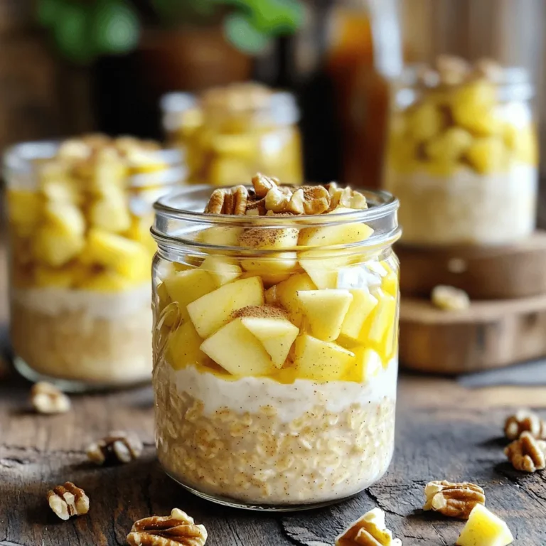- 1 cup rolled oats - 2 cups almond milk (or your preferred milk) - 1 medium sweet apple, diced (suggestions: Fuji or Gala) - 1 teaspoon ground cinnamon - 2 tablespoons maple syrup (or honey if you prefer) - 1/2 teaspoon vanilla extract - 1/4 cup plain Greek yogurt (optional) - Pinch of salt - Chopped nuts for topping - Extra apple slices and cinnamon for garnish Apple cinnamon overnight oats are easy to make and full of flavor. The oats soak overnight, making them creamy and delicious. You can customize this recipe based on your taste. For the base, I use rolled oats and almond milk, but feel free to pick any milk you like. The diced apple brings sweetness and crunch. I suggest using Fuji or Gala apples since they are sweet and juicy. Ground cinnamon adds warmth and a cozy touch. Maple syrup gives the oats a natural sweetness. If you want a little creaminess, add Greek yogurt. Don’t forget the pinch of salt; it enhances all the flavors. Chopped nuts add a nice crunch on top. You can use walnuts, pecans, or any nuts you enjoy. Finally, garnish with extra apple slices and a dusting of cinnamon for a pretty finish. - Different types of milk (coconut, oat, etc.) - Sweeteners (agave syrup, stevia, etc.) - Additional fruit (berries, bananas, etc.) If you want to try something different, there are many options. Swap almond milk for coconut or oat milk if you prefer. You can change sweeteners too; agave syrup or stevia work well. Add in more fruits like berries or sliced bananas for extra flavor. This makes each serving unique and fun. The best part? You can make it just how you like it! For the full recipe, check out Apple Cinnamon Overnight Oats Delight. - Step 1: Combine rolled oats with milk and yogurt. In a large bowl, mix 1 cup of rolled oats with 2 cups of almond milk. If you like, add 1/4 cup of Greek yogurt for creaminess. Stir until mixed well. - Step 2: Add apples, cinnamon, sweetener, vanilla, and salt. Fold in 1 diced apple, 1 teaspoon of ground cinnamon, and 2 tablespoons of maple syrup. Add 1/2 teaspoon of vanilla extract and a pinch of salt. Mix until everything is evenly distributed. - Step 3: Transfer mixture into jars and refrigerate. Spoon the oat mix into jars. Make sure each jar has some apple pieces. Close the lids and place them in the fridge overnight. - Evenly distribute diced apples among jars. This ensures each jar has the same amount of apple flavor. - Layer ingredients for visual appeal. Create a pretty look by layering oats and apples. This makes your breakfast even more inviting. - Stir before serving and adjust consistency. When you take the jars out, give them a good stir. If they feel too thick, add a splash of milk. - Top with nuts and additional apple slices. Finish with a sprinkle of chopped nuts and a few apple slices for crunch. A dash of cinnamon adds warmth and flavor. For full details, check the [Full Recipe]. To get the best texture, always use rolled oats. They soak up the liquid well. Steel-cut oats take longer to soften. You might want to avoid them for overnight oats. Adjust the sweetness by adding more or less maple syrup. Taste as you mix to find your perfect balance. Make a big batch of oats for quick breakfasts. You can prepare up to five jars at once. Store them in the refrigerator for up to five days. This way, you’ll have a quick meal ready on busy mornings. Feel free to experiment with spices like nutmeg or cardamom. Just a pinch can add a warm kick. You can also add seeds like chia or flaxseed. These add fiber and make your oats even better for you. {{image_4}} You can easily make apple cinnamon overnight oats vegan. Just swap the Greek yogurt for a plant-based yogurt. Use almond, coconut, or oat milk for a creamy base. These changes keep the flavor rich and tasty while being dairy-free. If you need gluten-free options, choose certified gluten-free oats. Many brands offer oats that are safe for those with gluten sensitivities. This way, you can enjoy your oats without worry. You can mix in other fruits to change the taste. Try berries like strawberries or blueberries for a fresh twist. Bananas also work well, adding sweetness and creaminess. For toppings, nuts and seeds add crunch. Chopped almonds, walnuts, or sunflower seeds all taste great. You can also sprinkle chia seeds for extra fiber and health benefits. In fall, add pumpkin spice to your oats for a cozy taste. Just mix in a teaspoon or two for that warm, spiced flavor. It pairs perfectly with apples. In summer, think about fresh fruits like peaches or mangoes. These fruits add a bright, juicy flavor. You can mix them in or use them as a topping for a colorful and tasty breakfast. For the complete recipe, check out the [Full Recipe]. To keep your apple cinnamon overnight oats fresh, use jars or airtight containers. Glass jars work great. They seal well and let you see the yummy layers. Make sure to refrigerate them right after you prepare them. This keeps the oats safe to eat. You can freeze individual servings of overnight oats. First, pour the oats into freezer-safe containers or jars. Leave some space at the top, as they will expand. To enjoy later, thaw them in the fridge overnight. Once thawed, stir well. You might want to add a splash of milk to make them creamy again. Apple cinnamon overnight oats can stay fresh in the fridge for up to five days. Check for any signs of spoilage before eating. If the oats smell sour or have a strange color, throw them away. Always trust your nose and eyes! For the best taste, enjoy them within the first few days. Apple cinnamon overnight oats are a tasty breakfast. They combine oats, milk, apples, and cinnamon. The mixture sits in the fridge overnight. This soaking makes the oats soft and creamy. You get a nice blend of flavors. It’s a quick way to enjoy a healthy meal. Yes, you can use quick oats. However, they have a different texture. Quick oats cook faster and become mushy. If you use them, soak for less time. Rolled oats keep a firmer bite and work better for overnight oats. Overnight oats last about 5 days in the fridge. Store them in airtight jars or containers. Check for bad smells or changes in texture. If they look or smell off, toss them out. Yes, kids love apple cinnamon overnight oats! They are sweet and fun to eat. Serve in small jars for a cute look. You can also add toppings like nuts or more fruit for variety. This makes it a family-friendly dish everyone can enjoy. Apple cinnamon overnight oats offer a delightful and easy breakfast option. You can prepare them quickly with just a few simple steps. This meal not only fills you up but also lets you customize flavors to your taste. Experiment with different fruits, sweeteners, and spices to keep it fun. Remember to store your oats correctly for freshness. Enjoy this nutritious dish throughout the week! Your mornings can be bright and delicious with this recipe.