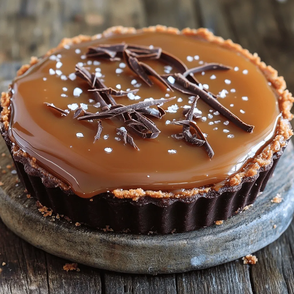 To make a salted caramel chocolate tart, gather these key ingredients: - 1 ½ cups all-purpose flour - 1/2 cup unsweetened cocoa powder - 1/4 cup powdered sugar - 1/2 cup cold unsalted butter, cubed - 1 large egg yolk - 2 tablespoons ice water - 1 cup granulated sugar - 1/2 cup heavy cream - 1/4 cup unsalted butter, diced - 1 teaspoon sea salt (divided) - 8 ounces dark chocolate (60-70% cacao), chopped - 1 teaspoon vanilla extract Each ingredient plays a vital role in the tart's taste and texture. The all-purpose flour and cocoa powder create a rich crust. The powdered sugar adds sweetness. Cold butter ensures a flaky crust. The egg yolk binds the dough, while ice water helps form it. For the salted caramel, granulated sugar transforms into a golden delight. Heavy cream and butter lend richness, while sea salt balances the sweetness. Finally, dark chocolate and vanilla extract combine for a luscious layer. This combination creates a tart that is truly irresistible. For the complete steps to create this dessert, check out the Full Recipe. - In a food processor, combine: - 1 ½ cups all-purpose flour - 1/2 cup unsweetened cocoa powder - 1/4 cup powdered sugar - 1/2 cup cold unsalted butter, cubed Pulse until the mix looks like coarse sand. - Add: - 1 large egg yolk - 2 tablespoons ice water Pulse until the dough forms. If too dry, add water slowly. - Shape the dough into a disc. Wrap it in plastic. Chill for at least 30 minutes. - Preheat your oven to 350°F (175°C). Roll the chilled dough to about 1/4-inch thick. - Carefully fit the dough into a 9-inch tart pan. Prick the base with a fork to prevent bubbling. Bake for 15-18 minutes until set. Cool on a wire rack. - In a medium saucepan, melt: - 1 cup granulated sugar Heat on medium until it turns a deep amber color. Swirl the pan gently as it melts. - Once melted, carefully add: - 1/2 cup heavy cream - 1/4 cup unsalted butter, diced - 1 teaspoon sea salt (divided) The mix will bubble up. Stir until smooth and blended. Set aside to cool slightly. - Place in a heatproof bowl: - 8 ounces dark chocolate (60-70% cacao), chopped - 1 teaspoon vanilla extract - Pour the warm salted caramel over the chocolate. Let it sit for a minute. Stir until it becomes smooth and glossy. - Pour this chocolate-caramel mix into the cooled tart crust. Use a spatula to smooth it out. Sprinkle with the remaining 1/2 teaspoon sea salt. - Chill the tart for at least 2 hours to set. Enjoy slicing it into delicious portions! For the full recipe, check the detailed instructions above. - For a great dough, mix flour, cocoa, and sugar well. Add cold butter until it looks like coarse sand. - If the dough feels too dry, add cold water slowly. Make sure it holds together but isn’t sticky. - Prick the crust with a fork before baking to stop it from bubbling. Bake until firm for a perfect base. - To make good caramel, heat sugar slowly until it turns a deep amber. Don’t stir it; just swirl the pan gently. - When adding heavy cream, do it slowly. The mixture will bubble up, so be careful. Stir in butter and sea salt for flavor. - Watch the sugar closely. If it smells burnt, start over. Perfect caramel should be smooth and shiny. - For a fancy touch, drizzle extra caramel sauce over each slice before serving. - Add a sprinkle of sea salt on top for that salty-sweet balance. - Enhance the look with chocolate shavings or edible flowers. They make your tart stand out and look special. Check the Full Recipe for all the details to make this tart! {{image_4}} You can boost this tart's taste by adding espresso or coffee. Just a tablespoon can make a big difference. It adds a rich depth that balances the sweet caramel. Try different types of chocolate too. Dark chocolate gives a deep flavor. Milk chocolate adds creaminess, while white chocolate offers sweetness. Mix and match to find your favorite combo. If you need a gluten-free option, use almond flour or a gluten-free flour blend. This keeps the crust tasty and safe for everyone. For a dairy-free tart, swap heavy cream with coconut cream. You can also use dairy-free chocolate. Brands now offer great options that melt well and taste yummy. Toppings can take your tart to the next level. Consider adding nuts for crunch. Chopped pecans or walnuts work great. Whipped cream can add a light touch and balance the richness. Fresh fruit like berries or slices of banana can add freshness and color. Get creative and make it your own! To keep your salted caramel chocolate tart fresh, store it in the refrigerator. Use an airtight container or cover it tightly with plastic wrap. This prevents moisture loss and keeps the tart from absorbing other smells in your fridge. It can stay fresh for up to five days. If you want to keep it longer, consider freezing it. You can freeze your salted caramel chocolate tart for longer storage. First, let it cool completely after making it. Once it is cool, wrap it tightly in plastic wrap. Then, place it in a freezer-safe container or bag. This helps avoid freezer burn. The tart can last up to three months in the freezer. When you're ready to serve, take the tart out of the freezer. Leave it in the fridge overnight to thaw slowly. This helps preserve the texture and taste. After thawing, serve it cold for the best flavor. Enjoy your delicious tart! For the full recipe, check out the section above. Making a salted caramel chocolate tart takes about 2.5 hours in total. This includes: - Prep Time: 30 minutes - Chill Time: 2 hours - Bake Time: 15-18 minutes Yes, you can prepare the tart ahead of time. Here are some tips: - Make the tart crust a day before. - Store it in the fridge after cooling. - Prepare the salted caramel the day before, too. - Assemble everything the day you plan to serve it for the best taste. Pair the tart with delicious options: - Beverages: Coffee, tea, or dessert wine - Desserts: Vanilla ice cream or whipped cream - Fruits: Fresh berries or sliced bananas Absolutely! Adjust the sweetness and saltiness by: - Reducing the granulated sugar for a less sweet caramel. - Adding more sea salt to enhance the flavor. - Tasting as you go to find the right balance for you. For the full recipe, check the detailed section above. This blog post covered all you need for a perfect Salted Caramel Chocolate Tart. You learned about essential ingredients, step-by-step instructions, and useful tips. We also explored fun variations and storage methods. Baking is rewarding and fun. Don’t hesitate to try your own twists. Enjoy every bite of your delicious creation!