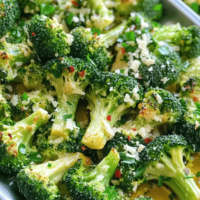 To make Lemon Garlic Roasted Broccoli, gather these items: - 1 large head of broccoli, trimmed and cut into bite-sized florets - 4 cloves of garlic, finely minced - 3 tablespoons extra virgin olive oil - 1 lemon, juiced and zested - 1 teaspoon crushed red pepper flakes - Sea salt and freshly cracked black pepper, to taste - 2 tablespoons freshly grated Parmesan cheese (optional but recommended) - Fresh parsley, finely chopped for garnish If you don’t have certain ingredients, here are some swaps: - You can use any oil, like avocado oil, if you lack olive oil. - For garlic powder, use 1 teaspoon instead of fresh garlic. - If you want a milder taste, skip the red pepper flakes. - Nutritional yeast can replace Parmesan for a vegan option. Fresh broccoli gives the best flavor and texture. It roasts to a nice crisp. Frozen broccoli works in a pinch, but it can be softer. If using frozen, thaw it and drain excess water before roasting. This helps keep the broccoli from becoming soggy. Choosing fresh broccoli will make your dish shine. For the complete recipe, check the Full Recipe section. To make Lemon Garlic Roasted Broccoli, start by preheating your oven to 425°F (220°C). This high heat helps the broccoli turn crispy. Next, take a large head of broccoli and trim it. Cut the broccoli into bite-sized florets. This size helps them cook evenly. In a big bowl, mix the broccoli florets with 4 cloves of finely minced garlic. The garlic adds a strong flavor that pairs well with the broccoli. Now, drizzle 3 tablespoons of extra virgin olive oil over the mix. This oil helps the broccoli brown and get crispy. Add the juice and zest of 1 lemon. The lemon brightens the dish and adds a fresh taste. Then, sprinkle in 1 teaspoon of crushed red pepper flakes for a bit of heat. Season with sea salt and black pepper to taste. Toss everything together well, making sure each piece is coated. Spread the broccoli mixture onto a baking sheet. Lay the florets in a single layer. This helps them roast evenly and get that nice crunch. Place the baking sheet in the oven and roast for 15-20 minutes. For extra flavor, try adding Parmesan cheese. If you want to use it, add 2 tablespoons of freshly grated cheese during the last 2-3 minutes of roasting. This creates a rich, cheesy layer on top of the broccoli. You can also change up the seasonings. Try adding garlic powder or onion powder for more depth. Fresh herbs like thyme or rosemary can add a lovely aroma. Just sprinkle them on before roasting. Watch the broccoli closely towards the end of roasting. You want it to be tender but still crisp. The edges should turn golden brown. This color means the sugars in the broccoli are caramelizing, making it taste sweet. When done, the broccoli should feel soft when you poke it with a fork. If it looks bright green and has crispy edges, it’s ready! Remove it from the oven and let it cool slightly. Serve it warm for the best flavor. For the full recipe, check the earlier section. To get those crispy edges on your broccoli, start by using high heat. Preheat your oven to 425°F (220°C). This temperature helps caramelize the natural sugars in the broccoli. Make sure to cut the florets into similar sizes. This step ensures even cooking. Spread the broccoli out in a single layer on your baking sheet. If the florets are too close, they will steam instead of roast. When mixing, use a large bowl. This gives you room to toss without making a mess. Add the minced garlic and olive oil first; they coat the broccoli best this way. Squeeze in fresh lemon juice for that zesty flavor. After adding spices, use your hands or a spatula to mix gently. You want every floret to be well-coated without breaking them apart. This method helps the flavors stick and ensures a tasty bite every time. Pick a sturdy, rimmed baking sheet for roasting. A heavy sheet will help the heat circulate better. Avoid non-stick sheets, as they can trap moisture. Instead, use a metal or aluminum sheet. If you have a lined sheet, use parchment paper. This helps with easy cleanup and adds to the crispiness. Remember to avoid overcrowding. If needed, roast in batches to achieve that perfect golden-brown finish. For the complete recipe, check out the Full Recipe. {{image_4}} You can mix in other veggies for a fun twist. Try adding bell peppers for sweetness or carrots for crunch. Cauliflower works well too. Cut them to the same size as the broccoli. This way, they all roast evenly. Each vegetable brings its own taste and texture. You can create a colorful and tasty medley that everyone will love. Spices and herbs can elevate your dish. For a warm kick, add smoked paprika. If you love fresh flavors, try thyme or oregano. You can even toss in some cumin for an earthy note. Just remember to balance the spices with the lemon and garlic. This will keep the dish bright and flavorful. Experiment and find your favorite mix! Making this dish for different diets is easy. It’s already vegan and gluten-free! To keep it vegan, skip the Parmesan cheese or use a plant-based alternative. You can also enhance the flavor with nutritional yeast. This gives a cheesy taste without dairy. Enjoy this versatile dish, no matter your dietary needs. Check out the Full Recipe for more ideas! To keep your leftover Lemon Garlic Roasted Broccoli fresh, place it in an airtight container. Let it cool first to prevent steam. Store it in the fridge for up to 3 days. If you want to keep it longer, freezing is a great option. When you’re ready to enjoy your leftovers, reheating them properly is key. The best way is to use the oven. Preheat your oven to 350°F (175°C). Place the broccoli on a baking sheet and heat for about 10 minutes. This method helps keep the broccoli crispy. You can also use a microwave, but it may make the broccoli soft. If you use the microwave, heat it in short bursts, stirring in between. If you want to freeze your broccoli, first blanch it. Boil water and add the broccoli for 2-3 minutes. Then, quickly place it in ice water to stop cooking. Drain and dry it well. Pack the broccoli in freezer bags, removing as much air as possible. It can last up to 3 months in the freezer. When ready to use, just roast it directly from frozen. This will keep its flavor and texture intact. For the full recipe, check out the detailed steps above. To boost the flavor of Lemon Garlic Roasted Broccoli, try adding more spices. You can mix in smoked paprika or cumin for an extra kick. Fresh herbs like thyme or rosemary work well too. A splash of balsamic vinegar can add depth and sweetness. You can also marinate the broccoli in the olive oil and lemon juice for 30 minutes before roasting. This gives the flavors time to blend and soak into the broccoli. Yes, you can make this dish ahead of time! You can prep the broccoli and season it a day before. Just store it in the fridge in an airtight container. When you’re ready, roast it straight from the fridge. This saves time on busy days and helps the flavors meld together. Lemon Garlic Roasted Broccoli pairs great with grilled chicken or fish. It also goes well with pasta dishes, especially those with cream or lemon sauces. Try serving it alongside quinoa or rice for a complete meal. This dish complements any hearty protein, making it a versatile side. For more ideas, check out the full recipe for additional pairings! In this article, we covered key ingredients for Lemon Garlic Roasted Broccoli, plus great substitutes. You learned step-by-step prep and how to roast to perfection. I shared tips for crispy edges and the best baking sheet choices. Variations offer options for every diet. Finally, we discussed storage and reheating methods to keep your dish fresh. Enjoy creating this tasty dish! It’s simple to make and sure to please.