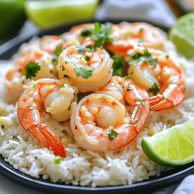 - 1 lb shrimp (peeled and deveined) - 1 cup jasmine rice - 1 1/2 cups coconut milk - 4 cloves garlic (minced) - 1 tablespoon olive oil - 1 tablespoon butter - 1/2 teaspoon red pepper flakes - Salt and pepper to taste - Fresh cilantro leaves (for garnish) - Lime wedges (for serving) When I start making garlic shrimp and rice, I gather the main ingredients first. The shrimp should be peeled and deveined for easy cooking. Jasmine rice adds a lovely aroma and texture to the dish. Coconut milk brings a creamy richness that pairs well with shrimp. Next, I focus on flavor enhancers. Garlic is a must for this recipe. It gives the dish a strong, savory taste. Olive oil and butter work together to create a tasty base for the shrimp. Red pepper flakes add just the right amount of heat. Don't forget to season with salt and pepper for a balanced flavor. Finally, garnishing gives the dish a bright finish. Fresh cilantro adds color and freshness. Lime wedges provide a zesty kick that brightens each bite. Together, these ingredients create a delicious and quick meal. You can find the full recipe and more tips to make this dish shine. Start by rinsing jasmine rice under cold water. Rinse until the water runs clear. This step removes extra starch. Drain the rice well. Next, combine the rinsed rice with 1 1/2 cups of coconut milk in a medium saucepan. This will add creaminess to the dish. Place the saucepan over medium heat. Bring the mixture to a gentle boil. Once it boils, reduce the heat to low. Cover the saucepan with a lid. Let it simmer for 15-18 minutes. The rice will become tender, and the coconut milk will absorb. While the rice cooks, prepare the garlic shrimp. Heat 1 tablespoon of olive oil and 1 tablespoon of butter in a large skillet over medium-high heat. Wait for the butter to melt and bubble. Then, add 4 cloves of minced garlic and 1/2 teaspoon of red pepper flakes. Sauté for about 1 minute. The garlic should smell fragrant, but don’t let it burn. Now, add 1 pound of peeled and deveined shrimp to the skillet. Cook the shrimp for 3-4 minutes. They should turn pink and opaque. Stir occasionally, and season with salt and pepper to taste. Once done, remove the skillet from heat and set it aside. After cooking, fluff the coconut rice with a fork. This makes the grains separate nicely. Divide the rice among serving plates. Top each plate with the garlic shrimp and any sauce left in the skillet. For a fresh touch, garnish with cilantro leaves. Serve with lime wedges on the side for a zesty kick. For the full recipe, check the details above. Enjoy your flavorful meal! To get tender shrimp, avoid overcooking them. Overcooked shrimp turn rubbery and tough. Cook the shrimp for just 3-4 minutes. They should turn pink and opaque. Use medium-high heat for searing. This heat cooks the shrimp quickly and evenly. Keep an eye on them as they cook. Garlic adds great flavor, but it can burn fast. For perfect rice, use a fork to fluff it. This keeps the grains separate. Right after cooking, let the rice rest for five minutes. This step helps the rice finish cooking and absorb steam. After resting, fluff it gently. This will give you a light and airy texture. To store leftovers, place shrimp and rice in airtight containers. They last well in the fridge for 3-4 days. For longer storage, freeze them. When reheating, use low heat to keep shrimp tender. Add a splash of water or broth to the pan. This keeps the dish moist and flavorful. For the best taste, reheat on the stove. Avoid the microwave if you can. It can make shrimp rubbery. For the Full Recipe, check the section above! {{image_4}} You can switch up the protein in this dish. Try using chicken or tofu instead of shrimp. Both options work great and have their own unique flavors. If you want to change the rice, consider using brown rice or quinoa. These grains add different textures and health benefits to your meal. Adding vegetables can boost nutrition and taste. Bell peppers and snap peas add color and crunch. You can also spice things up with curry powder or ginger. These spices bring warmth and depth to the dish, making each bite exciting. For a smoky flavor, try grilling the shrimp. This method adds a char that enhances the taste. You can also use a rice cooker for a simple and easy cooking method. The rice cooker takes the guesswork out of cooking rice, leaving you free to focus on the shrimp. Remember to check out the Full Recipe for more details on how to make this dish! You can store leftover garlic shrimp and rice in the fridge. Keep it in an airtight container. The dish stays fresh for up to three days. If you want to keep it longer, freeze it. Use a freezer-safe bag or container. Label it with the date. It can last up to three months in the freezer. To reheat your meal, the best method is using a skillet. Heat it on low to medium heat. Add a splash of water or broth to keep it moist. Stir gently to warm everything evenly. You can also use the microwave. Place the dish in a microwave-safe bowl. Add a few drops of water. Cover it with a lid or damp paper towel. Heat in short bursts, stirring in between. To avoid rubbery shrimp, do not overheat. Shrimp cooks fast, so keep an eye on it. If it gets too hot, it will toughen up. Aim for just warm, not hot. Enjoy your delicious meal again without losing flavor! Cooking garlic shrimp and rice takes about 30 minutes in total. You will spend 10 minutes prepping and 20 minutes cooking. First, rinse the rice and prepare the shrimp. Then, cook the rice for around 15-18 minutes while you sauté the shrimp. This quick meal is perfect for busy days. Yes, you can use frozen shrimp. Just make sure to thaw them before cooking. You can place them in cold water for about 15-20 minutes. Once they are thawed, peel and devein them if needed. This will save you time but still give you great flavor. There are many options you can serve with garlic shrimp and rice. Some great side dishes include: - Steamed vegetables (like broccoli or green beans) - A fresh salad with lemon dressing - Garlic bread for extra flavor - A chilled white wine or sparkling water to drink These choices will complement your meal well. This recipe is great for meal prep. You can cook the shrimp and rice in advance and store them separately in airtight containers. They will last in the fridge for up to three days. Just reheat the shrimp and rice in a pan or microwave before serving. This makes it easy to enjoy a tasty meal all week long! This blog post covered the key ingredients and steps for making garlic shrimp and rice. You learned how to achieve tender shrimp, perfectly fluffy rice, and creative variations. Meal prep tips and storage advice ensure you can savor this dish later. Always remember, cooking should be both fun and delicious. Enjoy experimenting with flavors and ingredients. Your kitchen is a place to create, so dive in and cook with confidence!