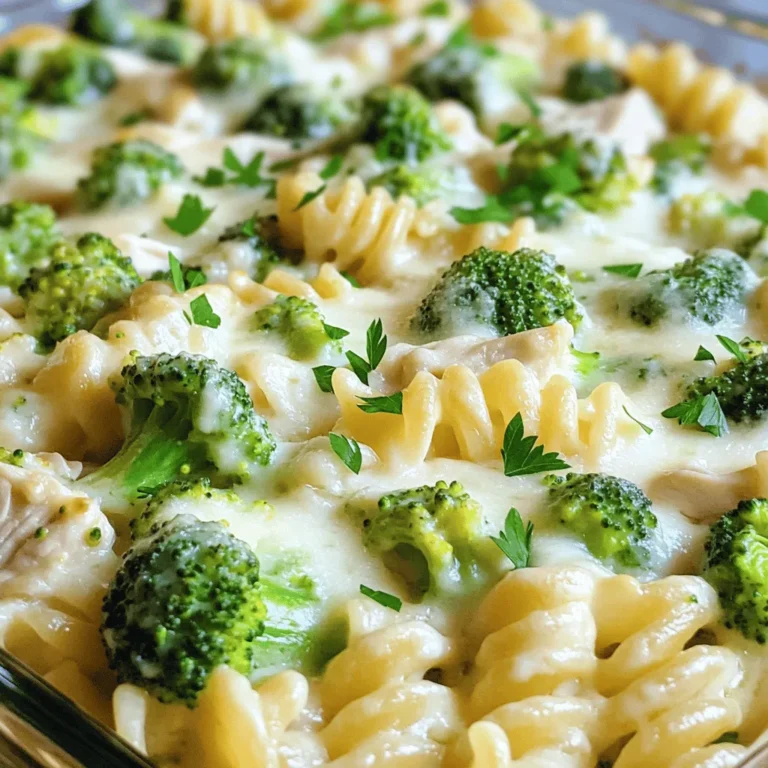 To make a delicious Chicken and Broccoli Alfredo Casserole, you will need: - 2 cups cooked rotini pasta - 2 cups cooked chicken, shredded - 2 cups broccoli florets, steamed - 1 cup Alfredo sauce (store-bought or homemade) - 1 cup shredded mozzarella cheese - 1/2 cup grated Parmesan cheese - 1 teaspoon garlic powder - 1/2 teaspoon onion powder - Salt and pepper to taste - 1/4 teaspoon red pepper flakes (optional, for a hint of heat) - 1 tablespoon olive oil (for greasing the casserole dish) - Fresh parsley, chopped (for garnish) You can customize this recipe to fit your taste. Here are some ideas: - Use penne pasta instead of rotini for a different shape. - Swap the chicken for turkey or even shrimp for a seafood twist. - Try adding sliced mushrooms or bell peppers for extra veggies. - Cream cheese can add richness if you want a creamier sauce. - Use low-fat cheese for a lighter option, if desired. Choosing good ingredients makes a big difference. Here’s what to look for: - Chicken: Use fresh, high-quality chicken for the best flavor. - Broccoli: Pick bright green, firm florets for sweetness and crunch. - Pasta: Choose whole grain pasta for added fiber and nutrients. - Cheese: Grate your own cheese for better melting and taste. - Alfredo Sauce: If using store-bought, check for natural ingredients. When you gather your ingredients, remember they set the stage for your casserole. Enjoy the process, and let your creativity shine! For the complete recipe, check out the Full Recipe. First, you need to preheat your oven to 350°F (175°C). This step is key for even cooking. While the oven heats, grab a 9x13-inch casserole dish. Lightly grease it with olive oil. This helps keep the casserole from sticking. Next, take a large mixing bowl. Combine 2 cups of cooked rotini pasta, 2 cups of shredded chicken, and 2 cups of steamed broccoli florets. These three ingredients form the base of your dish. Then, pour in 1 cup of Alfredo sauce. This adds creaminess. Season with 1 teaspoon of garlic powder, 1/2 teaspoon of onion powder, salt, and pepper. If you like spice, add 1/4 teaspoon of red pepper flakes. Stir gently until everything is well mixed. Now, transfer the mixture into your greased casserole dish. Spread it out evenly. This helps it cook nicely. Next, sprinkle 1 cup of shredded mozzarella cheese and 1/2 cup of grated Parmesan cheese on top. Cover the dish with aluminum foil. Place it in the oven and bake for 20 minutes. This lets the flavors blend together. After 20 minutes, remove the foil. Bake for another 10-15 minutes. You want the cheese to be bubbly and golden brown. Once done, take it out and let it cool for a few minutes. Before serving, sprinkle fresh parsley on top for a nice touch. Enjoy your delicious Chicken and Broccoli Alfredo Casserole! For more details, check out the Full Recipe. Many people make mistakes when baking casseroles. Here are some to watch for: - Overcooking the Pasta: Always cook your pasta al dente. It will soften more in the oven. - Skipping Seasoning: Don’t forget to add salt and pepper. It makes a big difference! - Not Greasing the Dish: Grease the casserole dish well. This helps prevent sticking. - Baking with Foil Too Long: Remove the foil to let the cheese brown. You want that golden crust! If you want your casserole to be extra creamy, try these hacks: - Use Homemade Alfredo Sauce: Making your own sauce adds fresh flavors. - Add Cream Cheese: Mixing in cream cheese boosts creaminess and flavor. - Include Extra Cheese: Load more mozzarella or a blend of cheeses for a rich taste. - Mix in Sour Cream: A dollop of sour cream can add tang and creaminess. Serving your casserole well makes it more inviting. Here are some ideas: - Garnish with Parsley: Fresh parsley adds color and flavor. - Use a Colorful Dish: A bright casserole dish enhances the visual appeal. - Serve with a Side Salad: A fresh salad balances the richness of the casserole. - Offer Extra Cheese: Serve grated cheese on the side for those who want more! For the full recipe, check out the detailed instructions to create this delightful dish. {{image_4}} You can easily make a vegetarian version of this dish. Just skip the chicken and use more veggies. Great choices are mushrooms, bell peppers, or zucchini. These add flavor and texture. You can also use a plant-based Alfredo sauce for a creamy touch. This makes the dish filling and tasty without meat. If you need a gluten-free option, switch to gluten-free pasta. Many brands offer great choices that taste just as good. Check the labels to ensure they are truly gluten-free. You can also make your own Alfredo sauce using cornstarch or gluten-free flour. This keeps the creamy texture while avoiding gluten. You can swap chicken for other proteins. Shrimp adds a sweet, ocean flavor. Cook them quickly on the stove before adding them to the mix. Turkey is another great choice. It works well if you have leftovers from Thanksgiving. Just shred it like chicken and mix it in. Each protein changes the dish and keeps it exciting. For more details, check the Full Recipe. To keep your chicken and broccoli Alfredo casserole fresh, let it cool first. Then, place it in an airtight container. This will help keep it moist and tasty. You can store it in the fridge for up to three days. Make sure to cover it well to avoid drying out. When you want to enjoy your leftovers, preheat your oven to 350°F (175°C). Place the casserole in an oven-safe dish. Cover it with foil to keep it from drying out. Heat for about 20 minutes or until it is hot all the way through. You can also reheat it in the microwave. Just cover it and heat it for a few minutes, stirring halfway. For longer storage, you can freeze the casserole. First, let it cool completely. Then, wrap it tightly in plastic wrap, followed by foil. This will help prevent freezer burn. You can freeze it for up to three months. When you’re ready to eat it, thaw it overnight in the fridge. Reheat it in the oven for the best flavor. For the full recipe, check the section above. To make Chicken and Broccoli Alfredo Casserole from scratch, follow these steps: 1. Preheat the oven to 350°F (175°C). 2. Mix your main ingredients: Combine 2 cups of cooked rotini pasta, 2 cups of shredded chicken, and 2 cups of steamed broccoli in a large bowl. 3. Add the sauce: Pour in 1 cup of Alfredo sauce. Season with 1 teaspoon of garlic powder, 1/2 teaspoon of onion powder, salt, and pepper. Stir well. 4. Prepare the dish: Grease a 9x13-inch casserole dish with 1 tablespoon of olive oil. 5. Transfer the mix: Spread the mixture evenly in the dish. 6. Top with cheese: Sprinkle 1 cup of shredded mozzarella and 1/2 cup of grated Parmesan on top. 7. Bake: Cover with foil and bake for 20 minutes. Remove foil and bake for an additional 10-15 minutes until bubbly and golden. 8. Serve: Let it cool, then garnish with fresh parsley. Enjoy your delightful dish! Yes, you can use frozen broccoli! Just thaw and drain it before adding it to your mix. This saves time and works well. Frozen broccoli is also nutritious and convenient. It often tastes just as good as fresh broccoli when cooked in the casserole. Absolutely! You can prepare the casserole a day ahead. Mix all the ingredients and store it in the fridge. Just cover it tightly with plastic wrap or foil. When you're ready, bake it as directed. If it's cold from the fridge, it may need a little extra baking time to heat through. This makes dinner planning easier and saves you time on busy nights. For the full recipe, check out the detailed steps above. In this blog post, we covered the key ingredients and steps to make Chicken and Broccoli Alfredo Casserole. You learned about optional ingredients, tips for choosing fresh items, and common mistakes to avoid. We also shared variations, storage tips, and answers to common questions. Making this dish is easy and fun. With the right ingredients and method, you’ll impress everyone at your table. Try it out and enjoy every bite!