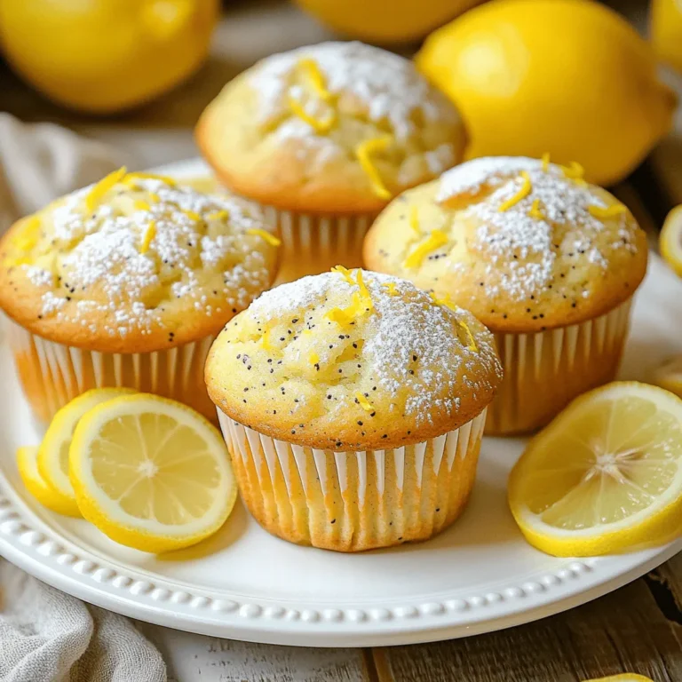 To make lemon poppy seed muffins, you need some key ingredients. Here’s what to gather: - 1 ½ cups all-purpose flour - ½ cup granulated sugar - 2 tablespoons poppy seeds - 2 teaspoons baking powder - ½ teaspoon baking soda - ¼ teaspoon salt - 1 large egg - 1 cup buttermilk - 1/3 cup vegetable oil - Zest of 1 lemon - 2 tablespoons freshly squeezed lemon juice - ½ teaspoon vanilla extract These ingredients create a bright and fluffy muffin. The lemon zest and juice give a fresh kick. The poppy seeds add a nice crunch. You can add some fun flavors to your muffins. Here are a few ideas: - Blueberries for a fruity twist - Chopped nuts like walnuts or almonds - A sprinkle of coconut for sweetness - Lemon glaze for a sweeter finish These add-ins can enhance the taste and texture. They also make your muffins unique. Sometimes you may not have all the ingredients. Here are some great substitutes: - Replace buttermilk with regular milk mixed with vinegar. - Use whole wheat flour instead of all-purpose flour for more fiber. - Swap vegetable oil with melted coconut oil for a different flavor. - If you don’t have poppy seeds, try sesame seeds for a similar crunch. These substitutes keep your muffins tasty even when you're missing items. You can still enjoy making this fun recipe! First, heat your oven to 375°F (190°C). This warm temperature helps the muffins rise well. Next, prepare your muffin tin. You can line it with paper liners or use cooking spray. This step keeps your muffins from sticking. In a large bowl, mix the dry ingredients. Combine 1 ½ cups of all-purpose flour, ½ cup of sugar, 2 tablespoons of poppy seeds, 2 teaspoons of baking powder, ½ teaspoon of baking soda, and ¼ teaspoon of salt. Whisk them together until everything is well blended. This helps distribute the ingredients evenly. In another bowl, crack one large egg and whisk it lightly. Then add 1 cup of buttermilk, 1/3 cup of vegetable oil, the zest of 1 lemon, 2 tablespoons of lemon juice, and ½ teaspoon of vanilla extract. Mix these wet ingredients until they are smooth. This creates a rich flavor base for your muffins. Now, pour the wet ingredients into the dry mix. With a spatula or wooden spoon, gently fold them together. Mix until just combined. It’s okay to have some lumps; they keep the muffins tender. Be careful not to overmix. Scoop the batter into the muffin cups. Fill each cup about two-thirds full. This space allows the muffins to rise nicely. Place the muffin tin in the preheated oven. Bake for 15 to 18 minutes. To check if they are done, insert a toothpick into a muffin. It should come out clean. After baking, let the muffins cool in the pan for about 5 minutes. Then, move them to a wire rack. This cooling step keeps the muffins fluffy. For a nice touch, you can dust them with powdered sugar. Serve with fresh lemon slices for a charming presentation. Enjoy with your favorite drink! To bake the best lemon poppy seed muffins, follow these tips: - Preheat your oven to ensure even baking. - Use fresh ingredients, especially lemons and baking powder. - Measure flour correctly by spooning it into the cup and leveling it off. - Don’t overmix the batter. This keeps your muffins soft and fluffy. - Fill muffin cups about two-thirds full for a nice rise. Here are some common mistakes to watch out for: - Skipping the buttermilk can make muffins dry. - Using cold ingredients can affect the batter's texture. - Baking at the wrong temperature can lead to uneven muffins. - Not checking for doneness can result in undercooked or overcooked muffins. To boost flavors in your muffins, try these ideas: - Add more lemon zest for a stronger citrus taste. - Mix in berries like blueberries for a sweet twist. - Include nuts like walnuts for crunch. - Experiment with spices like cinnamon or nutmeg for warmth. For the full recipe, check out the complete guide on baking these delightful muffins! {{image_4}} You can make gluten-free lemon poppy seed muffins easily. Just swap all-purpose flour with a gluten-free blend. Look for a blend that contains xanthan gum. This will help your muffins hold together well. You can follow the same steps in the full recipe. The muffins will still taste bright and fresh. If you want vegan muffins, use plant-based ingredients. Replace the egg with a flaxseed meal mixture. Mix one tablespoon of flaxseed meal with three tablespoons of water. Let it sit for five minutes until it thickens. For buttermilk, use almond milk or soy milk with one tablespoon of vinegar. Your muffins will still be fluffy and flavorful. You can jazz up your muffins by adding fruits or nuts. Blueberries or raspberries work great for a fruity twist. Simply fold in one cup of berries into the batter. For a nutty crunch, add chopped walnuts or almonds. Use about half a cup of nuts. These additions make your muffins even more special and delicious! To keep your lemon poppy seed muffins fresh, store them in an airtight container. You can place them at room temperature for up to three days. If you want to keep them longer, move them to the fridge. Refrigerated muffins can last about a week. Make sure to wrap them well to keep moisture in. Freezing muffins is simple and effective. First, cool the muffins completely. Then, wrap each muffin in plastic wrap. Place the wrapped muffins in a freezer bag. They can last up to three months in the freezer. When you’re ready to enjoy them, just take out the desired number and let them thaw at room temperature. To reheat your lemon poppy seed muffins, use the oven or microwave. For the oven, preheat it to 350°F (175°C). Place the muffins on a baking sheet and warm them for about 5-10 minutes. If you use the microwave, heat each muffin for about 15-20 seconds. This will make them warm and soft again, just like fresh! For the full recipe, check out the main article. Yes, you can use regular milk. To mimic buttermilk, add 1 tablespoon of vinegar to 1 cup of milk. Let it sit for 5 minutes. This works great in your lemon poppy seed muffins, giving them a moist texture. To reduce sweetness, cut back on sugar. Try using only 1/3 cup of granulated sugar instead of 1/2 cup. You can also add more lemon zest or juice for a tart flavor. This adds a nice balance to your muffins. The best way to check is to use a toothpick. Insert it into the center of a muffin. If it comes out clean or with a few crumbs, your muffins are done. This simple test helps avoid overbaking. To make a lemon glaze, mix 1 cup of powdered sugar with 2 tablespoons of freshly squeezed lemon juice. Stir until smooth. Drizzle this glaze over the cooled muffins for a sweet, tangy finish. It’s a lovely touch for your lemon poppy seed muffins. This blog post shared key steps for making lemon poppy seed muffins. We covered the essential ingredients, prepping your kitchen, and tips for perfect baking. I also shared variations like gluten-free and vegan options. Storing and reheating tricks keep your muffins fresh. Making these muffins is fun and rewarding. With these tips, you can bake delicious treats that everyone will love. Enjoy the process and happy baking!