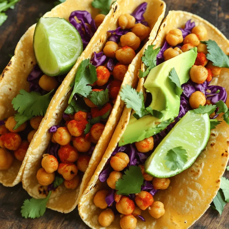 To make spicy chickpea tacos, you need some key items. Here is what you will need: - 1 can (15 oz) chickpeas, thoroughly drained and rinsed - 2 tablespoons extra virgin olive oil - 1 teaspoon ground chili powder - 1 teaspoon ground cumin - 1/2 teaspoon smoked paprika - 1/4 teaspoon cayenne pepper - Sea salt and freshly cracked black pepper to taste - 8 small corn or flour tortillas - 1 ripe avocado, sliced into thin pieces - 1 cup finely shredded purple cabbage - Fresh cilantro leaves for garnish - Lime wedges for serving These ingredients create a tasty and spicy base for your tacos. The spices bring warmth and depth, while the chickpeas offer a great source of protein and fiber. You can add some unique touches to your tacos. Here are some ideas: - Diced tomatoes for freshness - Sliced jalapeños for extra heat - A dollop of sour cream or yogurt for creaminess - Shredded cheese for richness - Corn or black beans for more texture Feel free to mix and match these extras. They can elevate your tacos to a whole new level. Chickpeas are not just tasty; they are also very healthy. Here are some benefits: - High in protein, which helps build muscle - Rich in fiber, aiding in digestion - Contain vitamins and minerals like iron and magnesium - Low in fat, making them a great choice for heart health Including chickpeas in your diet can support your overall health. They are a smart ingredient in any meal. For the full recipe, check the [Full Recipe]. Start by opening a can of chickpeas. Drain and rinse them well. In a bowl, use a fork or potato masher to gently mash the chickpeas. Leave some chunks for texture. You want them slightly broken but not a paste. This will help them stay firm while cooking. Heat 2 tablespoons of extra virgin olive oil in a skillet over medium heat. Once the oil shimmers, add the mashed chickpeas. Sprinkle in the spices: 1 teaspoon of chili powder, 1 teaspoon of cumin, 1/2 teaspoon of smoked paprika, and 1/4 teaspoon of cayenne pepper. Add sea salt and black pepper to taste. Stir well to coat all the chickpeas. Cook for about 5 to 7 minutes. This will make the spices fragrant and the chickpeas slightly crispy. While the chickpeas cook, warm the tortillas in another skillet for about 30 seconds on each side. You can also heat them in the oven. Once the chickpeas are ready, spoon a generous amount onto each tortilla. Top with sliced avocado, shredded purple cabbage, and fresh cilantro. Serve with lime wedges on the side. This adds a zesty touch just before eating. For the full recipe, check out the complete guide! To make your spicy chickpea tacos pop, use a mix of spices. I love pairing chili powder with cumin for a warm base. Adding smoked paprika brings a nice depth. If you want more heat, cayenne pepper is the way to go. You can also try adding garlic powder or onion powder for extra flavor. Experiment until you find your favorite blend. Warming your tortillas is key to a great taco. You can heat them in a skillet, about 30 seconds on each side. This keeps them soft and pliable. Alternatively, stack them, wrap in foil, and warm in the oven. If you prefer a crispy texture, try frying them lightly in oil. Just be careful not to overcook them! Serving matters! Place your tacos on a large platter. Add lime wedges and fresh cilantro for color. You can even include cherry tomatoes or sliced radishes for a vibrant touch. This not only looks great but also invites your guests to dig in. For a fun twist, serve with a side of salsa or guacamole to enhance the flavor. Enjoy the Full Recipe for more tips! {{image_4}} You can turn your spicy chickpea tacos into a taco bowl. Start with a base of rice or quinoa. Then, add your chickpea mixture on top. Pile on shredded cabbage, avocado, and cilantro. This bowl offers a fun twist on the classic taco. You could also add salsa or hot sauce for extra flavor. Feel free to mix in different proteins or veggies. You can add cooked chicken, beef, or shrimp if you want. For a veggie boost, try bell peppers, corn, or zucchini. These options add variety and nutrition to your meal. You can also swap chickpeas for black beans or lentils for a new taste. Making this dish gluten-free is easy. Just use corn tortillas instead of flour ones. They are tasty and safe for those with gluten issues. This recipe is already vegan, so you can enjoy it as is. To enhance flavors, add avocado or a vegan sour cream. These small changes can make a big difference in taste and texture. For the full recipe, check out the earlier sections. To store leftover chickpeas, place them in a clean, airtight container. Make sure the lid seals tightly. You can keep them in the fridge for up to three days. If you want to store them for longer, freeze the chickpeas. They will last for about three months in the freezer. Just remember to label your container with the date. This helps you keep track of freshness. Reheating your tacos is easy! You can microwave them for about 30 seconds. Make sure to cover them with a damp paper towel. This keeps the tortillas soft. If you prefer a crispier taco, reheat them in a skillet. Heat the skillet on medium and warm each taco for about one minute on each side. This way, you keep that delicious crunch! For storing your ingredients, glass containers are best. They are safe, durable, and help keep food fresh. You can also use plastic containers, but make sure they are BPA-free. Small jars work well for spices and herbs. Label each container so you can find what you need quickly. Keep everything in a cool, dry place for the best results. For a full recipe, check the Spicy Chickpea Tacos section. You can make chickpea tacos spicier by adding more cayenne pepper. Start with 1/2 teaspoon and adjust to your heat level. You can also use hot sauce for an extra kick. Another idea is to add chopped jalapeños or serrano peppers. These fresh peppers bring heat and flavor. If you love smoky flavors, try adding chipotle powder. This will give your tacos a nice depth. Yes, you can prepare chickpea tacos in advance. I suggest cooking the chickpeas and storing them in an airtight container. Keep the tortillas and toppings separate until ready to serve. This way, everything stays fresh. You can store the chickpea mixture in the fridge for up to three days. Just reheat it before serving. Fresh toppings like avocado and cilantro should be added last. Spicy chickpea tacos pair well with many sides. You could serve them with rice or quinoa for a filling meal. A fresh salad adds brightness and crunch. Try a simple cabbage slaw or a corn salad. You might also enjoy salsa or guacamole on the side. For drinks, consider a refreshing limeade or a cold beer. This will balance the spice and add flavor. For the full recipe, check out the detailed instructions above. In this post, we covered how to make spicy chickpea tacos. We explored essential ingredients and their health benefits. You learned step-by-step instructions for preparing and cooking chickpeas, assembling tacos, and customizing them. We shared tips for seasoning, tortilla methods, and serving ideas. Variations included taco bowls and gluten-free options. Finally, we discussed how to store leftovers effectively. These tacos are fun, tasty, and good for you. Ready to enjoy your homemade spicy chickpea tacos?
