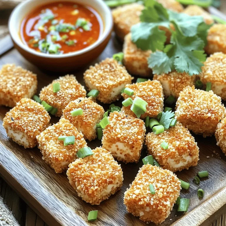 - Firm tofu (14 oz, pressed and cubed) - Panko breadcrumbs (1 cup) - Cornstarch (1/4 cup) - Soy sauce (1 tablespoon) - Nutritional yeast (optional, 1 tablespoon) - Garlic powder (1 teaspoon) - Onion powder (1 teaspoon) - Dried oregano (1 teaspoon) - Salt and freshly ground black pepper - Air fryer - Mixing bowls - Cooking spray When making crispy air fryer tofu nuggets, the right ingredients matter. Start with firm tofu. Firm tofu holds its shape well and gives a satisfying bite. Press it to remove extra moisture. This step is crucial. It helps the tofu absorb sauces and seasonings better. Next, panko breadcrumbs add crunch. They are lighter than regular breadcrumbs. This texture makes your nuggets crispy and fun to eat. The cornstarch helps create a crispy coating. For seasonings, soy sauce gives a rich flavor. Nutritional yeast adds a cheesy taste, but it is optional. Garlic powder and onion powder enhance the savory notes. Dried oregano adds a nice herbal touch. Always season with salt and pepper to taste. Gather your cooking supplies. An air fryer is key for even cooking and crispiness. Mixing bowls help combine ingredients well. Don't forget cooking spray! It ensures a golden crust on your tofu nuggets. For the full recipe, check the detailed instructions above. Happy cooking! - Preheat air fryer to 400°F (200°C). This helps the nuggets get crispy. - Toss cubed tofu in soy sauce. Make sure every piece is well-coated. - Combine dry ingredients in a bowl. Use panko, cornstarch, and spices. - Coat each tofu cube in the breadcrumb mixture. Press gently to stick well. - Arrange nuggets in a single layer in the air fryer. Space is key for even cooking. - Mist with cooking spray and cook for 12-15 minutes. Shake the basket halfway for best results. Enjoy your crispy air fryer tofu nuggets! Check out the Full Recipe for more tips. To get crispy tofu nuggets, preheat your air fryer to 400°F (200°C). This helps the nuggets cook evenly and become perfectly crunchy. While cooking, use cooking spray. A light mist on the nuggets before frying ensures they get that golden finish. You can change the taste of your tofu nuggets easily. Swap the seasonings for different flavors. Try adding chili powder for heat or smoked paprika for a rich flavor. You can also use other types of breadcrumbs. Regular breadcrumbs or crushed cornflakes can work well. Pair your crispy nuggets with tasty dipping sauces. Sweet chili sauce or spicy mayo works great. For a fun presentation, garnish your dish with fresh cilantro or thinly sliced green onions. This adds color and makes your meal look appealing. Try these tips, and your tofu nuggets will impress everyone! {{image_4}} You can easily make this recipe vegan. If you want to skip the nutritional yeast, that’s fine. The tofu will still taste great. You can also change the seasonings to fit your taste. Try using paprika, cumin, or even curry powder for a unique twist. If you need a gluten-free snack, swap the regular breadcrumbs for gluten-free ones. You should also check the soy sauce. Some brands add gluten, so look for a gluten-free option. This way, everyone can enjoy your crispy tofu nuggets. Feel free to mix in some veggies or spices. Chopped bell peppers or green onions can add a nice crunch. You could also use cheese alternatives. Adding these can create an extra layer of flavor and keep things exciting. To store your crispy air fryer tofu nuggets, let them cool down first. Place them in an airtight container. This keeps them fresh and tasty. They can last in the fridge for 3 to 4 days. Make sure to check for any signs of spoilage before eating. You can freeze cooked tofu nuggets if you want to save some for later. Arrange them in a single layer on a baking sheet. Freeze them for about 1 hour until solid. Then, transfer them to a freezer bag or container. They can stay in the freezer for up to 3 months. When you want to eat them, thaw them in the fridge overnight. To keep your nuggets crispy, use an air fryer or an oven to reheat them. Preheat the air fryer to 350°F (175°C) and cook for about 5 to 7 minutes. If using an oven, place them on a baking sheet and heat at 350°F (175°C) for 10 to 15 minutes. Avoid using a microwave, as it can make them soggy. Enjoy your crispy air fryer tofu nuggets again! To make sure your air fryer tofu nuggets are crispy, follow these tips: - Press your tofu: Remove excess moisture by pressing your tofu. This helps it soak up flavors and become crispier. - Use panko breadcrumbs: Panko gives a better crunch than regular breadcrumbs. - Preheat the air fryer: Always preheat your air fryer to 400°F (200°C) before cooking. This step is key for crispiness. - Don't overcrowd the basket: Place nuggets in a single layer, leaving space between them. This ensures hot air can circulate. - Mist with cooking spray: A light spray helps create a golden, crispy surface. - Shake halfway through: Give the basket a shake halfway through cooking for even crispiness. Yes, you can use different types of tofu for this recipe: - Firm tofu: This works best for nuggets. It holds its shape and crisps well. - Extra firm tofu: This is also a great choice. It will be very crispy and satisfying. - Silken tofu: I do not recommend this type for nuggets. It will crumble and not hold its shape during cooking. To add some heat to your tofu nuggets, try these suggestions: - Add cayenne pepper: Mix cayenne pepper into your breadcrumb mixture for a kick. - Use spicy sauce: Toss the tofu in a spicy sauce before coating with breadcrumbs. - Include chili powder: Mix chili powder into your dry ingredients for a warm flavor. - Serve with hot sauce: Pair your nuggets with a spicy dipping sauce like sriracha or hot chili sauce. For the full recipe and more details on making crispy air fryer tofu nuggets, check out the [Full Recipe]. These tofu nuggets are easy and fun to make. You prep the tofu, coat it, and air fry it for a tasty snack. You can adjust the seasonings and even use different breadcrumbs for variety. Store leftovers well for later enjoyment. In the end, these nuggets are a great meal or snack choice. Explore different flavors and share them with friends. Enjoy your cooking adventures!
