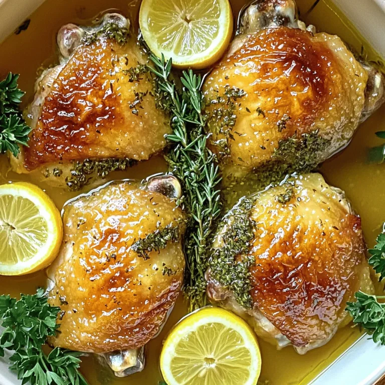 - 4 bone-in, skin-on chicken thighs - 2 tablespoons extra virgin olive oil - 3 cloves garlic, finely minced - 1 tablespoon fresh rosemary, finely chopped - 1 tablespoon fresh thyme leaves, chopped - 1 teaspoon dried oregano - 1 teaspoon smoked paprika - Salt and freshly cracked black pepper, to taste - 1 lemon, thinly sliced - 1 cup chicken broth (or low-sodium broth for a lighter option) The main stars of this dish are the chicken thighs. They have great flavor and stay juicy when cooked. The skin adds crispiness, which everyone loves! I like to use fresh herbs like rosemary and thyme. They bring a strong, earthy taste that blends well with garlic and olive oil. Smoked paprika adds a hint of warmth. Salt and pepper enhance all these flavors. - Fresh parsley - Additional vegetables for roasting For garnish, fresh parsley adds color and freshness. You can also roast vegetables like carrots or potatoes with the chicken. They soak up the tasty juices. This makes a complete meal that looks great on the table. Check out the Full Recipe for more details and tips! 1. Preheating the oven: Start by preheating your oven to 425°F (220°C). This ensures the oven is hot enough for roasting. 2. Making the herb paste: In a small bowl, mix 2 tablespoons of olive oil with 3 minced garlic cloves, 1 tablespoon of chopped rosemary, 1 tablespoon of thyme, 1 teaspoon of dried oregano, and 1 teaspoon of smoked paprika. Add salt and pepper to taste. Stir until you have a nice, fragrant paste. 1. Arranging chicken and lemon in the skillet: Pat 4 chicken thighs dry with paper towels. Rub the herb paste all over the chicken, even under the skin. Place the thighs skin-side up in a large oven-safe skillet. Add thin lemon slices around the chicken for extra flavor. 2. Adding chicken broth: Carefully pour 1 cup of chicken broth into the skillet, avoiding the chicken. This keeps the herb crust intact and adds moisture while the chicken roasts. 1. Roasting duration and checking doneness: Roast the chicken in the oven for 35-40 minutes. Check that the skin is golden brown and the internal temperature reaches 165°F (75°C). Use a meat thermometer for accuracy. 2. Broiling for extra crispiness: For added crispiness, switch your oven to broil. Broil the chicken for 2-3 minutes. Watch closely to prevent burning. After cooking, let the chicken rest for about 5 minutes. This step helps keep it juicy. You can garnish it with fresh parsley before serving. For the complete recipe, refer to the full recipe. To get that crispy skin, first, pat the chicken dry with paper towels. This step removes moisture. Moisture can make the skin soggy. Next, season the chicken well. Salt and pepper are key. They help draw out moisture. The seasoning also adds great taste. To boost flavor, get the herbs under the skin. This step infuses the chicken with rich taste as it cooks. Use a small spoon or your fingers to spread the herb paste under the skin. Lemon slices are also great. Place them around the chicken for a fresh, zesty flavor. The lemon will add brightness and moisture while roasting. Choosing the right pan makes a big difference. A cast iron skillet is my favorite. It heats evenly and keeps the chicken juicy. A good meat thermometer is a must too. It ensures the chicken reaches 165°F (75°C). This checks that it's safe to eat and perfectly cooked. {{image_4}} You can switch herbs for more flavor. Try basil or sage instead of rosemary and thyme. Fresh herbs give a bright taste. Dried herbs work too, but the flavor is not as strong. Use twice as much dried herbs when you swap them in. This change keeps your dish fresh and tasty. Want a kick? Add cayenne or chili powder for heat. You can also mix in vegetables for a complete meal. Try carrots, potatoes, or bell peppers. Roast them with the chicken to soak up all the good flavors. This way, you get a hearty dinner in one pan. You can make this dish in a slow cooker. Just follow the same steps to prepare the chicken. Cook it on low for 6 to 8 hours. This method makes the chicken super tender. Grilling is another fun option for summer. Marinate the chicken with the herb paste and grill it over medium heat. Cook until the skin is crispy and the meat is juicy. Grilled chicken thighs have a smoky flavor that everyone loves. For the full recipe, check out the details above! To store cooked chicken, let it cool first. Place the chicken thighs in an airtight container. This keeps them fresh and safe. You can store the chicken in the fridge for up to four days. Make sure to reheat it thoroughly before eating. If you want to freeze your chicken, wrap each thigh tightly in plastic wrap. Place the wrapped chicken in a freezer bag. This helps keep out air and prevents freezer burn. You can freeze the chicken for up to three months. When you’re ready to eat it, remove the chicken from the freezer. Thaw it in the fridge overnight. To reheat, bake it at 350°F (175°C) until it's warmed through. Enjoy your Savory Herb Roasted Chicken Thighs again! For the full recipe, check out the link. The best way to season chicken thighs is with a mix of herbs and spices. I like to use fresh rosemary, thyme, and smoked paprika. Marinating the chicken helps the flavors soak in. Aim for at least 30 minutes. If you can wait longer, even better! - Marinate Time: 30 minutes to overnight. - Marinate Methods: Use a bowl or zip-top bag. This method makes the chicken juicy and full of flavor. Yes, you can use boneless chicken thighs. They will cook faster, so lower the cooking time. Check them after 25 minutes. They should reach 165°F (75°C) when done. - Boneless Cooking Time: 25-30 minutes. - Check Temperature: Use a meat thermometer. Using boneless thighs can make the dish easier to eat. Savory Herb Roasted Chicken Thighs pair well with many sides. I suggest mashed potatoes or roasted veggies. A green salad adds freshness, too. - Side Suggestions: - Mashed potatoes - Roasted vegetables - Green salad These sides complement the chicken's flavors nicely. For detailed steps and tips, access the full recipe [here](#). You now have all the tools to make savory herb roasted chicken thighs. We discussed the key ingredients, how to prepare and roast the chicken, and tips for crispy skin and flavor. You also learned about variations and storage methods to keep your meal fresh. Enjoy experimenting with flavors and techniques. Cooking should bring joy. Trust your skills, and share this tasty dish with others!