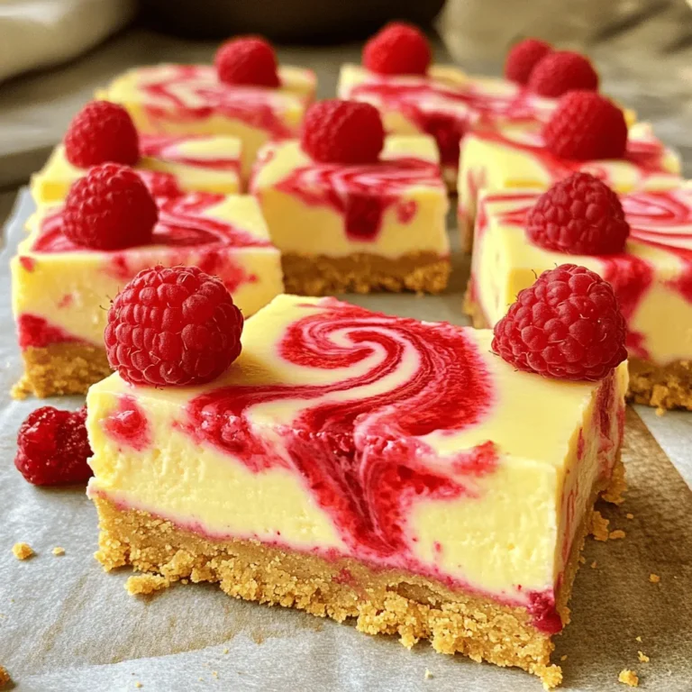 - 1 ½ cups graham cracker crumbs - ½ cup unsalted butter, melted - 2 tablespoons granulated sugar - 16 oz cream cheese, softened - 1 cup granulated sugar - 1 teaspoon vanilla extract - 3 large eggs - 1 cup fresh raspberries - 1 tablespoon cornstarch - 2 tablespoons freshly squeezed lemon juice - A pinch of salt When making Raspberry Swirl Cheesecake Bars, each ingredient plays a key role. The graham cracker crumbs form a sweet and crunchy crust. I use unsalted butter for richness. The two tablespoons of sugar enhance the crust's flavor. For the filling, cream cheese is the star. It gives the bars their rich, creamy texture. I add one cup of sugar for sweetness and a teaspoon of vanilla for flavor depth. The eggs work as a binder, adding structure. Fresh raspberries add a burst of flavor and color. I mix them with cornstarch and lemon juice. This creates a lovely swirl that brightens the cheesecake. A pinch of salt balances the sweet and tart notes perfectly. - You can use alternative sweeteners like honey or maple syrup if you prefer. - For a dairy-free option, try using a plant-based cream cheese. - If you need a gluten-free crust, crushed gluten-free cookies work well. These substitutions allow you to adjust the recipe to suit your needs. Each option still delivers delicious results. For the full recipe, check out the details above. - Preheat oven to 325°F (160°C). - Line an 8x8-inch pan with parchment paper. - In a medium bowl, mix 1 ½ cups graham cracker crumbs, ½ cup melted butter, and 2 tablespoons sugar. - Press this mixture into the pan to form a solid crust. - Bake for 10 minutes and let it cool. - In a large bowl, beat 16 oz softened cream cheese until smooth. - Gradually add 1 cup sugar and mix until fluffy. - Add 1 teaspoon vanilla extract and a pinch of salt. - Mix in 3 large eggs, one at a time, on low speed. - In a small bowl, mash 1 cup fresh raspberries with a fork. - Add 1 tablespoon cornstarch and 2 tablespoons lemon juice, mixing well. - The mixture should be chunky for swirling. - Pour cream cheese mixture over the cooled crust. - Drop raspberry mixture in dollops on top. - Use a knife to swirl raspberry sauce into the cream cheese. - Place the pan in the oven. - Bake for 35-40 minutes until the center is set but jiggly. - Let the bars cool at room temperature in the pan. - Chill in the fridge for at least 4 hours. - Lift the bars out using the parchment. - Cut into squares and serve chilled. - For a pretty touch, add fresh raspberries and powdered sugar on top. For the full recipe, check out the details above! How to avoid cracks in the cheesecake: To avoid cracks, mix the batter gently. Overmixing adds air, which causes cracks. Bake the bars at a low temperature for even cooking. This method helps the cheesecake set evenly. Importance of room temperature ingredients: Always use room temperature cream cheese. Cold cream cheese does not mix well. It can turn lumpy and ruin the texture. Let your eggs sit out too. This ensures a smooth batter that rises nicely. Recommended mixers and baking pans: A hand mixer or stand mixer works best for mixing. They blend the ingredients evenly. Use an 8x8-inch metal or glass pan. This size helps the bars cook evenly. Use of thermometer for precise baking: A kitchen thermometer is a must-have. It helps check if the cheesecake is done. The center should be slightly jiggly but set. Remove it from the oven at this point. Recommended garnishes and accompaniments: Garnish your bars with fresh raspberries. A dusting of powdered sugar adds sweetness. You can also drizzle some raspberry sauce on top. This adds color and flavor to your dish. Pairing beverages for serving: Serve these bars with a nice cup of tea or coffee. A light sparkling water also pairs well. The drink enhances the dessert's flavor without overpowering it. {{image_4}} You can make your cheesecake bars unique by using different fruit purees. Try strawberries, blueberries, or peaches for a new twist. Each fruit brings its own taste and color. You can also create a chocolate raspberry cheesecake. Just add melted chocolate to the cream cheese mix. This will give your bars a rich flavor that pairs well with the tart raspberries. Want a vegan version? Use plant-based cream cheese and a flaxseed egg. For a no-bake cheesecake bar, skip the oven. Chill the bars in the fridge after mixing the filling. It will still set well and taste great. Change up the fruit to match the seasons. In summer, use fresh cherries or peaches. In fall, add pumpkin or apple puree for a cozy flavor. For holidays, present the bars with festive toppings like crushed candy canes or a sprinkle of cinnamon. This will make your cheesecake bars not just tasty but also visually appealing. To keep your raspberry swirl cheesecake bars fresh, use an airtight container. This method prevents them from drying out or absorbing other smells in the fridge. You can store them in the refrigerator for up to five days. Always place parchment paper between the bars. This makes it easy to remove them without breaking. If you want to store your cheesecake bars for longer, you can freeze them. Wrap each bar in plastic wrap and place them in a freezer-safe bag. They can stay frozen for up to three months without losing flavor. When you're ready to enjoy them, move the bars to the fridge overnight to thaw. This keeps their taste and texture intact. For the best experience, serve them chilled after thawing. Check out the Full Recipe for more tips on making these delicious treats! Can I use frozen raspberries instead? Yes, frozen raspberries work well too. Just thaw them first. Drain any extra juice to avoid a soggy mix. How long do these cheesecake bars last? These bars last up to five days in the fridge. Keep them in an airtight container for best results. What if I don’t have graham crackers? If you lack graham crackers, use crushed cookies or oats. These alternatives add a different flavor but still taste great. Can I make these bars in advance? Absolutely! These bars taste even better after chilling overnight. Prepare them a day ahead for a stress-free dessert. How do I make the cheesecake less sweet? To reduce sweetness, cut back on sugar. You can also add a pinch of salt to balance the flavors. Can I double the recipe for a larger batch? Yes, you can double the recipe. Use a larger pan and adjust the baking time as needed. Keep an eye on the center. What to do if my cheesecake bars are too soft? If they turn out soft, chill them longer in the fridge. If they’re still too soft, they may need longer baking next time. This recipe for raspberry swirl cheesecake bars offers delicious flavors and easy steps. You learned about the ingredients, substitutions, and cooking tips to make it perfect. I shared ideas for variations, storage, and common questions to help you succeed. Enjoy experimenting with flavors and serving these bars. They are sure to impress your family and friends. Now, grab your ingredients and start baking!