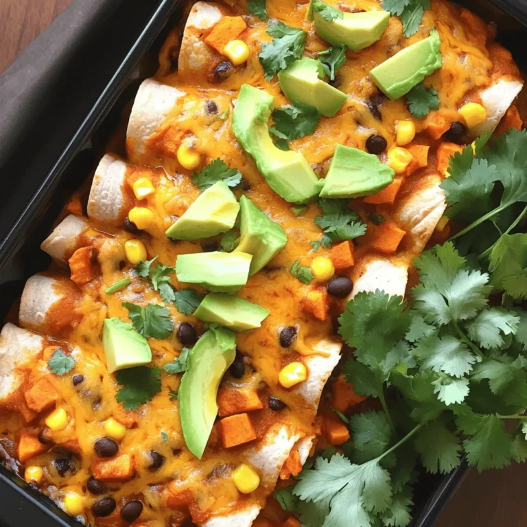 - 2 medium sweet potatoes, peeled and diced - 1 can (15 oz) black beans, rinsed and drained - 1 cup corn kernels (fresh, frozen, or canned) - 1 teaspoon ground cumin - 1 teaspoon smoked paprika - ½ teaspoon chili powder - Salt and freshly ground black pepper to taste - 1 cup shredded cheddar cheese (use vegan cheese if needed) - 8 large tortillas (corn or flour) - 1 cup enchilada sauce (ready-made or homemade) - 2 tablespoons olive oil - Fresh cilantro and avocado slices for garnish Sweet potatoes bring a soft, sweet taste. Black beans add protein and fiber. Corn gives a nice crunch. You can swap sweet potatoes for regular potatoes or use quinoa instead of black beans. If you prefer a spicier kick, add jalapeños or a dash of hot sauce to the filling. Enjoy the tasty mix of flavors in every bite! For the full recipe, check out the details above. To start, you need to cook the sweet potatoes. Boil water in a pot. Add the diced sweet potatoes and cook for about 10 minutes. They should be soft enough to mash. Drain the sweet potatoes and mash them with a fork. Leave some chunks for texture. Next, mix the filling ingredients. In a large bowl, combine the mashed sweet potatoes, rinsed black beans, and corn. Add ground cumin, smoked paprika, chili powder, and some salt and pepper. Stir everything well until mixed. This blend creates a tasty filling. Now, let’s assemble the enchiladas. Spread half a cup of enchilada sauce in the bottom of a 9x13 inch baking dish. This helps the enchiladas not stick. Take a tortilla and put about a quarter cup of the sweet potato mixture down the center. Add a sprinkle of shredded cheese on top of the filling. Roll up the tortilla tightly and place it seam-side down in the dish. Repeat this with the remaining tortillas and filling until your dish is full. For baking, cover the dish with aluminum foil to keep moisture in. Bake in your preheated oven at 375°F for 20 minutes. After this, remove the foil and bake for another 10 minutes until the cheese is bubbly and golden. For the best cheese melt, ensure that the cheese evenly covers the sauce. This creates that delicious, gooey texture we all love. Enjoy the aroma as your enchiladas bake! You can easily make these enchiladas vegan by using plant-based cheese. For gluten-free options, use corn tortillas instead of flour. Try adding toppings like sour cream, sliced jalapeños, or diced tomatoes. Fresh lime juice can add a nice zing! To cook sweet potatoes, peel and dice them first. Boil them until fork-tender, about ten minutes. When rolling tortillas, warm them slightly. This helps prevent breaking. If you find them too stiff, a quick zap in the microwave can help. Serve these enchiladas with a fresh salad or a side of Mexican rice. A simple corn salad adds crunch and freshness. For drinks, pair them with a citrusy lemonade or a light beer. These beverages balance the flavors perfectly. {{image_4}} You can switch out black beans for pinto beans or kidney beans. Chickpeas also work well for a different twist. Quinoa or brown rice can add fiber and texture to your enchiladas too. For veggies, consider adding bell peppers, spinach, or zucchini. These will not only boost nutrition but also add color and flavor. Making your own enchilada sauce is easy and rewarding. Combine 1 can of tomatoes, 2 tablespoons of chili powder, and garlic powder to taste. Simmer for about 15 minutes to develop flavors. For a spicy kick, add jalapeños or hot sauce. For a smoky flavor, try adding chipotle peppers or smoked paprika. You can serve enchiladas rolled or stacked. Stacking them gives a fun layered look and makes it easier to share. For a family-style meal, use a large platter, and drizzle extra sauce on top. Garnish with fresh cilantro and avocado slices for a beautiful presentation. These details make your meal look as good as it tastes. To keep your enchiladas fresh, let them cool first. Then, wrap them tightly in plastic wrap. Place them in an airtight container or a resealable bag. This helps keep moisture in and prevents freezer burn. You can store them in the fridge for up to four days. If you want to keep them longer, freeze them for up to three months. For reheating, preheat your oven to 350°F (175°C). Place the enchiladas in a baking dish and cover them with foil. Bake for about 20 minutes. This method helps keep the enchiladas moist. If you prefer, you can also microwave them. Just cover the plate with a damp paper towel to keep them from drying out. In the fridge, enchiladas last about four days. In the freezer, they can last up to three months. Always check for signs of spoilage before eating. If the enchiladas smell off or show mold, throw them away. Also, if the texture seems too mushy or dry, they may not be good anymore. Keeping an eye on these signs helps ensure your meals are fresh and tasty. You can use other beans like pinto or kidney beans. Lentils also work well. If you want more protein, try shredded chicken or tofu. Each option gives a unique taste and texture. Choose what you like best! Yes, you can prep these enchiladas ahead of time. Assemble them and cover tightly. Store in the fridge for up to two days. For longer storage, freeze them before baking. Just thaw overnight in the fridge before baking. This makes meal prep easy! To add heat, use spicy chili powder or diced jalapeños in the filling. You can also drizzle hot sauce on top before serving. Another option is to add cayenne pepper to the enchilada sauce. Adjust the spice level to fit your taste! In this blog post, we explored a tasty sweet potato and black bean enchilada recipe. You learned about the key ingredients and their amounts. I provided step-by-step instructions for filling and baking. You also discovered tips for making custom variations and pairing ideas. Finally, I shared storage know-how and answered common questions. Creating these enchiladas brings joy and flavor to your table. I hope you enjoy making them as much as I do!
