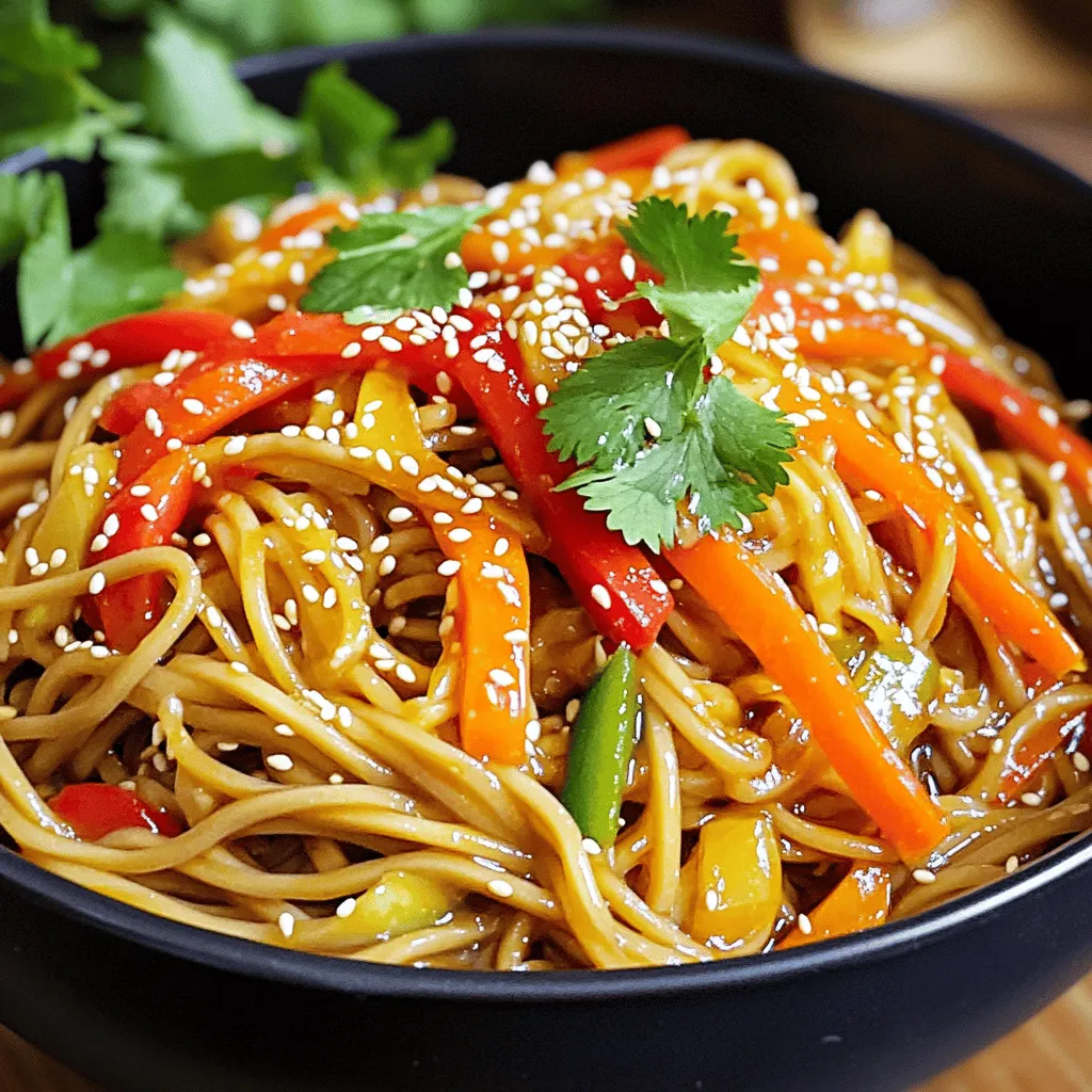 To make this tasty dish, you need some key ingredients. Here’s what you will need: - 8 oz soba noodles - 3 tablespoons sesame oil - 2 tablespoons low sodium soy sauce - 1 tablespoon honey or maple syrup - 1 tablespoon rice vinegar - 1 teaspoon sriracha or chili paste - 1 tablespoon freshly grated ginger - 2 garlic cloves, minced - 1 cup shredded carrots - 1 red or yellow bell pepper, julienned - 3 green onions, trimmed and sliced - 2 tablespoons toasted sesame seeds - Fresh cilantro leaves for garnish (optional) These ingredients work together to create a sweet and spicy flavor that you will love. You can customize your Sweet and Spicy Sesame Noodles with some optional ingredients. Try adding: - Cucumber slices for crunch - Edamame for protein - Toasted peanuts for extra texture - Fresh lime juice for a zesty kick Feel free to mix and match based on what you enjoy. If you have dietary needs or allergies, there are easy swaps. You can use: - Zucchini noodles instead of soba noodles for a low-carb option - Coconut aminos instead of soy sauce for a soy-free choice - Agave syrup in place of honey for a vegan option - Cauliflower rice as a base for a gluten-free meal These substitutions keep the dish delicious while meeting your needs. For the full recipe, check the earlier section. To start, you need a large pot. Fill it with water and add salt. Heat it until it boils. Once boiling, add the soba noodles. Follow the package instructions to cook them until they are al dente. This usually takes about 4-5 minutes. When done, drain the noodles in a colander. Rinse them with cold water to stop the cooking. This step keeps the noodles from sticking together. Set the noodles aside to cool while you prepare the sauce. Grab a big mixing bowl. In it, whisk together the sesame oil, low sodium soy sauce, and honey or maple syrup. Add rice vinegar, sriracha, grated ginger, and minced garlic. Mix until all the ingredients blend well. This sauce brings together sweet and spicy flavors. Taste it and adjust if needed. If you like it spicier, add more sriracha. If you prefer it sweeter, add a bit more honey. Now it’s time to combine everything. Add the cooled soba noodles to the bowl with the sauce. Use tongs or two forks to toss the noodles gently. Make sure every noodle gets covered in sauce. Next, fold in the shredded carrots, julienned bell pepper, and sliced green onions. Toss them lightly to mix well. This adds a nice crunch and color to your dish. Finally, sprinkle toasted sesame seeds on top. If you like, add fresh cilantro leaves for extra flavor. Your sweet and spicy sesame noodles are now ready to enjoy! For more details, check the Full Recipe. To make sure your noodles are coated well with the sauce, follow these steps: - Use cold water to rinse the cooked noodles. This helps stop the cooking process and prevents sticking. - Add the drained noodles to the sauce while they are still warm. The heat helps the sauce cling better. - Toss gently with tongs or forks. This avoids breaking the noodles and ensures an even coating. Spice is a personal choice. Here are some tips to adjust it: - Start with less sriracha or chili paste. You can always add more later. - If the dish is too spicy, add more honey or maple syrup. This balances the heat. - For a milder flavor, skip the chili paste and use just sesame oil and soy sauce. A great presentation makes the meal more inviting. Try these ideas: - Serve the noodles in deep bowls for a cozy look. - Drizzle any extra sauce on top before serving. It adds shine and flavor. - Sprinkle extra sesame seeds and cilantro leaves for color and texture. You can find the full recipe for sweet and spicy sesame noodles to explore all the details! {{image_4}} You can easily boost the protein in your sweet and spicy sesame noodles. Adding chicken, tofu, or shrimp makes the dish heartier. - Chicken: Cook bite-sized chicken pieces in a pan until golden brown. Toss them into the noodle mix for a savory kick. - Tofu: Use firm tofu for a plant-based option. Cube it and pan-fry until crispy. This adds a nice texture to the dish. - Shrimp: Sauté shrimp quickly until pink. They cook fast and pair well with the sweet sauce. If you need a gluten-free option, swap soba noodles for rice noodles or gluten-free pasta. - Rice Noodles: They are a great choice and cook quickly. Look for the flat variety for a nice texture. - Gluten-Free Pasta: Many types are available. Just make sure to check the label for gluten-free assurance. You can mix in various veggies to give your noodles more flavor and color. - Broccoli: Steam or sauté it until tender. Broccoli adds a nice crunch and color. - Snap Peas: These sweet, crisp peas are easy to toss in raw or lightly sautéed. - Mushrooms: Sautéed mushrooms add an earthy taste. They pair well with the sesame flavor. For more fun and options, check out the Full Recipe. These variations keep your meals exciting and tasty! To keep your sweet and spicy sesame noodles fresh, store them in an airtight container. Make sure they cool down to room temperature before sealing the container. If you have extra sauce, keep it separate. This prevents the noodles from becoming soggy. You can also use freezer bags for space-saving options. Just press out as much air as possible before sealing. When you’re ready to enjoy your leftovers, reheat them gently. You can use a microwave or a stove. If using a microwave, place the noodles in a bowl and add a splash of water. Cover the bowl with a lid or a damp paper towel. Heat in short bursts until warmed through. If using the stove, heat in a non-stick pan over low heat. Stir often and add a bit of sauce if needed to keep them moist. Properly stored, your sweet and spicy sesame noodles will last about three to five days in the fridge. If you freeze them, they can last up to two months. However, for the best taste and texture, I recommend enjoying them within the first few days. If you notice any off smells or changes in color, it's best to throw them out. Yes, you can make Sweet and Spicy Sesame Noodles in advance. The flavors deepen when they rest. Just store the noodles with the sauce in an airtight container in the fridge. They will keep well for up to three days. Be sure to add your veggies just before serving to keep them fresh and crunchy. These noodles pair well with many dishes. Here are some great ideas: - Grilled chicken for a protein boost - Stir-fried tofu for a vegetarian option - Steamed broccoli or bok choy for added greens - A light salad with sesame dressing to complement the flavors Feel free to mix and match to suit your taste! To boost the flavor of your Sweet and Spicy Sesame Noodles, try these tips: - Add more sriracha for extra heat - Mix in lime juice for a zesty kick - Toss in roasted peanuts for crunch - Drizzle more sesame oil for a rich finish Experiment with these ideas to make the dish your own! For the complete recipe, check out the Full Recipe section. In this blog post, we explored how to create delicious Sweet and Spicy Sesame Noodles. We discussed essential and optional ingredients, along with substitutions for dietary needs. I shared step-by-step instructions for perfect cooking and sauce preparation. You learned tips for noodle coating, spice adjustment, and serving ideas. We also looked at variations with proteins and vegetables, plus proper storage techniques. By embracing these methods, you can enjoy a tasty dish tailored to your preference. Now, it's your turn to try this recipe and make it your own!