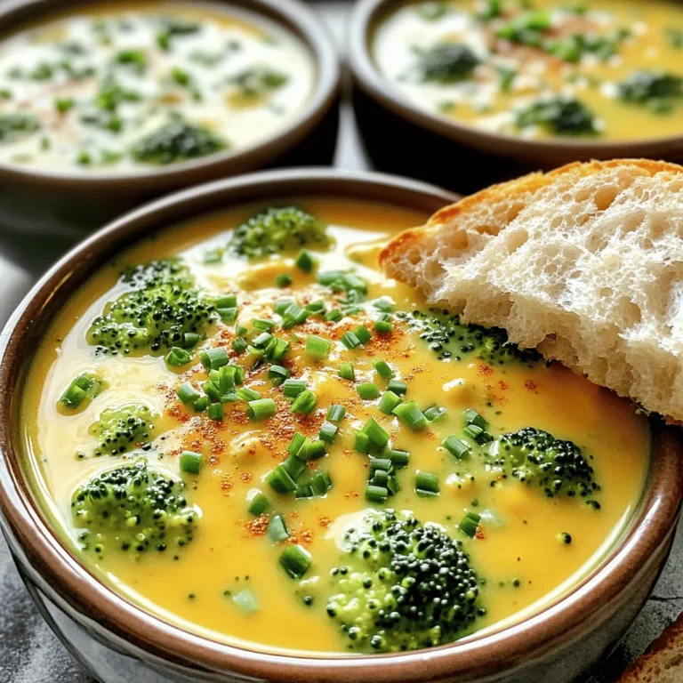 To make this soup, you need a few key items: - 4 cups fresh broccoli florets - 1 medium onion, finely chopped - 2 cloves garlic, minced - 4 cups vegetable broth - 2 cups sharp cheddar cheese, shredded - 1 cup heavy cream - 1 tablespoon olive oil - Salt and freshly ground black pepper to taste - 1 teaspoon paprika (for a hint of warmth) These ingredients create a rich and creamy base. Fresh broccoli gives a nice bite and color. Sharp cheddar adds depth and flavor. You can change things up with these items: - Heavy cream alternatives like milk or coconut milk - Thickeners like cornstarch for a creamier soup - Seasoning options such as garlic powder or cayenne for extra kick Feel free to make this soup your own. Swapping out ingredients can add fun twists. To prepare your soup, gather these tools: - Heavy-bottomed pot - Immersion blender - Ladle and serving bowls Using a heavy pot helps heat the soup evenly. An immersion blender makes blending easy and quick. A ladle helps serve your delicious creation. For the full recipe, check the detailed instructions provided. 1. Sauté onions and garlic: Start by heating 1 tablespoon of olive oil in a large pot. Add 1 medium onion, finely chopped. Sauté for about 5 minutes until it is soft. Then, add 2 cloves of minced garlic. Cook for 1 more minute until it smells great. 2. Combine broccoli and broth: Next, add 4 cups of fresh broccoli florets. Pour in 4 cups of vegetable broth. Turn the heat to high and let it boil. Once boiling, reduce the heat to low. Let it simmer for about 15 minutes until the broccoli is tender. 1. Boiling and simmering the ingredients: Keep an eye on the pot as the broccoli cooks. You want it soft but not mushy. The broth will soak up the broccoli's bright flavor. 2. Blending for desired texture: After simmering, it’s time to blend! Use an immersion blender to puree the soup until smooth. If you like chunks, blend only part of the soup or leave it as is. 1. Adding cheese and cream: Stir in 1 cup of heavy cream and 2 cups of shredded sharp cheddar cheese. Mix well until the cheese melts completely. This is where the soup gets its rich and creamy texture. 2. Adjusting seasoning: Taste your soup. Add salt, freshly ground black pepper, and 1 teaspoon of paprika for warmth. Mix well and adjust as needed. You want the flavors just right for your taste buds. This quick and creamy broccoli cheddar soup is a joy to make. It's perfect for a cozy meal and pairs wonderfully with crusty bread. For the full recipe, check out the Cozy Broccoli Cheddar Bliss section. - Choosing the right broccoli: Look for bright green florets. They should be firm and tightly packed. Avoid any yellowing or wilting. Fresh broccoli gives the best flavor and color. - Ensuring the best cheese melt: Use sharp cheddar cheese for a rich taste. Grate the cheese yourself for better melting. Pre-shredded cheese often has anti-caking agents, which can make it clump. - Troubleshooting texture problems: If your soup is too chunky, blend it more. You can use an immersion blender. If it's too thin, add a bit of cornstarch mixed with cold water to thicken it. - Flavor enhancement suggestions: Add a pinch of nutmeg for warmth or a splash of lemon juice for brightness. Taste as you go to find the perfect balance. - Pairing with bread or sides: Serve your soup with crusty bread or a fresh salad. A side of garlic bread takes it to the next level. - Presentation tips for a beautiful serve: Ladle the soup into warm bowls. Top with chopped chives or green onions. A sprinkle of paprika adds color and flair. {{image_4}} You can easily make this soup healthier. Here are some simple swaps: - Using low-fat dairy products: Instead of heavy cream, try low-fat milk or Greek yogurt. This cuts calories but keeps it creamy. - Adding extra vegetables: Toss in some carrots, cauliflower, or spinach. They add color and nutrients without changing the taste much. Want to spice things up? Here are some fun options: - Experimenting with spices and herbs: Try adding thyme, rosemary, or a pinch of cayenne for a kick. These can bring new life to your soup. - Adding proteins for a heartier meal: Consider adding cooked chicken or diced tofu. This makes the soup filling and adds extra protein. Going plant-based? You can still enjoy this soup with some changes: - Substitutes for cheese and cream: Use cashew cream or nutritional yeast instead of cheese. This gives a rich flavor without dairy. - Plant-based broth choices: Choose vegetable broth instead of chicken broth. This keeps the dish vegan-friendly while adding depth to the flavor. These variations can help you tailor the soup to your taste. Check out the Full Recipe to get started! To keep your soup fresh, use airtight containers. Glass or BPA-free plastic containers work well. Make sure to let the soup cool before sealing it. Place the containers in the fridge. The soup will stay good for about three to four days. To freeze this soup, let it cool fully first. Pour it into freezer-safe bags or containers. Squeeze out any extra air to prevent freezer burn. Label the bags with the date. It can last up to three months in the freezer. When you're ready to eat, take the soup out of the freezer. Put it in the fridge overnight to thaw. If you're in a hurry, you can thaw it in a pot over low heat. Stir often to help it warm evenly. Consume your leftovers within four days for the best taste. After this, the soup may start to lose its flavor. Look for signs of spoilage. If it smells sour or has a strange color, throw it away. Fresh ingredients are key to great soup, so always check. Making Easy Broccoli Cheddar Soup takes about 35 minutes total. You’ll spend around 10 minutes prepping the ingredients. This includes chopping the onion and garlic and cutting the broccoli. The cooking time is about 25 minutes. You will sauté, boil, and blend the soup in that time. It’s a quick and tasty meal! Yes, you can use frozen broccoli in this soup. Frozen broccoli is convenient and saves time. It is often picked at peak freshness and frozen quickly. However, cooking time may change slightly. You may need to simmer it a bit longer to ensure it is tender. Just be sure to thaw it before adding it to the pot. If you need a cheese alternative, there are several options. You can use Monterey Jack or Gouda for a different flavor. Cream cheese can also add a creamy texture. For a dairy-free option, try nutritional yeast for a cheesy taste. Just remember, each cheese will change the flavor a bit, so choose what you like! This article shared easy steps to make the perfect broccoli cheddar soup. We covered key ingredients, preparation, and cooking tips. Whether you stick to the classic recipe or add your twist, there’s room for creativity. Don’t forget the storage advice for leftovers and variations for different diets. You can enjoy a warm bowl of soup any day. My final thought: have fun in the kitchen! Make it your own and enjoy every spoonful.