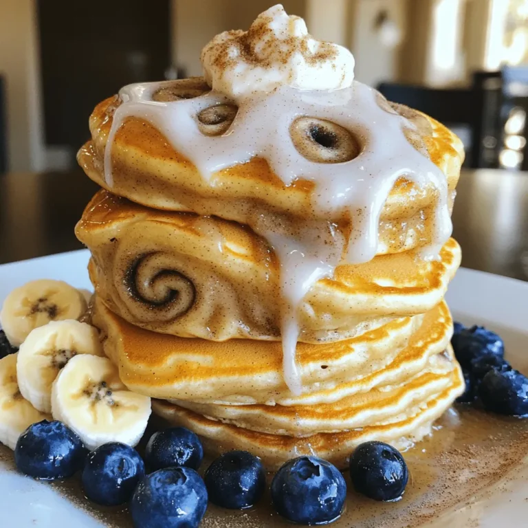 - 1 cup all-purpose flour - 2 tablespoons granulated sugar - 2 teaspoons baking powder - ½ teaspoon baking soda - ¼ teaspoon salt - 1 cup buttermilk - 1 large egg, lightly beaten - 2 tablespoons unsalted butter, melted - 2 teaspoons pure vanilla extract - 1 tablespoon ground cinnamon - 3 tablespoons brown sugar, packed - 1 cup powdered sugar - 3 tablespoons cream cheese, softened to room temperature - 2-3 tablespoons milk (to achieve desired icing consistency) When I make these pancakes, I always start with the dry ingredients. This step is key. I mix the flour, sugar, baking powder, baking soda, and salt in a bowl. It’s important to whisk these well. This ensures even rising and sweetness. Next, I move to the wet ingredients. I pour the buttermilk into a separate bowl. Then, I add the beaten egg, melted butter, and vanilla extract. Whisk until smooth. This mixture is crucial for the pancake’s fluffiness. Now, let's talk about the cinnamon filling. In a small bowl, I combine ground cinnamon and brown sugar. This mix gives the pancakes their sweet, spicy swirl. Finally, for the icing, I beat together powdered sugar and softened cream cheese. I add milk slowly until I reach the right consistency. Drizzling this icing over the warm pancakes is pure bliss. For the full recipe, check out the complete guide. Enjoy your cooking adventure! 1. In a mixing bowl, combine the all-purpose flour, granulated sugar, baking powder, baking soda, and salt. Mix well until the dry ingredients are blended. 2. Take another bowl and whisk together the buttermilk, the lightly beaten egg, melted butter, and vanilla extract. Make sure this mixture is smooth. 1. Gradually pour the wet ingredients into the bowl with the dry ingredients. Stir gently until just combined. It’s okay if there are a few lumps; this helps keep your pancakes fluffy. 2. Be careful not to overmix. Overmixing can make the pancakes tough. 1. In a small bowl, combine the ground cinnamon and packed brown sugar. Mix them well to combine. This mixture will create a sweet swirl in your pancakes. 1. Preheat a non-stick skillet or griddle over medium heat. Pour about ¼ cup of pancake batter onto the skillet for each pancake. 2. When the batter starts bubbling on the surface (about 1-2 minutes), sprinkle about a teaspoon of the cinnamon filling mixture onto the pancake before flipping it. 3. Flip the pancake carefully and cook for another 1-2 minutes, until golden brown. Repeat this process with the remaining batter and filling. 1. In a small bowl, mix the powdered sugar, softened cream cheese, and enough milk to reach your desired icing consistency. Blend until the mixture is smooth. Now you're ready to enjoy your delicious cinnamon roll pancakes! For precise measurements and more tips, check the Full Recipe. To make fluffy pancakes, avoid overmixing the batter. When you mix too much, the pancakes can turn tough. You want a few lumps in the batter; that is okay! Use fresh baking powder and baking soda. Old leavening agents may not make your pancakes rise well. Check the expiration date on the package to be sure. Heat is key when cooking pancakes. Adjust the heat as needed to prevent burning. If your skillet is too hot, the pancakes may burn on the outside and stay raw inside. A non-stick skillet helps with easy flipping. It also allows you to use less oil. Always preheat the skillet before pouring your batter. The icing makes these pancakes special. To achieve your desired thickness, adjust the milk quantity. Start with 2 tablespoons and add more if needed. Drizzle icing over warm pancakes for best results. The warmth helps the icing melt into the pancakes, making each bite delightful. {{image_4}} Cinnamon roll pancakes are fun! You can change them up in many ways. Let’s explore some tasty options. You can add chopped walnuts or pecans to the batter. This nutty addition gives a lovely crunch. It also adds healthy fats and protein. Just mix in about ½ cup of nuts before cooking. You will love the extra texture and flavor. Want a fruity twist? Add diced apples or berries to the batter. They add sweetness and freshness. Try using about 1 cup of fruit. Blueberries or chopped strawberries work great. Apples give a nice cinnamon flavor when cooked. Your pancakes will be more colorful and tasty! Feel free to experiment with spices. Adding nutmeg or cardamom can change the taste. Start with ¼ teaspoon of each spice. You will enjoy the new flavors. These spices pair well with cinnamon and make your pancakes special. For the complete recipe, check out the [Full Recipe]. Enjoy your cooking adventure! You can store leftover cinnamon roll pancakes in an airtight container. They will stay fresh in the refrigerator for up to 3 days. This keeps them moist and ready for a quick breakfast or snack. To freeze your pancakes, lay them in a single layer on a baking sheet. Once frozen, transfer them to a freezer-safe bag. This method keeps them from sticking together. You can pull out as many as you need later. When you are ready to enjoy your pancakes again, simply microwave or toast them. If you want to make them even better, add extra icing on top while they warm up. This gives them a fresh taste and makes them feel special again. Yes, you can use whole wheat or gluten-free flour. However, this may change the texture of your pancakes. Whole wheat flour adds a nutty flavor and denser texture. Gluten-free flour can make them lighter but may need extra moisture. To make these pancakes dairy-free, swap buttermilk for almond milk. Use a dairy-free butter alternative in the recipe. This ensures you keep the great taste while avoiding dairy. Cinnamon roll pancakes are delicious on their own. However, they pair well with fresh fruits, like strawberries or bananas. Whipped cream can add a light and fluffy touch. You can also drizzle on more maple syrup for added sweetness. For the full recipe, check out the details above. Cinnamon Roll Pancakes are simple and fun to make. We combined dry and wet ingredients with cinnamon filling for a tasty treat. Use tips for fluffiness, cooking, and icing to ensure success. You can customize these pancakes by adding nuts or fruits. Remember to store leftovers well for future enjoyment. Try new variations each time for a delightful twist. These pancakes can impress anyone and become a family favorite. Enjoy your cooking adventure!