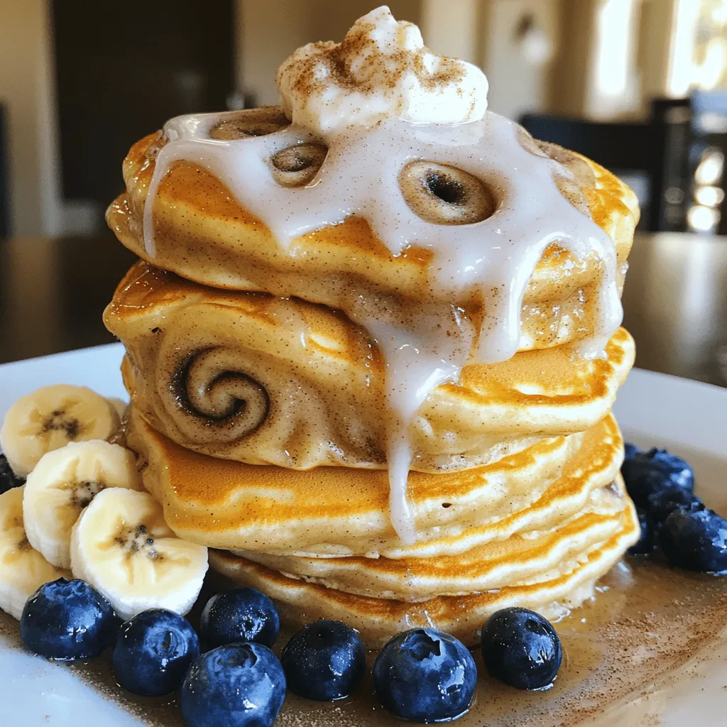 - 1 cup all-purpose flour - 2 tablespoons granulated sugar - 2 teaspoons baking powder - ½ teaspoon baking soda - ¼ teaspoon salt - 1 cup buttermilk - 1 large egg, lightly beaten - 2 tablespoons unsalted butter, melted - 2 teaspoons pure vanilla extract - 1 tablespoon ground cinnamon - 3 tablespoons brown sugar, packed - 1 cup powdered sugar - 3 tablespoons cream cheese, softened to room temperature - 2-3 tablespoons milk (to achieve desired icing consistency) When I make these pancakes, I always start with the dry ingredients. This step is key. I mix the flour, sugar, baking powder, baking soda, and salt in a bowl. It’s important to whisk these well. This ensures even rising and sweetness. Next, I move to the wet ingredients. I pour the buttermilk into a separate bowl. Then, I add the beaten egg, melted butter, and vanilla extract. Whisk until smooth. This mixture is crucial for the pancake’s fluffiness. Now, let's talk about the cinnamon filling. In a small bowl, I combine ground cinnamon and brown sugar. This mix gives the pancakes their sweet, spicy swirl. Finally, for the icing, I beat together powdered sugar and softened cream cheese. I add milk slowly until I reach the right consistency. Drizzling this icing over the warm pancakes is pure bliss. For the full recipe, check out the complete guide. Enjoy your cooking adventure! 1. In a mixing bowl, combine the all-purpose flour, granulated sugar, baking powder, baking soda, and salt. Mix well until the dry ingredients are blended. 2. Take another bowl and whisk together the buttermilk, the lightly beaten egg, melted butter, and vanilla extract. Make sure this mixture is smooth. 1. Gradually pour the wet ingredients into the bowl with the dry ingredients. Stir gently until just combined. It’s okay if there are a few lumps; this helps keep your pancakes fluffy. 2. Be careful not to overmix. Overmixing can make the pancakes tough. 1. In a small bowl, combine the ground cinnamon and packed brown sugar. Mix them well to combine. This mixture will create a sweet swirl in your pancakes. 1. Preheat a non-stick skillet or griddle over medium heat. Pour about ¼ cup of pancake batter onto the skillet for each pancake. 2. When the batter starts bubbling on the surface (about 1-2 minutes), sprinkle about a teaspoon of the cinnamon filling mixture onto the pancake before flipping it. 3. Flip the pancake carefully and cook for another 1-2 minutes, until golden brown. Repeat this process with the remaining batter and filling. 1. In a small bowl, mix the powdered sugar, softened cream cheese, and enough milk to reach your desired icing consistency. Blend until the mixture is smooth. Now you're ready to enjoy your delicious cinnamon roll pancakes! For precise measurements and more tips, check the Full Recipe. To make fluffy pancakes, avoid overmixing the batter. When you mix too much, the pancakes can turn tough. You want a few lumps in the batter; that is okay! Use fresh baking powder and baking soda. Old leavening agents may not make your pancakes rise well. Check the expiration date on the package to be sure. Heat is key when cooking pancakes. Adjust the heat as needed to prevent burning. If your skillet is too hot, the pancakes may burn on the outside and stay raw inside. A non-stick skillet helps with easy flipping. It also allows you to use less oil. Always preheat the skillet before pouring your batter. The icing makes these pancakes special. To achieve your desired thickness, adjust the milk quantity. Start with 2 tablespoons and add more if needed. Drizzle icing over warm pancakes for best results. The warmth helps the icing melt into the pancakes, making each bite delightful. {{image_4}} Cinnamon roll pancakes are fun! You can change them up in many ways. Let’s explore some tasty options. You can add chopped walnuts or pecans to the batter. This nutty addition gives a lovely crunch. It also adds healthy fats and protein. Just mix in about ½ cup of nuts before cooking. You will love the extra texture and flavor. Want a fruity twist? Add diced apples or berries to the batter. They add sweetness and freshness. Try using about 1 cup of fruit. Blueberries or chopped strawberries work great. Apples give a nice cinnamon flavor when cooked. Your pancakes will be more colorful and tasty! Feel free to experiment with spices. Adding nutmeg or cardamom can change the taste. Start with ¼ teaspoon of each spice. You will enjoy the new flavors. These spices pair well with cinnamon and make your pancakes special. For the complete recipe, check out the [Full Recipe]. Enjoy your cooking adventure! You can store leftover cinnamon roll pancakes in an airtight container. They will stay fresh in the refrigerator for up to 3 days. This keeps them moist and ready for a quick breakfast or snack. To freeze your pancakes, lay them in a single layer on a baking sheet. Once frozen, transfer them to a freezer-safe bag. This method keeps them from sticking together. You can pull out as many as you need later. When you are ready to enjoy your pancakes again, simply microwave or toast them. If you want to make them even better, add extra icing on top while they warm up. This gives them a fresh taste and makes them feel special again. Yes, you can use whole wheat or gluten-free flour. However, this may change the texture of your pancakes. Whole wheat flour adds a nutty flavor and denser texture. Gluten-free flour can make them lighter but may need extra moisture. To make these pancakes dairy-free, swap buttermilk for almond milk. Use a dairy-free butter alternative in the recipe. This ensures you keep the great taste while avoiding dairy. Cinnamon roll pancakes are delicious on their own. However, they pair well with fresh fruits, like strawberries or bananas. Whipped cream can add a light and fluffy touch. You can also drizzle on more maple syrup for added sweetness. For the full recipe, check out the details above. Cinnamon Roll Pancakes are simple and fun to make. We combined dry and wet ingredients with cinnamon filling for a tasty treat. Use tips for fluffiness, cooking, and icing to ensure success. You can customize these pancakes by adding nuts or fruits. Remember to store leftovers well for future enjoyment. Try new variations each time for a delightful twist. These pancakes can impress anyone and become a family favorite. Enjoy your cooking adventure!