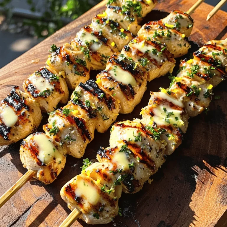 - 1 lb (450g) boneless, skinless chicken breasts, cut into 1-inch cubes - 4 tablespoons unsalted butter, melted - 4 cloves garlic, minced - 1 tablespoon fresh parsley, finely chopped (plus extra for garnish) - 1 teaspoon lemon zest - 1 teaspoon smoked paprika - 1 teaspoon onion powder - Salt and freshly ground black pepper to taste - Skewers (wooden or metal) The main ingredient is chicken breast. It is lean and cooks quickly. I like using boneless and skinless chicken for this recipe. This keeps it simple and tasty. The garlic adds a strong flavor that pairs well with chicken. Butter gives it richness and helps the spices stick. Fresh parsley adds a nice touch of color and flavor. Lemon zest adds a bit of brightness, while smoked paprika gives it a subtle smokiness. Onion powder adds depth to the dish. If you don't have chicken, try using shrimp or tofu. For a dairy-free option, use olive oil instead of butter. You can also use garlic powder if you lack fresh garlic. If you want a different herb, try basil or cilantro instead of parsley. For spice, add cayenne pepper instead of smoked paprika. These swaps keep the dish fun and flexible. For the complete recipe, check out the Full Recipe section. For the best flavor, marinate the chicken first. In a large bowl, mix melted butter, minced garlic, and chopped parsley. Add lemon zest, smoked paprika, onion powder, salt, and pepper. Stir until well combined. Next, add your chicken cubes. Make sure every piece is coated with the marinade. Cover the bowl with plastic wrap. Place it in the fridge for at least 30 minutes. For stronger flavor, let it marinate for up to 2 hours. If you use wooden skewers, soak them in water for 30 minutes. This keeps them from burning on the grill. If you have metal skewers, you can skip this step. After soaking, it's time to thread the chicken onto the skewers. Carefully put the marinated chicken on each skewer. Leave small gaps between pieces. This helps the heat circulate and cooks the chicken evenly. Preheat your grill to medium-high heat. Once hot, place the skewers on the grill. Cook the chicken for 10 to 12 minutes. Turn the skewers every few minutes. This gives you a nice char and helps them cook evenly. Check the chicken's internal temperature. It should reach 165°F (75°C) and should not be pink inside. In the last few minutes, brush more melted butter on the skewers. This adds richness and flavor. Once cooked, let the skewers rest for a bit before serving. Sprinkle extra parsley on top for a fresh touch. For the full recipe, refer to the section above. To create a great marinade, start with the right balance. Use melted butter, garlic, and herbs. I love adding lemon zest and smoked paprika for depth. Mix these well and coat the chicken. For the best flavor, let the chicken sit in the marinade for at least 30 minutes. If you have time, marinate for up to two hours. This allows the flavors to soak in. Grilling is all about the heat and timing. Make sure your grill is hot before adding the skewers. Place them on the grill and resist the urge to move them too much. Let them cook for about 2-3 minutes on each side. This gives you those nice grill marks. Check for an internal temperature of 165°F (75°C) to ensure the chicken is done. Serve your garlic butter chicken skewers fresh off the grill. A wooden cutting board or bright platter works well. Add lemon wedges for a pop of color and flavor. You can also sprinkle more chopped parsley on top for a fresh touch. Pair these skewers with a light salad or grilled veggies for a complete meal. For more ideas, check out the Full Recipe. {{image_4}} You can change the flavor of your garlic butter chicken skewers easily. For a spicy kick, add cayenne pepper or chili flakes to the marinade. This will give your dish a nice heat. If you enjoy herbs, mix in rosemary or thyme. These fresh herbs can brighten the flavor. For a sweet twist, consider adding honey or brown sugar. This will balance the garlic and butter nicely. You don’t need a grill to make these skewers. You can bake them in the oven. Preheat your oven to 400°F (200°C). Arrange the skewers on a baking tray lined with foil. Bake for about 20 minutes, turning halfway through. For a quick cook, use an air fryer. Set your air fryer to 375°F (190°C) and cook for around 10-12 minutes. Both methods give great results! Pair your garlic butter chicken skewers with tasty sides. A fresh salad with greens and tomatoes works well. You can also serve them with rice or couscous. These sides soak up the delicious garlic butter. Another option is grilled veggies like bell peppers or zucchini. They add color and flavor to your meal. Check out the Full Recipe for more serving ideas! To store Garlic Butter Chicken Skewers, let them cool first. Place the skewers in an airtight container. You can keep them in the fridge for up to three days. Make sure the container is sealed well to prevent moisture loss. This helps keep the chicken juicy and tasty. You can also freeze leftover skewers. Wrap them tightly in plastic wrap, then place them in a freezer bag. Remove as much air as possible. Frozen skewers last for up to three months. When you’re ready to eat, thaw them in the fridge overnight before reheating. To reheat the skewers, use your oven or grill. Preheat your oven to 350°F (175°C). Place the skewers on a baking sheet and cover with foil. Heat for about 10-15 minutes or until fully warmed. If using a grill, heat it on medium. Grill the skewers for about 5 minutes, turning them until hot. This will keep them tender and flavorful. For more details on making these tasty skewers, check the Full Recipe. The best way to marinate chicken is to use a simple mix of flavors. Start with melted butter for richness. Add minced garlic for a bold taste. Fresh herbs like parsley bring brightness, while lemon zest adds zing. Combine these in a bowl and whisk well. This creates a flavorful bath for the chicken. Place your chicken cubes in the bowl and coat them evenly. Cover the bowl and refrigerate for at least 30 minutes. For a stronger flavor, marinate for up to 2 hours. You can store Garlic Butter Chicken Skewers in the fridge for up to three days. Make sure they cool down to room temperature first. Place them in an airtight container or wrap them tightly with plastic wrap. If you want to keep them longer, freeze them. They can last up to three months in the freezer. To thaw, simply place them in the fridge overnight before reheating. Garlic Butter Chicken Skewers pair well with many sides. A fresh green salad adds crunch and color. You can also serve them with grilled veggies or a warm pita. If you want something heartier, try rice or couscous. Adding lemon wedges on the side gives a nice touch. You can drizzle extra garlic butter on your sides for more flavor. For a fun twist, serve them with a yogurt dip or tzatziki. These choices make your meal complete and delightful. In this blog post, we covered how to make Garlic Butter Chicken Skewers from start to finish. We explored the ingredients, marinating steps, and grilling techniques. I shared tips for perfecting your marinade and achieving great grill marks. You learned about flavor variations and how to store leftovers properly. Remember, with these simple steps, you can create tasty skewers at home. Enjoy cooking and savor every bite!