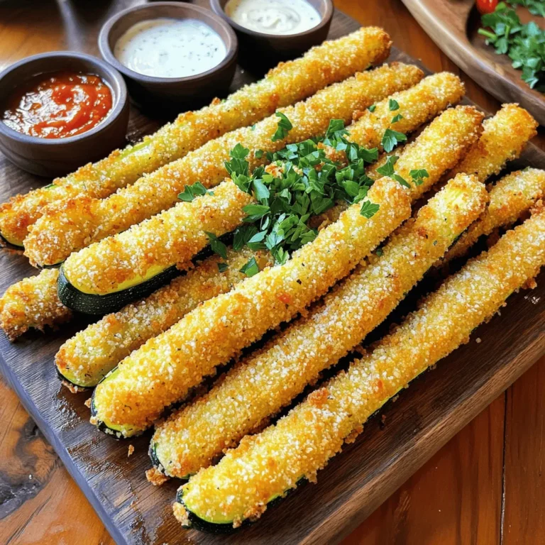 - 2 medium zucchinis, cut into sticks (about 4 inches long) - 1 cup all-purpose flour - 2 large eggs, beaten until smooth - 1 cup breadcrumbs (panko recommended for extra crunch) - 1 teaspoon garlic powder - 1 teaspoon onion powder - 1 teaspoon Italian seasoning - ½ teaspoon smoked paprika (for a hint of smokiness) - Olive oil spray (or alternative vegetable oil if frying) - Salt and freshly cracked pepper to taste To make crispy zucchini sticks, start with fresh zucchini. The key is to cut them into sticks for even cooking. Flour helps the egg stick, and eggs bind the breadcrumbs well. I use panko breadcrumbs for extra crunch. Seasonings bring flavor. Garlic powder adds warmth, while onion powder gives depth. Italian seasoning and smoked paprika add a nice twist. When you season your zucchini sticks, don’t skip the salt and pepper. They enhance the taste. Lightly spraying with olive oil helps them crisp up in the oven. For the full recipe, check out the detailed steps. 1. First, preheat your oven to 425°F (220°C). This makes sure the oven is hot enough to crisp the zucchini sticks. 2. Next, line a baking sheet with parchment paper. This helps with cleanup and keeps the sticks from sticking. 3. In a shallow dish, mix together the flour, garlic powder, onion powder, Italian seasoning, smoked paprika, salt, and pepper. Stir well to blend the flavors evenly. 1. Take a zucchini stick and dredge it in the flour mix first. Make sure it is fully coated, then shake off any extra flour. 2. Next, dip the floured zucchini stick into the beaten eggs. Let any excess egg drip off. 3. Finally, roll the zucchini stick in the breadcrumbs. Press gently to help the breadcrumbs stick well. This step is key to achieving a crispy texture! 1. Arrange the breaded zucchini sticks on the baking sheet in a single layer. Make sure they are not touching to allow air to circulate. 2. If you want extra crunch, lightly spray the tops with olive oil. 3. Place the baking sheet in the oven and bake for 20-25 minutes. Flip the zucchini sticks halfway through cooking. This helps them become golden brown and crispy all over. Enjoy your crispy zucchini sticks with your favorite dipping sauces! For the full recipe, refer to the earlier section. To get that delightful crunch, use panko breadcrumbs. They are lighter and crispier than regular breadcrumbs. This difference gives your zucchini sticks a nice texture. When you bake or fry, they become golden and crunchy. Spraying oil helps too. A light coat on top adds even more crunch. If you skip the oil, your sticks might not crisp up well. A quick spray before baking makes a big difference. Dipping sauces can elevate your crispy zucchini sticks. Marinara sauce is a classic choice. It adds a sweet and tangy flavor. Ranch dressing gives a creamy touch. Greek yogurt dip brings a fresh taste. For a pretty presentation, use a colorful platter. Arrange the zucchini sticks in a fan shape. Add small bowls of sauces around them. A sprinkle of fresh parsley adds a nice touch. You can bake or fry your zucchini sticks. Baking is healthier and easy. Frying gives an extra crispy finish. If you choose to bake, adjust the time. Thicker sticks may need a few more minutes. When cutting zucchini, make them uniform. This helps them cook evenly. Aim for about 4 inches long and ½ inch thick. You want them all to be just right. For the full recipe, refer back to the earlier section. {{image_4}} You can make crispy zucchini sticks even tastier. Try adding cheese for a rich flavor. Grated Parmesan works well. Just sprinkle it on the breadcrumbs before baking. If you like heat, spice it up! Add chili powder to the flour mix. This gives your zucchini sticks a nice kick. You can adjust the amount based on your taste. For a gluten-free version, switch to almond flour. It gives a nice nutty flavor. Use it in place of all-purpose flour. Your sticks will still be crispy and delicious. If you're vegan, you can replace eggs with flax eggs. Mix one tablespoon of ground flaxseed with three tablespoons of water. Let it sit for a few minutes to thicken. This works great for coating your zucchini sticks. Feel free to get creative with seasonal veggies. Carrots, sweet potatoes, or even eggplant can join the zucchini. Just cut them into similar-sized sticks for even cooking. Also, adjust spices based on the season. In fall, add a pinch of cinnamon or nutmeg. In summer, fresh herbs like basil or dill can brighten your dish. Enjoy experimenting! For the full recipe, check out the Crispy Zucchini Sticks 🥒 section above. To keep your crispy zucchini sticks fresh, place them in an airtight container. Make sure they cool completely before sealing. This prevents moisture build-up, which can make them soggy. Store the container in the fridge for up to three days. To keep zucchini sticks crispy, you can layer paper towels between the sticks in the container. This helps absorb any excess moisture. When it’s time to enjoy your leftovers, you have a few good options. For the stovetop, heat a non-stick pan over medium heat. Add a tiny bit of oil and cook the zucchini sticks for about 3-4 minutes, turning them until they're warm and crispy again. If you prefer using the oven, preheat it to 400°F (200°C). Place the sticks on a baking sheet and bake for 10-12 minutes. The air fryer is another great choice. Heat it to 350°F (175°C) and cook for about 5-7 minutes. This method keeps them crispy. Always avoid using the microwave, as it will make them soggy. If you want to save zucchini sticks for later, freezing is a good option. First, cool them completely. Then, place the sticks in a single layer on a baking sheet and freeze for about an hour. Once frozen, transfer them to a freezer bag. Remove as much air as possible before sealing. You can freeze them for up to three months. When ready to eat, defrost overnight in the fridge. Then reheat in the oven, stovetop, or air fryer for the best results. Can I make crispy zucchini sticks in advance? Yes, you can prep them ahead of time. Cut the zucchini sticks and coat them as usual. Place them on a baking sheet. Cover with plastic wrap and store in the fridge for up to 24 hours. When you're ready, just bake them straight from the fridge. This saves time and still gives you that crispy texture. What is the best way to cut zucchini for sticks? To cut zucchini for sticks, first wash and dry the zucchini. Cut off both ends. Slice it in half lengthwise. Now, cut each half into long sticks. Aim for about 4 inches long and ½ inch wide. This size helps them cook evenly and stay crispy. Can I use other vegetables instead of zucchini? Absolutely! You can use eggplant, carrots, or even sweet potatoes. Just remember that cooking times may vary. Each veggie has its own water content, so adjust the baking time to get that perfect crisp. Which type of breadcrumbs is best? Panko breadcrumbs are my top choice. They give a great crunch. Regular breadcrumbs work too, but they won’t be as crispy. For a gluten-free option, try almond flour or gluten-free breadcrumbs. How do I make these zucchini sticks more flavorful? Add extra spices to the coating mix. Try cayenne for heat or parmesan cheese for richness. You can also marinate the zucchini in olive oil and spices for a few hours before coating. This infuses more flavor into each bite. Can these be air-fried instead of baked? Yes, air-frying works great! Set your air fryer to 400°F (200°C). Cook the zucchini sticks for about 10-15 minutes. Be sure to shake the basket halfway to ensure even cooking. You'll enjoy that crispy texture with less oil! In this post, we explored how to make crispy zucchini sticks. We covered the main ingredients, seasoning, and step-by-step instructions. You learned tips for perfect crispiness and tasty variations. Remember to store them correctly for the best flavor and texture later. Whether for a snack or party, these zucchini sticks can impress anyone. Enjoy experimenting with flavors and cooking methods. They are easy to make and fun to share. With these tips, you will make zucchini sticks that everyone loves. Happy cooking!
