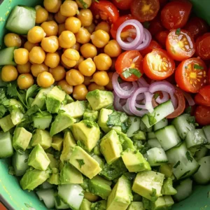 - 1 can (15 oz) chickpeas - 2 ripe avocados - 1 cup cherry tomatoes - ½ medium red onion - ½ cucumber - ¼ cup fresh cilantro - 2 tablespoons extra virgin olive oil - 1 tablespoon lime juice - 1 teaspoon ground cumin - Salt and pepper to taste The base of this salad starts with chickpeas. They add protein and fiber. I always drain and rinse them well to remove extra salt. Next, avocados bring creaminess that makes every bite smooth. I look for ripe ones, as they provide the best flavor. Cherry tomatoes add a burst of sweetness. I like to halve them to make them easier to eat. Red onion gives a sharp taste that wakes up the dish. Cutting it finely helps blend its flavor without being too strong. Cucumbers are key for crunch. I dice them small to balance the softer textures. Fresh cilantro adds a lovely herby touch. I chop it finely so it spreads out nicely. The dressing is simple but powerful. Extra virgin olive oil adds richness. Lime juice brightens the salad and makes the flavors pop. Ground cumin brings warmth and earthiness to the mix. I finish with salt and pepper for just the right touch. - Feta cheese for a creamy texture - Red pepper flakes for added heat - Mixed greens as a salad base If you want to mix it up, try some add-ins! Feta cheese gives a nice creamy bite. Red pepper flakes can add heat if you like spice. For a base, serve it on mixed greens for extra crunch and freshness. For the full recipe, check out Avocado Chickpea Delight 🥑. - Rinse and drain the chickpeas. - Dice avocados into bite-sized pieces. - Chop the cherry tomatoes, cucumber, and red onion. - Finely chop the cilantro for a fresh taste. To start, you need to rinse the chickpeas. This step removes any canning liquid and keeps your salad fresh. After draining, place them in a large mixing bowl. Next, take your ripe avocados. Cut them in half, remove the pit, and dice them. Keep the pieces large for a nice texture. Now it’s time for the vegetables. Chop the cherry tomatoes in half for sweetness. Dice the cucumber for a refreshing crunch. Finely chop the red onion for a burst of flavor. Don't forget the cilantro! It adds a herby kick that brightens the salad. - Combine all ingredients in a bowl. - Gently toss to combine without mashing. Once all your ingredients are prepared, it’s time to mix. Add the chickpeas, diced avocados, cherry tomatoes, cucumber, red onion, and cilantro into your bowl. This mix creates a colorful and tasty salad. Next, drizzle in the extra virgin olive oil and freshly squeezed lime juice. These add richness and brightness. Sprinkle the ground cumin, and season with salt and pepper. Now, gently toss everything together. Be careful not to mash the avocados. You want them to stay creamy and intact. - Taste and adjust seasoning. - Serve with pita chips or over greens. After mixing, it’s essential to taste your salad. This step lets you adjust the seasoning. If it needs more lime juice, salt, or pepper, add it. Every bite should burst with flavor. When you’re happy with the taste, think about how to serve it. I love pairing this salad with toasted pita chips. They add a nice crunch. You can also serve it over a bed of greens. This way, you get a light and fresh meal. Enjoy your delightful creation! To keep your avocados from turning brown, use lime juice. Lime juice adds flavor and keeps them fresh. After cutting, store them in an airtight container. This helps keep air out and prevents browning. Want to boost the taste? Add minced garlic for a bold kick. Garlic gives the salad a great depth. You can also marinate the chickpeas and veggies. Letting them sit for a bit lets the flavors mix and deepen. This salad pairs well with grilled chicken or fish. The freshness of the salad complements the rich flavors of the meat. You can also use it as a filling in wraps or sandwiches. It adds creaminess and crunch to your meal. For the full recipe, check out Avocado Chickpea Delight. {{image_4}} You can give your avocado chickpea salad a Mediterranean twist. First, add some green olives and colorful bell peppers. These ingredients will bring a bright flavor. You can also include cooked quinoa for extra protein. This makes the salad heartier and even more filling. If you love heat, try a spicy version! Incorporate diced jalapeños or a drizzle of sriracha. Both add a nice kick to the dish. Finish with a topping of creamy avocado dressing. This adds both spice and smoothness, making each bite exciting. For a creamy take, blend ripe avocado with yogurt or sour cream. This creates a rich dressing for your salad. Pour it over the mix to coat everything nicely. The creaminess balances the crunch of the veggies, making each bite delightful. For the full recipe, check out the Avocado Chickpea Delight. Enjoy experimenting with these variations! To keep your avocado chickpea salad fresh, refrigerate it in an airtight container. This helps prevent air from spoiling it. It tastes best when consumed within 1-2 days. After that, the avocados may brown, and the flavors can fade. If you want to save some for later, consider freezing the avocados before mixing. This way, they keep their texture better. You can also freeze the dressing separately. Just remember to thaw it before using. This method allows you to enjoy this tasty salad even when fresh ingredients are not available. Yes, but add avocados right before serving to maintain freshness. If you mix in the avocados too early, they can turn brown. To keep the salad bright and inviting, store the other ingredients in the fridge. Just toss in the diced avocados last for a creamy and colorful touch. Yes, the ingredients are entirely plant-based. This makes it a great choice for anyone following a vegan diet. Enjoy the blend of flavors and textures without any animal products. It’s a healthy meal that everyone can enjoy. Substitutes include black beans or lentils for variation. Both options add a good source of protein and fiber. You can also try edamame for a fun twist. Each substitute brings its own flavor, so feel free to experiment. Add cooked quinoa or diced grilled chicken. Quinoa is a great plant-based protein. It also adds a nutty flavor. If you prefer meat, go for grilled chicken. It complements the other ingredients well and boosts the protein content. This blog post covered how to make a tasty Avocado Chickpea Salad. We explored the main ingredients and step-by-step instructions to create a fresh dish. You learned tips for keeping avocados fresh and ways to boost flavor. Variations offer even more choices, and we touched on storage for leftovers. Overall, this salad is healthy, easy, and versatile. Enjoy making it your own!
