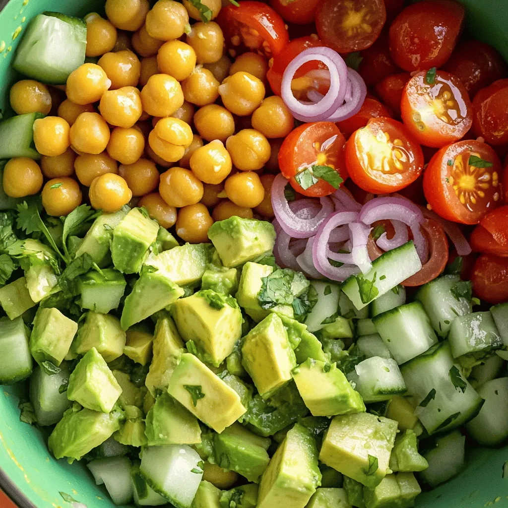 - 1 can (15 oz) chickpeas - 2 ripe avocados - 1 cup cherry tomatoes - ½ medium red onion - ½ cucumber - ¼ cup fresh cilantro - 2 tablespoons extra virgin olive oil - 1 tablespoon lime juice - 1 teaspoon ground cumin - Salt and pepper to taste The base of this salad starts with chickpeas. They add protein and fiber. I always drain and rinse them well to remove extra salt. Next, avocados bring creaminess that makes every bite smooth. I look for ripe ones, as they provide the best flavor. Cherry tomatoes add a burst of sweetness. I like to halve them to make them easier to eat. Red onion gives a sharp taste that wakes up the dish. Cutting it finely helps blend its flavor without being too strong. Cucumbers are key for crunch. I dice them small to balance the softer textures. Fresh cilantro adds a lovely herby touch. I chop it finely so it spreads out nicely. The dressing is simple but powerful. Extra virgin olive oil adds richness. Lime juice brightens the salad and makes the flavors pop. Ground cumin brings warmth and earthiness to the mix. I finish with salt and pepper for just the right touch. - Feta cheese for a creamy texture - Red pepper flakes for added heat - Mixed greens as a salad base If you want to mix it up, try some add-ins! Feta cheese gives a nice creamy bite. Red pepper flakes can add heat if you like spice. For a base, serve it on mixed greens for extra crunch and freshness. For the full recipe, check out Avocado Chickpea Delight 🥑. - Rinse and drain the chickpeas. - Dice avocados into bite-sized pieces. - Chop the cherry tomatoes, cucumber, and red onion. - Finely chop the cilantro for a fresh taste. To start, you need to rinse the chickpeas. This step removes any canning liquid and keeps your salad fresh. After draining, place them in a large mixing bowl. Next, take your ripe avocados. Cut them in half, remove the pit, and dice them. Keep the pieces large for a nice texture. Now it’s time for the vegetables. Chop the cherry tomatoes in half for sweetness. Dice the cucumber for a refreshing crunch. Finely chop the red onion for a burst of flavor. Don't forget the cilantro! It adds a herby kick that brightens the salad. - Combine all ingredients in a bowl. - Gently toss to combine without mashing. Once all your ingredients are prepared, it’s time to mix. Add the chickpeas, diced avocados, cherry tomatoes, cucumber, red onion, and cilantro into your bowl. This mix creates a colorful and tasty salad. Next, drizzle in the extra virgin olive oil and freshly squeezed lime juice. These add richness and brightness. Sprinkle the ground cumin, and season with salt and pepper. Now, gently toss everything together. Be careful not to mash the avocados. You want them to stay creamy and intact. - Taste and adjust seasoning. - Serve with pita chips or over greens. After mixing, it’s essential to taste your salad. This step lets you adjust the seasoning. If it needs more lime juice, salt, or pepper, add it. Every bite should burst with flavor. When you’re happy with the taste, think about how to serve it. I love pairing this salad with toasted pita chips. They add a nice crunch. You can also serve it over a bed of greens. This way, you get a light and fresh meal. Enjoy your delightful creation! To keep your avocados from turning brown, use lime juice. Lime juice adds flavor and keeps them fresh. After cutting, store them in an airtight container. This helps keep air out and prevents browning. Want to boost the taste? Add minced garlic for a bold kick. Garlic gives the salad a great depth. You can also marinate the chickpeas and veggies. Letting them sit for a bit lets the flavors mix and deepen. This salad pairs well with grilled chicken or fish. The freshness of the salad complements the rich flavors of the meat. You can also use it as a filling in wraps or sandwiches. It adds creaminess and crunch to your meal. For the full recipe, check out Avocado Chickpea Delight. {{image_4}} You can give your avocado chickpea salad a Mediterranean twist. First, add some green olives and colorful bell peppers. These ingredients will bring a bright flavor. You can also include cooked quinoa for extra protein. This makes the salad heartier and even more filling. If you love heat, try a spicy version! Incorporate diced jalapeños or a drizzle of sriracha. Both add a nice kick to the dish. Finish with a topping of creamy avocado dressing. This adds both spice and smoothness, making each bite exciting. For a creamy take, blend ripe avocado with yogurt or sour cream. This creates a rich dressing for your salad. Pour it over the mix to coat everything nicely. The creaminess balances the crunch of the veggies, making each bite delightful. For the full recipe, check out the Avocado Chickpea Delight. Enjoy experimenting with these variations! To keep your avocado chickpea salad fresh, refrigerate it in an airtight container. This helps prevent air from spoiling it. It tastes best when consumed within 1-2 days. After that, the avocados may brown, and the flavors can fade. If you want to save some for later, consider freezing the avocados before mixing. This way, they keep their texture better. You can also freeze the dressing separately. Just remember to thaw it before using. This method allows you to enjoy this tasty salad even when fresh ingredients are not available. Yes, but add avocados right before serving to maintain freshness. If you mix in the avocados too early, they can turn brown. To keep the salad bright and inviting, store the other ingredients in the fridge. Just toss in the diced avocados last for a creamy and colorful touch. Yes, the ingredients are entirely plant-based. This makes it a great choice for anyone following a vegan diet. Enjoy the blend of flavors and textures without any animal products. It’s a healthy meal that everyone can enjoy. Substitutes include black beans or lentils for variation. Both options add a good source of protein and fiber. You can also try edamame for a fun twist. Each substitute brings its own flavor, so feel free to experiment. Add cooked quinoa or diced grilled chicken. Quinoa is a great plant-based protein. It also adds a nutty flavor. If you prefer meat, go for grilled chicken. It complements the other ingredients well and boosts the protein content. This blog post covered how to make a tasty Avocado Chickpea Salad. We explored the main ingredients and step-by-step instructions to create a fresh dish. You learned tips for keeping avocados fresh and ways to boost flavor. Variations offer even more choices, and we touched on storage for leftovers. Overall, this salad is healthy, easy, and versatile. Enjoy making it your own!