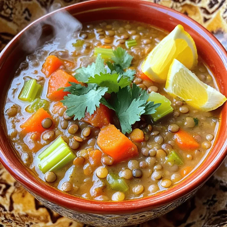 To make a cozy bowl of spiced lentil soup, you need a few key items. Here’s what you will need: - 1 cup green or brown lentils, thoroughly rinsed - 1 tablespoon extra virgin olive oil - 1 medium yellow onion, finely diced - 2 cloves garlic, finely minced - 2 medium carrots, peeled and diced - 2 celery stalks, trimmed and diced - 1 teaspoon ground cumin - 1 teaspoon ground coriander - 1/2 teaspoon smoked paprika - 1/4 teaspoon cayenne pepper (adjust according to spice preference) - 1 can (14 oz) diced tomatoes, including their juices - 6 cups vegetable broth - 1 bay leaf - Fresh salt and cracked black pepper to taste - Fresh cilantro leaves, chopped, for garnish - Lemon wedges, for serving These ingredients come together to make a rich, hearty soup. The lentils provide protein and fiber. The spices add warmth and depth. You can boost the soup's flavor with a few extra ingredients. Here are some ideas: - 1 teaspoon turmeric for a golden hue - 1 teaspoon ginger for a spicy kick - 1 tablespoon soy sauce for umami - 1 cup spinach or kale for added greens - A splash of red wine for richness Feel free to mix and match these options. They can enhance the taste and nutrition. This spiced lentil soup is not just tasty; it’s also healthy. Here’s a quick look at what you get per serving: - Calories: Approximately 220 - Protein: 12 grams - Fiber: 10 grams - Carbohydrates: 35 grams - Fat: 5 grams Lentils are great for your heart. They help keep you full and satisfied. This soup is perfect for a cozy night in or a quick lunch. For the full recipe, check out the detailed instructions. To make a great spiced lentil soup, gather your ingredients first. This helps you stay organized and ready. You will need: - 1 cup green or brown lentils, thoroughly rinsed - 1 tablespoon extra virgin olive oil - 1 medium yellow onion, finely diced - 2 cloves garlic, finely minced - 2 medium carrots, peeled and diced - 2 celery stalks, trimmed and diced - 1 teaspoon ground cumin - 1 teaspoon ground coriander - 1/2 teaspoon smoked paprika - 1/4 teaspoon cayenne pepper (adjust according to spice preference) - 1 can (14 oz) diced tomatoes, including their juices - 6 cups vegetable broth - 1 bay leaf - Fresh salt and cracked black pepper to taste - Fresh cilantro leaves, chopped, for garnish - Lemon wedges, for serving Now, wash the lentils well. Dice the onion, carrots, and celery. Mince the garlic. Having everything ready makes cooking smoother. Start by heating the olive oil in a large pot over medium heat. Once hot, add the diced onion. Cook for about 5 minutes until the onion is soft and clear. Next, throw in the minced garlic, diced carrots, and celery. Stir and cook for another 5 minutes. The kitchen will smell amazing as the veggies soften. Now add the spices: cumin, coriander, smoked paprika, and cayenne pepper. Stir them in for about 1 minute. This toasts the spices, making them taste even better. Then, pour in the rinsed lentils and the can of diced tomatoes with juices. Add the vegetable broth and bay leaf. Turn up the heat until it boils. Once boiling, lower the heat and let it simmer uncovered for 30 to 35 minutes. Stir it sometimes to stop it from sticking. After 30 to 35 minutes, the lentils should be tender. Check the soup and remove the bay leaf. Now, season it with salt and black pepper. If the soup feels too thick, just stir in more vegetable broth. You can make it just how you like. Serve the soup hot. Garnish with chopped cilantro and a squeeze of lemon for a fresh taste. Enjoy your warm, cozy bowl of spiced lentil soup! For the full recipe, refer to the details above. When cooking lentils, rinse them well. This step removes dust and small stones. Use the right type of lentils for your soup. Green and brown lentils work best. They hold their shape and add texture to the soup. Always check lentils for any bad ones before cooking. Soaking lentils is not needed; they cook fast. To boost flavor, try adding a splash of lemon juice. The acidity brightens the soup's taste. Fresh herbs like thyme or rosemary can add depth. You can also mix in leafy greens like spinach or kale. For a creamier texture, blend part of the soup before serving. Adding a dollop of yogurt on top can also enhance flavor. Avoid overcooking lentils. They should be tender but not mushy. If your soup turns too thick, add more broth. This keeps your soup light and flavorful. Don’t forget to taste as you cook! Adjusting salt and spices early can make a big difference. Lastly, always remove the bay leaf before serving. It can be tough and bitter. For the full recipe, check back to the main section. Enjoy your cooking! {{image_4}} You can easily change the flavor of 63. Spiced Lentil Soup by adding different ingredients. For a heartier option, try using sweet potatoes or butternut squash. These add sweetness and creaminess. If you want more protein, add chopped cooked chicken or turkey. You can also swap the lentils for split peas or chickpeas. Each choice will give the soup a unique taste. This soup is flexible for many diets. If you are vegan, the original recipe is already perfect. Just stick with vegetable broth. For gluten-free needs, make sure to use gluten-free broth. You can also make it low-carb by skipping the carrots or using zucchini instead. This way, you can enjoy the soup while sticking to your diet goals. Changing the spices can bring new life to your soup. If you want a hint of warmth, add some ginger. For a fresh twist, use fresh herbs like thyme or rosemary. You can also adjust the heat level. If you love spice, add more cayenne or some crushed red pepper. For a milder flavor, skip the cayenne altogether. Each option will make your soup fun and exciting! Storing leftover spiced lentil soup is simple. First, let the soup cool down. Once it's cool, pour it into an airtight container. Make sure the lid seals tightly. This keeps the soup fresh. You can store it in the fridge for up to four days. If you think you won't eat it soon, consider freezing it. To reheat your soup, you have two main options: the stove or the microwave. If you use the stove, pour the soup into a pot. Heat it over medium-low heat. Stir it often so it warms evenly. This helps keep the flavor strong. If you choose the microwave, place the soup in a safe bowl. Heat it for one minute, then stir. Keep heating in short bursts until hot. Always check the temperature before serving. Freezing spiced lentil soup is a great way to save it for later. Use freezer-safe containers or bags. Leave some space in the container for expansion. Label the container with the date. This helps you know how long it has been in the freezer. You can freeze the soup for up to three months. When you are ready to eat it, thaw it overnight in the fridge. Then, reheat as usual for a tasty meal. For the full recipe, check it out and enjoy making this comforting dish! I recommend using green or brown lentils for this soup. They hold their shape well during cooking. They also add a hearty texture to the dish. Red lentils can work too, but they tend to break down and get mushy. If you want a soup with a solid base, stick to green or brown lentils. Yes, you can make this soup in a slow cooker. Just follow the same steps, but instead of stovetop cooking, add everything to the slow cooker. Set it on low for about 6-8 hours or on high for 3-4 hours. It’s a great option for busy days when you want a warm meal ready when you are. To make the soup spicier, add more cayenne pepper or some chopped fresh chili peppers. You can also stir in hot sauce at the end to kick up the heat. For a milder version, reduce the cayenne pepper or remove it altogether. Taste as you go so you can find your perfect spice level! In this article, we explored how to make 63. Spiced Lentil Soup. We covered key ingredients, preparation steps, and cooking methods. I shared tips for enhancing flavor and avoiding mistakes. You can also adapt the recipe for different diets and preferences. Finally, we discussed storage and reheating to maintain taste. This soup is easy to make and full of nutrients. Enjoy creating your own version!