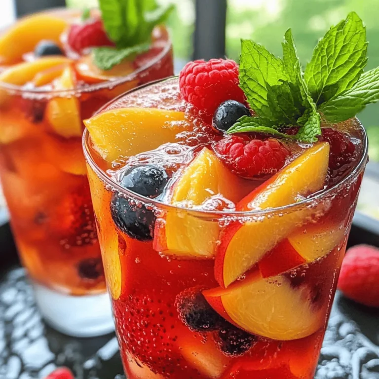 To make Peach Berry Iced Tea, gather these simple ingredients: - 4 cups water - 2 black tea bags - 1 ripe peach, sliced thinly - 1 cup mixed berries (such as strawberries, raspberries, and blueberries) - 1/4 cup honey or agave syrup (adjust for sweetness) - 1 tablespoon freshly squeezed lemon juice - Fresh mint leaves for garnish These ingredients blend perfectly to create a refreshing drink. The black tea gives a rich base. Peaches and berries add natural sweetness and flavor. You can switch some ingredients if you need to. Here are a few ideas: - Sweeteners: Use maple syrup or stevia if you want a different taste. - Fruits: Try other fruits like cherries or watermelon. They will change the flavor but taste great. - Tea Types: For a twist, use green tea or herbal tea instead of black. Experimenting can lead to new favorites! Choosing the right tea is key. Black tea has a bold flavor that pairs well with fruit. If you prefer a lighter taste, opt for green tea. Using fresh fruits gives your tea a vibrant taste. Fresh peaches are juicy and sweet. However, frozen fruits work well too. They are often picked at peak ripeness and can be very flavorful. - Flavor: Fresh fruit adds a bright flavor. Frozen fruit may be slightly less intense but still delicious. - Texture: Fresh fruit provides a nice crunch. Frozen fruit can be soft after blending but blends smoothly. Both options work great. Choose based on what you have on hand or what is in season. Enjoy your Peach Berry Iced Tea with either type! To start, boil 4 cups of water in a medium pot. Use high heat for a quick boil. Once it bubbles, take the pot off the heat. Add 2 black tea bags right away. Let the tea steep for 5 minutes. This step gives your tea a rich flavor. After 5 minutes, remove the tea bags. Your tea is now ready to mix with fruit! Next, let’s prepare the fruit. Slice one ripe peach into thin pieces. Measure out 1 cup of mixed berries. You can use strawberries, raspberries, or blueberries. Put the sliced peach and berries in a blender. Add 1/4 cup of honey or agave syrup for sweetness. Squeeze in 1 tablespoon of lemon juice. Blend this fruit mixture until it is smooth. Now it’s time to combine everything! Get a large pitcher and place a fine mesh sieve over it. Pour your blended fruit mixture into the sieve. Use a spoon to push down the mixture. This helps to extract all the juice. Discard any solids left in the sieve. Pour the brewed tea into the pitcher with the fruit juice. Stir well to mix the flavors. Let the mixture cool to room temperature. After that, chill it in the fridge for at least 2 hours. This step lets the flavors blend. When ready, serve over ice and garnish with mint. You can also add extra fruit slices for color. For the full recipe, refer to the Peach Berry Bliss Iced Tea section. To make your Peach Berry Iced Tea just right, start with the honey or agave syrup. I suggest adding 1/4 cup at first. Taste the tea after mixing. If you want it sweeter, add more syrup, one tablespoon at a time. This way, you can find your perfect sweetness. Want to add a twist? Consider adding a pinch of cinnamon or a hint of ginger for warmth. You can also try fresh basil or thyme. These herbs will give your iced tea a unique taste. Experiment with different spices to find what you love. Serving your iced tea well makes it even more special. Use tall glasses filled with ice. Add a slice of peach or a few berries on the rim of each glass. Finish with a sprig of fresh mint. This not only looks great but also adds a nice scent. Your guests will be impressed! {{image_4}} You can change the fruits based on the season. In summer, fresh peaches and berries shine. When fall arrives, consider adding apples or pears. Winter is great for citrus fruits like oranges or grapefruits. Spring brings a chance to use strawberries and cherries. This flexibility makes your drink fun and unique all year long. To make a refreshing cocktail, add a splash of vodka or rum. Mix one part alcohol to three parts iced tea. Shake it with ice, then strain into a glass. You can also add a touch of sparkling water for some fizz. This twist is perfect for a summer party or a cozy evening. If you crave warmth, you can enjoy hot peach berry tea. Start by brewing a stronger tea with two bags in just two cups of water. Blend the fruits as before, but skip the chilling step. Pour the hot tea into the fruit mix. Stir well, and enjoy it warm. This version is comforting and perfect for cooler days. To keep your Peach Berry Iced Tea fresh, pour any leftovers into a clean pitcher. Make sure to cover it tightly with a lid or plastic wrap. Store the tea in the refrigerator. It will stay tasty for up to three days. This method keeps the flavors vibrant and crisp. Avoid leaving it out at room temperature to prevent spoilage. If you want to enjoy your iced tea later, freezing is a great option. Pour the iced tea into ice cube trays. Once frozen, transfer the cubes into a zip-top bag. This way, you can add them to drinks for a quick chill. You can also blend the frozen cubes into smoothies or slushies for a fun treat! Peach Berry Iced Tea can last for about three days in the fridge. After that, the fruit may start to lose its flavor and freshness. If you freeze it, it can last for about two months. Always check for any signs of spoilage, like off smells or changes in color. Enjoy your refreshing drink at its best! You can skip the sugar by using fresh fruit. The ripe peach and mixed berries add natural sweetness. You can also use stevia or monk fruit as sweeteners. They add sweetness without sugar. Adjust the amount based on your taste. Yes, you can use herbal tea. Herbal teas like hibiscus or chamomile work well. They add unique flavors and aromas. Just remember, the iced tea might taste different. Choose a flavor you enjoy. This iced tea has many health benefits. Black tea is rich in antioxidants. It can boost heart health. Peaches are high in vitamins A and C. They support skin health and digestion. Mixed berries are low in calories. They are full of fiber and may help with weight loss. To make more servings, double or triple the ingredients. For example, use 8 cups of water and 4 tea bags for 8 servings. Follow the same steps to prepare it. Just ensure you have a bigger pitcher to hold the extra tea. Peach Berry Iced Tea combines fresh flavors and simple steps to create a tasty drink. We covered essential ingredients and how to brew the perfect tea. You can adjust sweetness and even try fun variations for any season. Remember, using fresh fruits gives the best taste, while frozen ones offer convenience. Store leftovers wisely to enjoy later. Now you have the tools to make this refreshing drink. Enjoy your iced tea adventure!