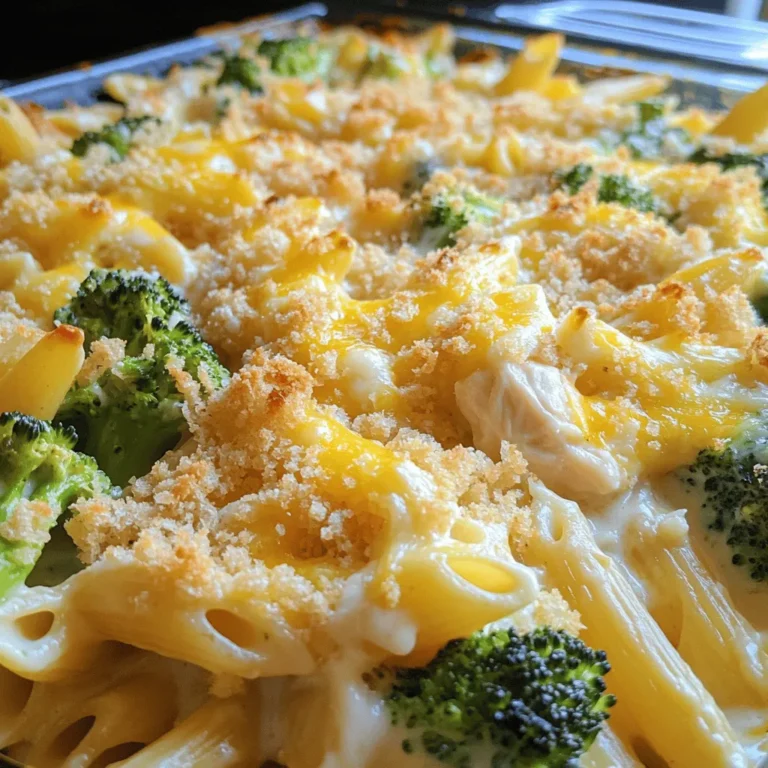 - 2 cups cooked chicken, shredded - 3 cups broccoli florets (fresh or frozen) - 8 ounces penne pasta - 2 cups Alfredo sauce (store-bought or homemade) - 1 cup shredded mozzarella cheese - 1/2 cup grated Parmesan cheese - 1 tablespoon olive oil - 1 teaspoon garlic powder - 1/2 teaspoon black pepper - Salt to taste - 1/2 cup breadcrumbs (optional for topping) When making Chicken Broccoli Alfredo Bake, choosing the right ingredients is key. Start with cooked chicken. I like to shred it into bite-sized pieces. This helps it mix well with the pasta and sauce. You can use any chicken you have, like rotisserie chicken or leftover grilled chicken. Next, broccoli florets add color and nutrients. Fresh or frozen works well. If you use fresh, make sure they are bright green and firm. For pasta, penne is my favorite choice. It holds the sauce nicely. Make sure to cook it just right. Al dente pasta is best as it will continue to cook in the oven. Now, let's move on to the sauce and cheese. Use Alfredo sauce for the creamy base. You can buy it, or you can make it at home if you have time. Mozzarella cheese adds a nice stretch, while Parmesan gives a rich flavor. Finally, seasonings tie everything together. Garlic powder and black pepper add depth. Salt helps enhance all the flavors. If you want a crunchy topping, breadcrumbs are a great choice. They add texture and make the dish even more fun to eat. You will find the full recipe at the end of this article, which lists all the ingredients and steps clearly. - Preheat the oven to 350°F (175°C). - Cook penne pasta according to package instructions. - Sauté broccoli florets in olive oil until tender-crisp. - Mix chicken, pasta, broccoli, Alfredo sauce, and seasonings in a bowl. - Transfer to a greased baking dish and add toppings. - Bake for 25-30 minutes until golden brown and bubbly. Start by preheating your oven to 350°F. This step makes sure your bake cooks evenly. Next, boil water in a large pot. Add the penne pasta and cook it as per the package's directions. Usually, this takes 7-9 minutes. Drain the pasta and let it cool a bit. While the pasta cooks, heat olive oil in a skillet over medium heat. Toss in the broccoli florets. Sauté them for about 3-4 minutes. You want them bright green and tender-crisp, which brings out their flavor. In a large bowl, combine shredded chicken, cooked penne pasta, sautéed broccoli, Alfredo sauce, shredded mozzarella, garlic powder, black pepper, and salt. Mix gently until everything is well coated in creamy goodness. Now, take a greased 9x13 inch baking dish. Carefully transfer your mixture into it. Spread it evenly, so every bite has all the flavors. For a crunchy topping, sprinkle breadcrumbs over the top. Then, add a layer of grated Parmesan cheese for a rich flavor. Place your dish in the oven and bake for 25-30 minutes. Keep an eye on it until the top turns golden brown and bubbly. Once it’s done, take it out and let it cool for about 5 minutes. This helps with serving and enhances the taste. For the full recipe, check the section above. Enjoy your cheesy Chicken Broccoli Alfredo Bake! - How to choose the best chicken for shredding. For shredding, use cooked chicken breast or thighs. Thighs stay moist and tender. You can also use rotisserie chicken for quick prep. Look for meat that is juicy and not dry. - Best practices for cooking broccoli to retain flavor and nutrients. Steam broccoli for 3-4 minutes until bright green. This keeps its crunch and nutrients. Avoid boiling, as it can make broccoli mushy and dull. If using frozen broccoli, thaw it first and drain excess water. - Garnishing options for presentation. Sprinkle fresh parsley on top for color. For extra flavor, add grated Parmesan right before serving. This makes each plate look fancy and inviting. - Pairing ideas with sides or salads. Serve with a simple garden salad for freshness. Garlic bread also pairs well, adding a nice crunch. You can also offer a light soup on the side for a complete meal. - Tips for fixing dry or overly creamy mixture. If your bake is dry, add more Alfredo sauce or a splash of broth before baking. To fix an overly creamy dish, add more pasta or broccoli to balance the texture. - How to adjust baking time for different oven types. If your oven runs hot, check the bake at 20 minutes. For older ovens, it may need longer. Always look for a golden top and bubbly edges to know it’s ready. {{image_4}} You can switch up the shredded chicken for rotisserie chicken. This saves time and adds flavor. You can also use turkey if you want a leaner choice. For pasta, feel free to try different kinds. Penne works well, but you can use rotini or fusilli too. Each type brings a unique texture. Want more flavor? Add red pepper flakes for a spicy kick. You can also mix in veggies like spinach or bell peppers. These not only add taste but also make your dish colorful and healthy. Experiment with garlic or onion powder for deeper flavors. If you need a gluten-free option, look for gluten-free pasta. Many brands offer tasty alternatives that cook well. For a vegan version, use a plant-based cheese and a dairy-free Alfredo sauce. You can easily create a creamy dish that everyone can enjoy. To store leftovers, place them in an airtight container. Make sure to cool the dish first. Store the Chicken Broccoli Alfredo Bake in the refrigerator. It will stay fresh for about 3 to 4 days. Always check for any signs of spoilage before eating. For longer storage, you can freeze this dish. First, let it cool completely. Then, wrap it tightly in plastic wrap and place it in a freezer-safe container. This will help keep it fresh for about 2 to 3 months. When you are ready to eat, thaw it in the fridge overnight. Reheat it in the oven at 350°F (175°C) until warm. This keeps the texture and flavor intact. Watch for signs that the dish has gone bad. If you see mold or if it smells sour, it is best to throw it away. Also, if the texture feels slimy or off, do not eat it. Always practice good food safety to keep yourself healthy. What is the best way to reheat Chicken Broccoli Alfredo Bake? The best way to reheat this dish is in the oven. Preheat the oven to 350°F (175°C). Place the bake in an oven-safe dish, cover it with foil, and heat for about 20 minutes. This keeps it moist and prevents drying out. You can also use the microwave. Just heat it on medium power in short bursts. Stir between intervals to heat evenly. Can I make this dish ahead of time? Yes, you can prepare this dish a day ahead. Just assemble it in the baking dish and cover it with plastic wrap. Store it in the fridge until you’re ready to bake. This saves time and makes dinner easier. Just remember to bake it for a bit longer if it’s cold from the fridge. How can I make this dish more cheesy? To make it extra cheesy, add more mozzarella and Parmesan. You can mix in 1/2 cup of cream cheese for added creaminess. You can also sprinkle extra cheese on top before baking. The more cheese, the richer the flavor! What can I substitute for Alfredo sauce if I don’t have any? If you don’t have Alfredo sauce, you can use a white sauce made with butter, flour, and milk. Add cheese to this sauce for flavor. You can also try a store-bought cheese sauce or even a homemade béchamel sauce. How many servings does this recipe yield? This recipe yields about 6 servings. Each serving is a hearty portion. It’s great for family meals or gatherings. Can I scale this recipe for a larger crowd? Absolutely! You can double the recipe for larger crowds. Just use a bigger baking dish and adjust the baking time as needed. Make sure to stir well so the flavors mix in. This dish is perfect for parties or potlucks. This dish combines chicken, pasta, and broccoli in a creamy sauce. You can customize it with different cheeses and toppings. Remember to check your ingredients and save some for future meals. With these easy steps, you’ll cook a great dinner. Enjoy experimenting with flavors, and don’t hesitate to make it your own. Your family will love this Chicken Broccoli Alfredo Bake! Happy cooking!
