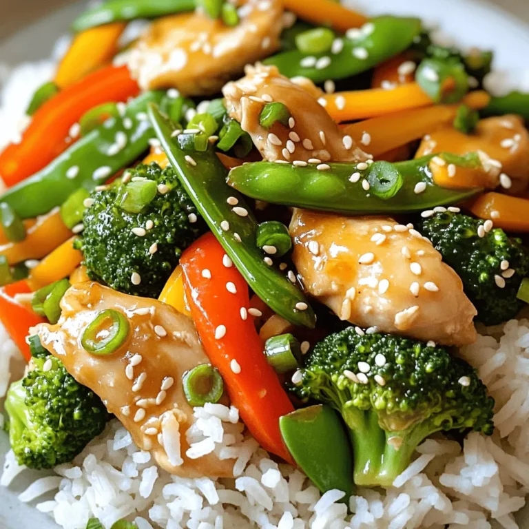 - 1 lb boneless, skinless chicken breast, thinly sliced - 1 large bell pepper (red or yellow), sliced into strips - 1 cup broccoli florets, cut into bite-sized pieces - 1 cup snap peas, trimmed - 1 medium carrot, julienned - 1/4 cup low-sodium soy sauce - 1 tablespoon honey - 1 tablespoon rice vinegar - 2 tablespoons sesame oil, divided - 3 cloves garlic, finely minced - 1 tablespoon fresh ginger, finely minced - Sesame seeds for garnish - 3 green onions, chopped (white and green parts kept separate) Using these ingredients, you can create a dish that bursts with flavor. Each element adds its own unique taste. The chicken breast serves as a great protein base. Bell peppers and broccoli contribute crunch and color. Snap peas and carrots add sweetness and texture. When you use sesame oil, garlic, and ginger, you create a rich aroma. These cooking essentials infuse the dish with depth. Finally, the sesame seeds and green onions provide a delightful finish. They enhance the dish's look and add a touch of brightness. For the full recipe, check the detailed instructions. Heat a large skillet or wok over medium-high heat. Add 1 tablespoon of sesame oil. When the oil shimmers, add the thinly sliced chicken. Season it with salt and pepper. Cook the chicken for 5-7 minutes. Stir it often until golden brown and fully cooked. Once done, remove the chicken from the skillet and set it aside. In the same skillet, add the second tablespoon of sesame oil. Let it heat up. Then, add the minced ginger and garlic. Sauté these for about 30 seconds. This step helps unlock their amazing flavors. Now, add the sliced bell pepper, broccoli florets, snap peas, and julienned carrot to the skillet. Stir-fry the vegetables for 4-5 minutes. You want them tender but still crisp. This keeps the dish colorful and crunchy. Return the cooked chicken to the skillet with the vegetables. In a separate small bowl, mix the soy sauce, honey, and rice vinegar. Whisk these until they blend well. Pour this sauce evenly over the chicken and veggies in the skillet. Stir everything together gently. Bring the mixture to a simmer over medium heat. This helps combine all the flavors and makes the dish more delicious. Next, slowly add the cornstarch slurry to the stir-fry. Stir constantly as you add it. Cook for 1-2 more minutes until the sauce thickens to your liking. This gives the dish a nice glossy finish. Remove the skillet from the heat. Add the chopped green tops of the green onions. Toss everything gently to combine. Serve the stir-fry on plates. Sprinkle sesame seeds on top for extra crunch. Enjoy this delightful meal! For the full recipe, you can refer to the earlier sections. For the best chicken stir-fry, use boneless, skinless chicken breast. Thinly slice it for quick cooking. This cut stays tender and soaks up flavors well. Heat your skillet over medium-high heat. This helps sear the chicken quickly, locking in moisture. Want to spice things up? Try adding a dash of red pepper flakes for heat. You can also mix in a splash of hoisin sauce for extra sweetness. Serve this stir-fry with jasmine rice or noodles. Both options soak up the sauce nicely. To plate your dish, start with a mound of rice in the center. Arrange the chicken and veggies around it. This creates a beautiful, colorful display. For garnish, sprinkle sesame seeds and chopped green onions on top. This adds a nice crunch and fresh flavor. For the full recipe, click here: [Full Recipe]. {{image_4}} You can easily change the protein in this dish. If you don’t like chicken, try these options: - Pork: Thinly sliced pork loin works well. - Beef: Flank steak adds great flavor. - Tofu: Firm tofu is perfect for a vegetarian option. - Shrimp: Quick-cooking shrimp gives a seafood twist. For vegetarian or vegan options, stick with tofu or tempeh. These protein sources soak up flavors well and add a nice texture. If you use tofu, press it to remove excess water for better frying. You can swap vegetables based on what’s in season or what you like best. Here are some great choices: - Zucchini: Adds a nice crunch and color. - Mushrooms: They bring an earthy flavor. - Asparagus: Great for spring dishes. - Cauliflower: A fun way to add some fiber. Mixing different veggies can also create a more colorful dish. Try to use at least three different kinds for variety. Adjust the sauce to match your taste. If you like it sweeter, add more honey. For a spicier kick, toss in some red pepper flakes. You can also switch vinegars. Here are some options: - Apple cider vinegar: It gives a fruity flavor. - Balsamic vinegar: Adds depth and sweetness. - White vinegar: For a sharper taste. Experimenting with these changes makes the dish your own. Don’t be afraid to try new flavors! For the full recipe, check the original instructions. To store leftovers, let the stir-fry cool down first. Place it in an airtight container. This keeps it fresh for up to three days in the fridge. When you're ready to eat, just take out the portion you want. If you want to freeze the stir-fry, use a freezer-safe bag or container. Remove as much air as possible to prevent freezer burn. You can freeze it for up to three months. Remember, some veggies may lose crunch when thawed, so choose your mix carefully. To reheat, the best method is on the stovetop. Add a splash of water or broth to keep it moist. Heat it over medium until hot. If you prefer the microwave, use a microwave-safe dish. Cover it with a damp paper towel to keep steam in. This helps maintain the texture and flavor. You can make this dish your own by adding personal touches. Try using different vegetables like zucchini or bok choy. You can also swap chicken for shrimp or tofu. Add your favorite nuts for a crunchy texture. Experiment with spicy sauces to kick up the heat. Each change can give you a new dish! Yes, frozen vegetables work well in this stir-fry. They save time and are easy to use. However, keep in mind that they may cook faster than fresh ones. You might need to adjust your cooking time. Aim for 3-4 minutes instead of 4-5 minutes for the veggies to stay crisp. Stir-fry goes great with several side dishes. Serve it with steamed jasmine rice for a classic touch. You can also pair it with brown rice for a healthier option. Noodles, like soba or rice noodles, also work well. Add a simple side salad for freshness and extra crunch. Absolutely! This sesame ginger chicken stir-fry is perfect for meal prep. Cook a big batch and divide it into containers. It stores well in the fridge for up to three days. To reheat, use a microwave or skillet. Just be sure to add a splash of water to keep it moist. To make this dish healthier, try a few simple swaps. Use less oil, or replace it with cooking spray. Choose low-sodium soy sauce to cut down on salt. Add more vegetables to increase fiber and nutrients. You can also cut back on honey for fewer calories. This blog post covered how to make a tasty Sesame Ginger Chicken Stir-Fry. We discussed key ingredients like chicken, fresh veggies, and flavorful sauces. I shared step-by-step cooking instructions, along with tips to enhance flavor and presentation. We also explored variations for dietary needs and the best ways to store leftovers. In summary, stir-fry is easy, fun, and flexible. You can customize it to suit your tastes. Enjoy making this dish your own, and share it with friends and family!