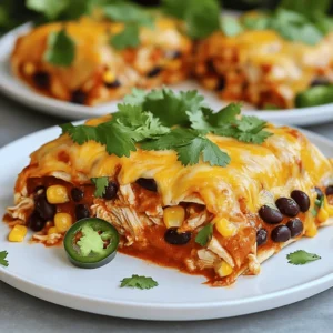 - Cooked chicken, shredded - Black beans, rinsed and drained - Frozen corn - Enchilada sauce (red or green) - Shredded cheese (cheddar and Monterey Jack blend) - Corn tortillas - Red onion, finely diced - Ground cumin and chili powder - Salt and pepper - Fresh cilantro and jalapeños for garnish I love using fresh ingredients for my Chicken and Cheese Enchiladas Casserole. Each item plays a key role in the dish. The cooked chicken adds protein and flavor. Black beans give it a hearty feel. Frozen corn adds sweetness and texture. I often choose red enchilada sauce for its rich taste, but green works great too. The cheese blend of cheddar and Monterey Jack melts beautifully and pulls the dish together. Corn tortillas are essential for making layers. The red onion adds a nice crunch and bite, while cumin and chili powder bring warmth. Don't forget salt and pepper for seasoning! Finally, fresh cilantro and sliced jalapeños make for a colorful and tasty garnish. If you want to switch things up, you can use different proteins. Turkey or beef are great alternatives to chicken. For a vegetarian option, load up on more beans and veggies. If you need a dairy-free option, try dairy-free cheese. It melts differently, but the flavor will still be great! Feel free to experiment with what you have on hand. Enjoy the cooking adventure with this Chicken and Cheese Enchiladas Casserole! 1. Preheat your oven to 350°F (175°C). This makes sure your casserole cooks evenly. 2. Prepare your baking dish by spreading a thin layer of enchilada sauce on the bottom. This adds flavor and keeps the tortillas from sticking. 3. Mix the filling in a large bowl. Combine the shredded chicken, black beans, frozen corn, half of the enchilada sauce, cumin, chili powder, and diced onion. Add salt and pepper to taste. Stir well until everything is mixed. 1. Layering technique: Start with four corn tortillas flat in the dish. Overlap them slightly to cover the sauce. 2. Even distribution: Spoon half of the chicken mixture over the tortillas. Make sure it spreads evenly. Then, sprinkle half of the cheese on top. Repeat this step with the next set of tortillas, chicken mixture, and cheese to build layers. 3. Final touch: Place one last layer of tortillas on top. Drizzle any leftover enchilada sauce over these tortillas for moisture and taste. 1. Cover with foil: Wrap your baking dish tightly with aluminum foil. This keeps the steam in, making your casserole moist. 2. Bake time: Place the dish in the preheated oven and bake for 20 minutes. After that, remove the foil and bake for another 10-15 minutes. You want the cheese to be bubbly and golden brown. 3. Check for doneness: The casserole is ready when the cheese looks melted and the edges are slightly crispy. Let it cool for five minutes before slicing. This method ensures a delicious Chicken and Cheese Enchiladas Casserole that everyone will enjoy! For complete details, check the Full Recipe. One common mistake is overmixing or under-seasoning. When mixing the chicken and beans, stir gently. This keeps the texture nice. Ensure you add enough salt and spices for flavor. Taste the mixture before layering. Another frequent error is not covering the dish properly during baking. Use aluminum foil to trap steam. This helps the casserole cook evenly and keeps it moist. If you live at a high altitude, you may need to adjust your cooking time. Higher altitudes can affect how food cooks. Bake the casserole a bit longer if it seems undercooked. Oven temperature can also vary. Check if your oven runs hot or cold. Use an oven thermometer for accuracy. Adjust the temperature slightly if needed to ensure even baking. Garnishing your casserole makes it look inviting. I recommend adding fresh cilantro on top. You can also add sliced jalapeños for a spicy kick. For serving, slice the casserole into squares. Plate each piece individually for a nice touch. Pair your casserole with a side salad or some rice. This adds color and balance to your meal. {{image_4}} You can make this dish even better with some simple tweaks. Adding spices like paprika or smoked paprika can give your casserole a smoky kick. If you like heat, consider adding diced jalapeños to the filling or on top. Different sauces can change the taste too. Try using green enchilada sauce for a zesty twist. Adding vegetables boosts nutrition and flavor. You can mix in chopped bell peppers, zucchini, or spinach. These veggies will add color and a fresh crunch. They also blend well with the other ingredients. If you need a gluten-free version, use corn tortillas instead of flour ones. They hold up well and add a nice flavor. You can also make it low-calorie by cutting back on cheese or using a lighter cheese blend. This way, you keep the taste without all the calories. Another idea is to swap out chicken for beans or lentils. This makes the dish vegetarian-friendly while still being filling and tasty. You can prepare your casserole in various ways to suit your needs. A slow cooker is great for busy days. Just mix the ingredients and let it cook on low for 6-8 hours. This method makes everything super tender. If you have an Instant Pot, you can make it in less time. Layer the ingredients in the pot, seal it, and cook on high for about 15 minutes. This method saves time and keeps the flavors locked in. These variations make this Chicken and Cheese Enchiladas Casserole versatile and fun to try. Each method and adjustment can lead to a new favorite dish. For the complete recipe, check out the Full Recipe section. After you enjoy the Chicken and Cheese Enchiladas Casserole, store leftovers safely. First, let the casserole cool down to room temperature. This keeps moisture in check and prevents sogginess. Use airtight containers for the best results. Glass or plastic containers work well. They keep the flavors fresh and prevent spills. You can freeze this casserole either before or after baking. To freeze before baking, assemble the dish and cover it tightly with foil. This keeps out air and prevents freezer burn. If you freeze it after baking, let it cool completely before wrapping. To reheat, thaw the casserole overnight in your fridge. Then, bake it at 350°F (175°C) until heated through, about 30-40 minutes. In the fridge, your casserole lasts about 3-4 days. If you freeze it, it can last for up to 2-3 months. However, for the best taste, try to eat it sooner. The flavors will be at their peak when fresh! To make Chicken and Cheese Enchiladas Casserole, follow these steps from the Full Recipe: 1. Preheat your oven to 350°F (175°C). This gets it ready for the casserole. 2. Mix the filling: In a big bowl, combine 2 cups of shredded cooked chicken, 1 can of black beans, 1 cup of frozen corn, half of the enchilada sauce, 1 teaspoon of ground cumin, 1 teaspoon of chili powder, 1 small diced red onion, and salt and pepper. Stir until mixed well. 3. Prepare your baking dish: Spread some of the remaining enchilada sauce on the bottom of a 9x13 inch dish. 4. Layer the tortillas: Place 4 corn tortillas on top of the sauce, overlapping them a bit. 5. Add the filling: Spoon half of the chicken mixture over the tortillas and sprinkle half of the cheese on top. 6. Repeat the layers: Add another 4 tortillas, the rest of the chicken mixture, and the rest of the cheese. 7. Final touches: Add a last layer of tortillas and drizzle remaining enchilada sauce over the top. 8. Cover and bake: Cover the dish with foil and bake for 20 minutes. 9. Uncover and finish baking: Remove the foil and bake for another 10-15 minutes until the cheese bubbles and turns golden. 10. Cool and serve: Let it cool for about 5 minutes before slicing. Yes, you can use frozen chicken. To cook frozen chicken for the casserole, follow these steps: - Place the frozen chicken in a pot of water and boil it until fully cooked. This usually takes about 20-30 minutes. - Once cooked, shred the chicken and use it in your casserole. Using frozen chicken is a great time-saver, but be sure to check that it’s fully cooked before mixing it with other ingredients. Here are some tasty sides that go well with Chicken and Cheese Enchiladas Casserole: - Mexican rice: It adds a nice flavor balance. - Refried beans: They bring extra protein and richness. - Guacamole: This adds creaminess and freshness. - Corn salad: A mix of corn, tomatoes, and lime for a refreshing bite. - Chips and salsa: Perfect for some crunch on the side. These sides complement the flavors of the casserole and create a complete meal. You can create a tasty Chicken and Cheese Enchiladas Casserole with simple steps. Remember to prep your ingredients carefully and layer them right for great taste. Avoid common mistakes by seasoning well and covering your dish while baking. You can try variations too, like adding veggies or using different proteins. Proper storage lets you enjoy leftovers later. This dish is a fun, easy meal that fits many diets. Get creative and make it yours, and don’t forget to share it!