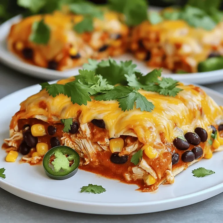 - Cooked chicken, shredded - Black beans, rinsed and drained - Frozen corn - Enchilada sauce (red or green) - Shredded cheese (cheddar and Monterey Jack blend) - Corn tortillas - Red onion, finely diced - Ground cumin and chili powder - Salt and pepper - Fresh cilantro and jalapeños for garnish I love using fresh ingredients for my Chicken and Cheese Enchiladas Casserole. Each item plays a key role in the dish. The cooked chicken adds protein and flavor. Black beans give it a hearty feel. Frozen corn adds sweetness and texture. I often choose red enchilada sauce for its rich taste, but green works great too. The cheese blend of cheddar and Monterey Jack melts beautifully and pulls the dish together. Corn tortillas are essential for making layers. The red onion adds a nice crunch and bite, while cumin and chili powder bring warmth. Don't forget salt and pepper for seasoning! Finally, fresh cilantro and sliced jalapeños make for a colorful and tasty garnish. If you want to switch things up, you can use different proteins. Turkey or beef are great alternatives to chicken. For a vegetarian option, load up on more beans and veggies. If you need a dairy-free option, try dairy-free cheese. It melts differently, but the flavor will still be great! Feel free to experiment with what you have on hand. Enjoy the cooking adventure with this Chicken and Cheese Enchiladas Casserole! 1. Preheat your oven to 350°F (175°C). This makes sure your casserole cooks evenly. 2. Prepare your baking dish by spreading a thin layer of enchilada sauce on the bottom. This adds flavor and keeps the tortillas from sticking. 3. Mix the filling in a large bowl. Combine the shredded chicken, black beans, frozen corn, half of the enchilada sauce, cumin, chili powder, and diced onion. Add salt and pepper to taste. Stir well until everything is mixed. 1. Layering technique: Start with four corn tortillas flat in the dish. Overlap them slightly to cover the sauce. 2. Even distribution: Spoon half of the chicken mixture over the tortillas. Make sure it spreads evenly. Then, sprinkle half of the cheese on top. Repeat this step with the next set of tortillas, chicken mixture, and cheese to build layers. 3. Final touch: Place one last layer of tortillas on top. Drizzle any leftover enchilada sauce over these tortillas for moisture and taste. 1. Cover with foil: Wrap your baking dish tightly with aluminum foil. This keeps the steam in, making your casserole moist. 2. Bake time: Place the dish in the preheated oven and bake for 20 minutes. After that, remove the foil and bake for another 10-15 minutes. You want the cheese to be bubbly and golden brown. 3. Check for doneness: The casserole is ready when the cheese looks melted and the edges are slightly crispy. Let it cool for five minutes before slicing. This method ensures a delicious Chicken and Cheese Enchiladas Casserole that everyone will enjoy! For complete details, check the Full Recipe. One common mistake is overmixing or under-seasoning. When mixing the chicken and beans, stir gently. This keeps the texture nice. Ensure you add enough salt and spices for flavor. Taste the mixture before layering. Another frequent error is not covering the dish properly during baking. Use aluminum foil to trap steam. This helps the casserole cook evenly and keeps it moist. If you live at a high altitude, you may need to adjust your cooking time. Higher altitudes can affect how food cooks. Bake the casserole a bit longer if it seems undercooked. Oven temperature can also vary. Check if your oven runs hot or cold. Use an oven thermometer for accuracy. Adjust the temperature slightly if needed to ensure even baking. Garnishing your casserole makes it look inviting. I recommend adding fresh cilantro on top. You can also add sliced jalapeños for a spicy kick. For serving, slice the casserole into squares. Plate each piece individually for a nice touch. Pair your casserole with a side salad or some rice. This adds color and balance to your meal. {{image_4}} You can make this dish even better with some simple tweaks. Adding spices like paprika or smoked paprika can give your casserole a smoky kick. If you like heat, consider adding diced jalapeños to the filling or on top. Different sauces can change the taste too. Try using green enchilada sauce for a zesty twist. Adding vegetables boosts nutrition and flavor. You can mix in chopped bell peppers, zucchini, or spinach. These veggies will add color and a fresh crunch. They also blend well with the other ingredients. If you need a gluten-free version, use corn tortillas instead of flour ones. They hold up well and add a nice flavor. You can also make it low-calorie by cutting back on cheese or using a lighter cheese blend. This way, you keep the taste without all the calories. Another idea is to swap out chicken for beans or lentils. This makes the dish vegetarian-friendly while still being filling and tasty. You can prepare your casserole in various ways to suit your needs. A slow cooker is great for busy days. Just mix the ingredients and let it cook on low for 6-8 hours. This method makes everything super tender. If you have an Instant Pot, you can make it in less time. Layer the ingredients in the pot, seal it, and cook on high for about 15 minutes. This method saves time and keeps the flavors locked in. These variations make this Chicken and Cheese Enchiladas Casserole versatile and fun to try. Each method and adjustment can lead to a new favorite dish. For the complete recipe, check out the Full Recipe section. After you enjoy the Chicken and Cheese Enchiladas Casserole, store leftovers safely. First, let the casserole cool down to room temperature. This keeps moisture in check and prevents sogginess. Use airtight containers for the best results. Glass or plastic containers work well. They keep the flavors fresh and prevent spills. You can freeze this casserole either before or after baking. To freeze before baking, assemble the dish and cover it tightly with foil. This keeps out air and prevents freezer burn. If you freeze it after baking, let it cool completely before wrapping. To reheat, thaw the casserole overnight in your fridge. Then, bake it at 350°F (175°C) until heated through, about 30-40 minutes. In the fridge, your casserole lasts about 3-4 days. If you freeze it, it can last for up to 2-3 months. However, for the best taste, try to eat it sooner. The flavors will be at their peak when fresh! To make Chicken and Cheese Enchiladas Casserole, follow these steps from the Full Recipe: 1. Preheat your oven to 350°F (175°C). This gets it ready for the casserole. 2. Mix the filling: In a big bowl, combine 2 cups of shredded cooked chicken, 1 can of black beans, 1 cup of frozen corn, half of the enchilada sauce, 1 teaspoon of ground cumin, 1 teaspoon of chili powder, 1 small diced red onion, and salt and pepper. Stir until mixed well. 3. Prepare your baking dish: Spread some of the remaining enchilada sauce on the bottom of a 9x13 inch dish. 4. Layer the tortillas: Place 4 corn tortillas on top of the sauce, overlapping them a bit. 5. Add the filling: Spoon half of the chicken mixture over the tortillas and sprinkle half of the cheese on top. 6. Repeat the layers: Add another 4 tortillas, the rest of the chicken mixture, and the rest of the cheese. 7. Final touches: Add a last layer of tortillas and drizzle remaining enchilada sauce over the top. 8. Cover and bake: Cover the dish with foil and bake for 20 minutes. 9. Uncover and finish baking: Remove the foil and bake for another 10-15 minutes until the cheese bubbles and turns golden. 10. Cool and serve: Let it cool for about 5 minutes before slicing. Yes, you can use frozen chicken. To cook frozen chicken for the casserole, follow these steps: - Place the frozen chicken in a pot of water and boil it until fully cooked. This usually takes about 20-30 minutes. - Once cooked, shred the chicken and use it in your casserole. Using frozen chicken is a great time-saver, but be sure to check that it’s fully cooked before mixing it with other ingredients. Here are some tasty sides that go well with Chicken and Cheese Enchiladas Casserole: - Mexican rice: It adds a nice flavor balance. - Refried beans: They bring extra protein and richness. - Guacamole: This adds creaminess and freshness. - Corn salad: A mix of corn, tomatoes, and lime for a refreshing bite. - Chips and salsa: Perfect for some crunch on the side. These sides complement the flavors of the casserole and create a complete meal. You can create a tasty Chicken and Cheese Enchiladas Casserole with simple steps. Remember to prep your ingredients carefully and layer them right for great taste. Avoid common mistakes by seasoning well and covering your dish while baking. You can try variations too, like adding veggies or using different proteins. Proper storage lets you enjoy leftovers later. This dish is a fun, easy meal that fits many diets. Get creative and make it yours, and don’t forget to share it!
