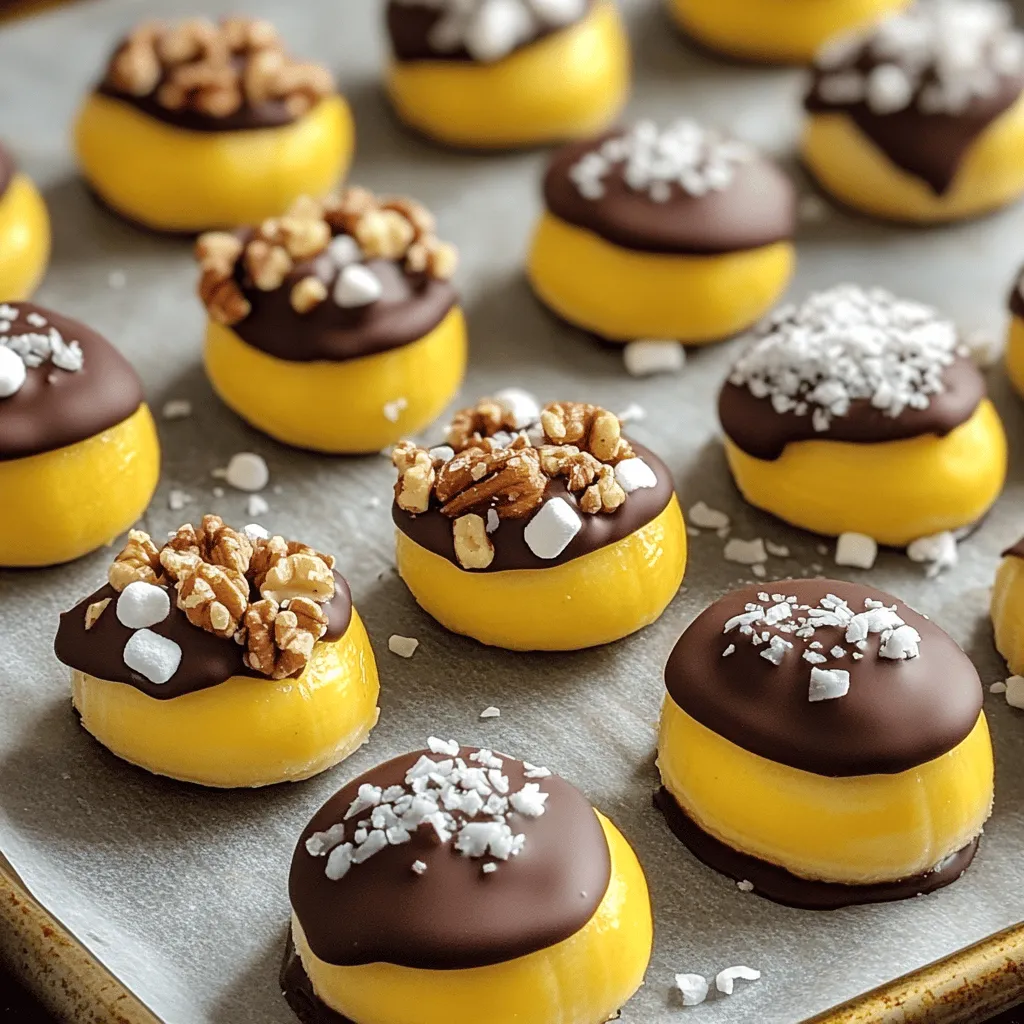To make chocolate-covered banana bites, you need: - 2 large ripe bananas - 1 cup dark chocolate chips - 1 tablespoon coconut oil These ingredients create a tasty treat that is easy to prepare. The ripe bananas bring natural sweetness, while the dark chocolate adds rich flavor. Coconut oil helps the chocolate melt smoothly and gives a nice sheen. You can make your banana bites even better with these optional add-ins: - 1/4 cup chopped nuts - Sea salt for sprinkling - 1/4 cup shredded coconut or mini marshmallows Chopped nuts add crunch, while sea salt enhances flavor. Shredded coconut or mini marshmallows add fun and sweetness. You can mix and match these options based on your taste. The full recipe will guide you through each step. - Peel and cut the bananas into rounds. - Arrange banana slices on a parchment-lined baking sheet. First, I peel the bananas and slice them into rounds about one inch thick. This size is perfect for dipping. Next, I lay the slices on a baking sheet lined with parchment paper. This step ensures they don’t stick together later. - Combine chocolate chips and coconut oil in a microwave-safe bowl. - Melt in 30-second intervals until smooth. I take a microwave-safe bowl and add chocolate chips with coconut oil. The coconut oil helps the chocolate melt smoothly. I microwave the mixture for 30 seconds at a time, stirring in between. This method prevents burning and helps create a creamy texture. - Dip each banana slice in the melted chocolate. - Let excess chocolate drip back into the bowl. Using a fork or toothpick, I dip each banana slice into the melted chocolate. I make sure each piece is well-coated. After dipping, I let any extra chocolate drip back into the bowl to avoid a mess. - Sprinkle chopped nuts or coconut/marshmallows on top. - Ensure toppings adhere while chocolate is warm. While the chocolate is still warm, I sprinkle chopped nuts on half of the bites. For a fun twist, I add shredded coconut or mini marshmallows on the rest. The warmth of the chocolate helps the toppings stick well. - Transfer to freezer and chill for 15-20 minutes. Next, I place the baking sheet in the freezer. I let the banana bites chill for about 15 to 20 minutes. This step makes the chocolate harden, giving a nice crunch when you bite into them. - Lift bites off the parchment paper. - Arrange bites on a serving platter with sea salt sprinkle. Once the chocolate is set, I gently lift the bites off the parchment paper. I place them on a serving platter. A light sprinkle of sea salt enhances the flavor and makes them even more delicious. You can find the full recipe for these chocolate-covered banana bites in the article. - Use ripe bananas for optimal sweetness. - Ensure they are firm yet slightly soft to the touch. Choosing the right bananas is key. Ripe bananas taste sweet and creamy, perfect for this treat. When you press gently, they should give a bit but not feel mushy. This balance ensures a good texture when you bite into them. - Adjust chocolate type for desired flavor. - Use coconut oil for a smoother texture. Chocolate type matters. Dark chocolate gives a rich taste, while semi-sweet chocolate is sweeter. For a smooth finish, add coconut oil when melting. This helps the chocolate flow easily and makes a nice coating. - Use a fork or toothpick for easier dipping. - Coat thoroughly for a delicious chocolate coverage. Dipping can be tricky. A fork or toothpick helps you grab the banana slice without a mess. Make sure to cover each slice well with chocolate. This ensures every bite is tasty and satisfying. For more tips, check the Full Recipe for a detailed guide. {{image_4}} You can make your chocolate-covered banana bites even more fun. Start by choosing different types of chocolate. Dark chocolate gives a rich taste, while milk chocolate is sweeter. White chocolate adds a creamy touch. Want a little heat? Add spices like cinnamon or cayenne. Just a pinch can give your banana bites a nice kick. Experiment with these flavors to find your favorite mix. Toppings can change the whole vibe of your bites. Crushed graham crackers add a crunchy, sweet twist. Toffee bits give a rich caramel flavor. You can also use different nuts. Walnuts, almonds, or pistachios all bring unique textures. Try out several nuts to see which one you enjoy most. Let’s get creative with fruit! You can add other fruits like strawberries or pineapple chunks. These fruits can balance the sweetness of the banana. Mixing banana with other fruits creates an exotic flavor. A banana-strawberry combo is always a hit. The options are endless, and each bite can be a new adventure. For the full recipe, check out the link above. To keep chocolate-covered banana bites fresh, store them in an airtight container. Place the container in your fridge. They will stay good for up to a week. This way, you can enjoy the treats later without losing flavor or texture. If you want to keep your bites longer, freezing is a great option. Place the banana bites on a baking sheet and freeze them first. Once they are solid, transfer them to a freezer-safe bag. This helps save space. When you are ready to eat them, let the bites thaw for a few minutes before serving. They will still taste delicious! Stored in the fridge, they last up to a week; frozen bites last longer. The cool air helps keep them fresh. If you want them for later, just pop them in the freezer. They can stay there for a few months without losing taste. Yes, you can use milk, white, or even flavored chocolate options. Each type gives a different taste. Milk chocolate is sweeter. White chocolate is creamy. Flavored options can add fun twists, like peanut butter or mint. Use a fork or toothpick, and let excess chocolate drip off into the bowl. This trick keeps your hands clean. It also helps the chocolate coat the bananas evenly. Don't rush; take your time for the best results. They can be a healthy treat depending on chocolate type and toppings used. Dark chocolate has health benefits. Adding nuts boosts protein. Just watch how much chocolate you use. Enjoy the bites, but keep balance in mind. In this blog post, we explored how to make delicious chocolate-covered banana bites. You learned the essential and optional ingredients, as well as step-by-step instructions to prepare them. I also shared tips for better flavor and texture. Remember, you can get creative with toppings and chocolate types. These bites are fun, tasty, and can fit any diet if made wisely. Enjoy making this treat. It’s simple and sure to please everyone!