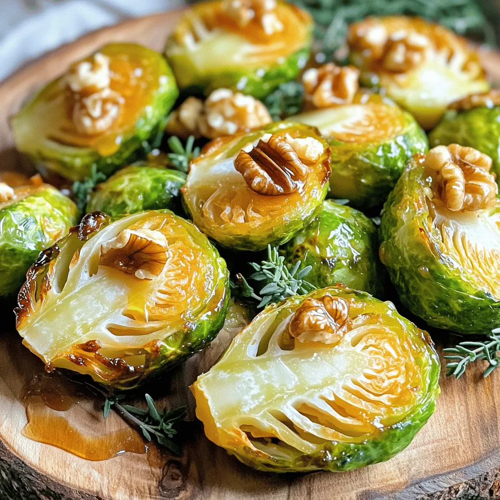 To make this dish, you will need: - 1 lb Brussels sprouts, trimmed and halved - 3 tablespoons extra virgin olive oil - 1/4 cup pure maple syrup - 1 tablespoon balsamic vinegar - 1 teaspoon garlic powder - Salt and freshly ground black pepper to taste These ingredients come together to create a sweet and savory glaze. The maple syrup adds sweetness, while the balsamic vinegar gives tanginess. The olive oil helps with roasting, making the sprouts tender and tasty. You can add these optional ingredients for extra flavor and texture: - 1/4 cup chopped walnuts - Fresh thyme leaves for garnish Walnuts add a nice crunch, while thyme gives a fresh aroma. Both options enhance the dish without overpowering it. This dish is not just tasty; it’s also good for you. Here’s a quick look at the nutrition per serving: - Calories: About 180 - Protein: 3g - Carbohydrates: 25g - Fat: 8g - Fiber: 4g Brussels sprouts are rich in vitamins C and K. The maple syrup provides natural sugars, making this dish a healthy choice. You get great flavors and health benefits in one meal. For the complete recipe, check the Full Recipe section above! First, we need to preheat the oven to 400°F (200°C). This heat is perfect for roasting. A hot oven ensures crispy edges and tender centers for your Brussels sprouts. Next, gather your ingredients. You will need: - 1 lb Brussels sprouts, trimmed and halved - 3 tablespoons extra virgin olive oil - 1/4 cup pure maple syrup - 1 tablespoon balsamic vinegar - 1 teaspoon garlic powder - Salt and freshly ground black pepper to taste - 1/4 cup chopped walnuts (optional for crunch) - Fresh thyme leaves for garnish (optional for aroma and color) In a large bowl, mix the halved Brussels sprouts with olive oil, maple syrup, balsamic vinegar, garlic powder, salt, and pepper. Toss everything well. Make sure every sprout gets coated in the sweet and savory sauce. This step is key for flavor. Prepare your baking sheet by lining it with parchment paper. This makes cleaning easy and helps prevent sticking. Spread the Brussels sprouts in a single layer on the sheet. Give them space to roast well. Now, place the baking sheet in the hot oven. Roast the sprouts for 25 minutes. Halfway through, stir them to promote even cooking. You want them to get tender and brown. If you add walnuts, toss them on the sheet during the last 5 minutes. This will give them a nice toast and extra crunch. Once done, take the Brussels sprouts out and let them cool for a minute. Transfer them to a serving dish. For a finishing touch, sprinkle fresh thyme leaves on top. This adds a nice pop of color and aroma to your dish. Enjoy this full recipe for a delicious treat! To get that perfect glaze, start with good maple syrup. Use pure maple syrup for the best flavor. Mix it well with olive oil and balsamic vinegar; this combo really shines. Make sure to coat the Brussels sprouts evenly. This helps each piece get that sweet, sticky glaze. Toss them well in the bowl before roasting. Roasting Brussels sprouts needs some care. First, preheat your oven to 400°F (200°C). This hot oven helps them caramelize. Spread the sprouts on a baking sheet in a single layer. If they are crowded, they won't brown well. Stir them halfway through cooking to ensure even roasting. You want them golden brown and tender, about 25 minutes in the oven. When ready to serve, think about how to make them look nice. Place the roasted sprouts on a large platter. You can arrange them in a circle for a pretty look. If you added walnuts, sprinkle them on top for crunch. Fresh thyme leaves also add color and smell great. This makes the dish not just tasty but beautiful too. For the full recipe, check out the details above. {{image_4}} You can switch up the sweetener for a twist. Try honey or agave syrup. These will add their own unique flavors. You can also use coconut sugar for a richer taste. If you like a kick, add some chili flakes for heat. A dash of orange juice can also brighten up the sweetness. This recipe is already vegetarian. To make it vegan, ensure the maple syrup is pure. You can also use almond oil instead of olive oil for a different flavor. For creaminess, add a dollop of vegan sour cream on top before serving. This adds a lovely tang that pairs well with the sweetness. Seasonal swaps can make this dish even better. In spring, add fresh peas for color and sweetness. During fall, toss in some diced apples for a sweet crunch. In winter, try adding roasted chestnuts for a nutty flavor. These changes keep the dish fresh and exciting every time you make it. For the full recipe, you can refer back to the detailed instructions provided. After enjoying your maple glazed Brussels sprouts, store any leftovers in an airtight container. This keeps them fresh and prevents odors. Let them cool first before sealing. Place the container in the fridge. They stay good for about 3 to 5 days. If you want to keep them longer, consider freezing. Reheating your Brussels sprouts can be quick and easy. You can use the oven or stovetop. If you use the oven, preheat it to 350°F (175°C). Spread the sprouts on a baking sheet and heat for about 10-15 minutes. Stir halfway through to ensure even warming. If you prefer the stovetop, heat a pan over medium heat. Add a bit of olive oil and toss the sprouts until warmed through. Freezing Brussels sprouts is a smart way to save them for later. First, blanch them in boiling water for 3 minutes. Then, cool them in ice water. This keeps their bright color and flavor. Drain and dry the sprouts, then place them in a freezer bag. Remove as much air as you can before sealing. They can last up to 6 months in the freezer. When you're ready to use them, just thaw and reheat! Enjoy your deliciously roasted maple glazed Brussels sprouts from [Full Recipe] and savor every bite! Yes, you can prep Brussels sprouts in advance. Trim and halve them a day before. Store them in an airtight container in the fridge. When you're ready, mix them with the other ingredients from the Full Recipe. This helps save time and makes cooking easier. Maple glazed Brussels sprouts pair well with many dishes. Here are some great options: - Roast chicken for a savory touch. - Grilled salmon for a healthy protein. - Quinoa salad for a hearty side. - Mashed potatoes for comfort food lovers. These options balance the sweet and savory flavors of the sprouts. To make this dish vegan, swap out the maple syrup for agave nectar. This keeps the sweetness intact. You can also use vegetable oil instead of olive oil if you prefer. Follow the Full Recipe as is, making those simple swaps. Enjoy the same great taste with a vegan twist! In this blog post, we covered how to make maple glazed Brussels sprouts. We discussed the key ingredients and provided step-by-step instructions. Tips helped you achieve the perfect glaze and roasting method. You also learned about variations, storage, and common questions. Now, you have all the tools to enjoy this dish. Experiment with flavors and enjoy your cooking!
