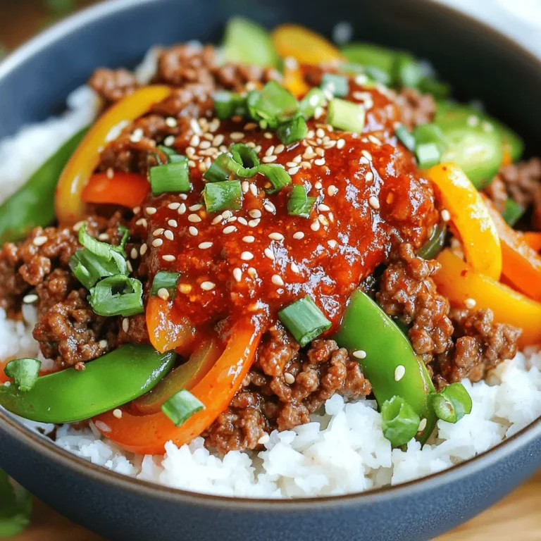 The Spicy Korean Beef Bowls use simple yet bold ingredients. Each one adds layers of flavor. You will need ground beef, gochujang, and fresh vegetables. These items work together to create a tasty meal. Ground beef is the star of this dish. It cooks quickly and absorbs flavors well. You can also use ground turkey or chicken if you prefer. For a meatless option, try crumbled tofu or tempeh. Both options work well with the sauce. Gochujang is a key ingredient in this recipe. It is a Korean red chili paste that brings heat and depth. The paste is made from red chili powder, glutinous rice, fermented soybeans, and salt. This blend adds umami and sweetness to the dish. Adjust the amount of gochujang to fit your spice preference. A little goes a long way! For the full recipe, refer to the link above. Start with the aromatics to build a great base. In a large skillet, warm 1 tablespoon of sesame oil over medium heat. Once it's hot, add 3 cloves of minced garlic and 1-inch grated ginger. Sauté them for about 1 minute. You want to smell that delicious aroma fill your kitchen. Next, raise the heat to medium-high. Add 1 pound of ground beef to the skillet. Use a spatula to break apart the meat as it cooks. You want it browned and fully cooked, which takes about 5 to 7 minutes. After cooking, drain any extra grease from the skillet. This keeps your dish from being too oily. Now, it’s time to add some flavor. Add 1 tablespoon of gochujang, 2 tablespoons of soy sauce, 1 tablespoon of brown sugar, and 1 tablespoon of rice vinegar to the beef. Stir well so every piece of beef gets coated in the sauce. Let it simmer for about 2 to 3 minutes. This helps the flavors mix together nicely. While the beef simmers, grab another pan. Stir-fry 1 cup of mixed vegetables over medium heat. Use bell peppers, carrots, and snap peas for a colorful mix. Cook them for about 4 to 5 minutes. You want them tender but still crisp and bright. Now, let’s put it all together. In each bowl, add a big scoop of cooked jasmine rice. Top it with the spicy ground beef mixture. Then, add a portion of the sautéed vegetables on top. To finish, sprinkle chopped green onions and sesame seeds over everything. Serve these bowls right away. Enjoy the warmth and flavor! For the full recipe, check out the detailed instructions. To bring out the best flavors in your Spicy Korean Beef Bowls, use fresh ingredients. Fresh garlic and ginger make a huge difference. They add a bright taste that dried versions just can't match. Gochujang is key here. It gives the dish its signature heat and depth. If you want to elevate the flavor even more, add a splash of sesame oil at the end. This gives a nutty finish that enhances the whole dish. When cooking ground beef, keep the heat at medium-high. This helps the beef brown well. Use a spatula to break it apart as it cooks. This way, it cooks evenly without clumping. Make sure to drain any excess grease. Leaving too much fat can make the dish greasy. Lastly, let the beef simmer with the sauce for a few minutes. This allows the flavors to blend perfectly. If you have leftovers, store them in an airtight container. They can last in the fridge for about three days. To reheat, warm them gently in a pan over low heat. This keeps the beef tender and avoids drying it out. You can also freeze the beef mixture for up to three months. Just make sure to label it with the date. When you're ready to eat, let it thaw overnight in the fridge before reheating. For a quick meal, serve it over fresh rice or noodles. For the full recipe, check out the section above. {{image_4}} You can switch the ground beef for other meats. Ground turkey or chicken work well. Both have a lighter taste that still pairs nicely with the sauce. If you prefer beef, try flank steak or sirloin, cutting it into thin strips. This adds a different texture to your dish. You can also cook these options in the same way as the beef in the recipe. For a vegetarian twist, use tofu or tempeh. Both soak up flavors and give a protein boost. Start by pressing the tofu to remove excess moisture. Then, cut it into cubes. Cook the cubes in sesame oil until golden brown. You can add mushrooms for a meaty texture. This way, you keep the dish hearty and satisfying while staying meat-free. Feel free to mix up your veggies! Broccoli, zucchini, and snap peas add color and crunch. You can also try bok choy or cabbage for a unique flavor. Just remember to stir-fry them until they are tender-crisp. This keeps them vibrant and tasty. Get creative! Use whatever you have on hand, and make each bowl your own. For the full recipe, check out the instructions above. To store leftovers, first let them cool. Place the beef and veggies in an airtight container. You can keep it in the fridge for up to three days. If you want to store it longer, freeze the mixture. It will last up to three months in the freezer. When you’re ready to eat, take the beef bowl out. If it’s frozen, let it thaw overnight in the fridge. To reheat, use a microwave-safe dish. Heat it in the microwave for about 1-2 minutes. Stir halfway through to ensure even heating. You can also reheat it in a skillet over medium heat. This adds a nice texture back to the beef. Meal prep is simple with this recipe. You can cook a larger batch of beef and veggies. Divide them into individual portions for easy lunches. Pair them with rice or noodles for variety. You can mix and match your favorite vegetables too. This way, you can enjoy Spicy Korean Beef Bowls all week long! For the full recipe, check out the recipe section. Yes, you can make Spicy Korean Beef Bowls ahead of time. Cook the beef and store it in the fridge. This keeps well for about three days. Just reheat it on the stove when you're ready to eat. You can also cook the rice in advance. Just keep it in an airtight container. This way, meal prep becomes easy. If you don't have gochujang, you can use another chili paste. Sriracha is a good option. Mix it with a bit of sugar to mimic the sweetness of gochujang. Another choice is a mix of miso and chili powder. Both options give a nice kick to your dish. The spice level of these bowls can vary. Gochujang is spicy but also sweet. If you like heat, use more gochujang. If you prefer less spice, reduce the amount. You can always adjust it to your taste. These bowls pair well with simple sides. Try serving them with steamed broccoli or kimchi for a classic touch. You can also add pickled vegetables for more flavor. A side of egg rolls would make a nice addition too. For a complete meal, serve with a refreshing cucumber salad. In this blog post, I shared how to make Spicy Korean Beef Bowls. We looked at key ingredients like ground beef and gochujang that add flavor. I provided steps for cooking, plus tips for authentic taste and perfect beef. Variations let you use different proteins and veggies. Finally, I offered storage info and answers to common questions. Making these bowls can be easy and fun. Try it out, enjoy, and share your results!