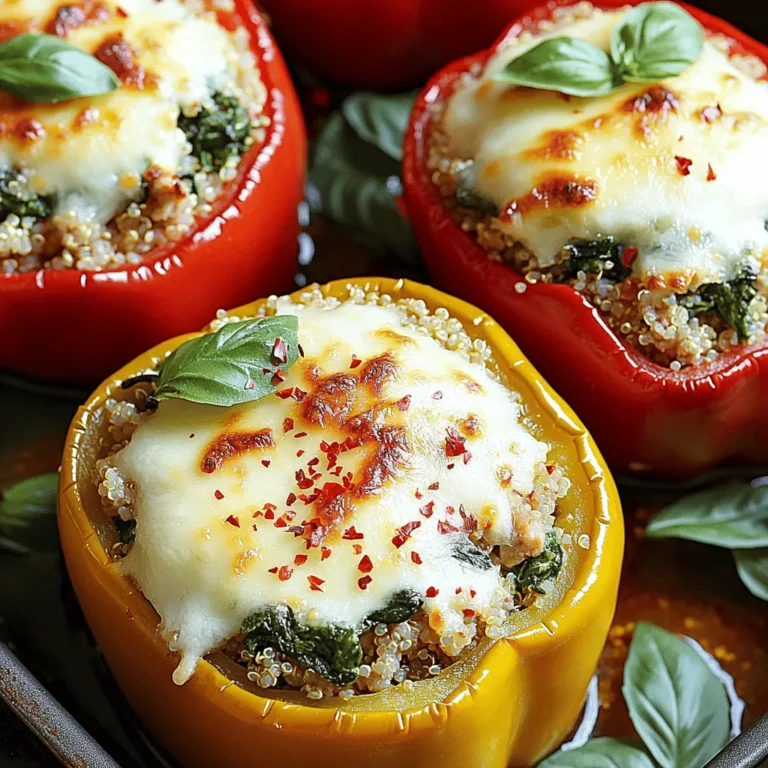 - 4 large bell peppers (any color) - 1 lb ground chicken - 2 cups fresh spinach, roughly chopped - 1 cup cooked quinoa (or rice) - 1 cup mozzarella cheese, shredded - 1 small onion, finely minced - 2 cloves garlic, minced - 1 teaspoon Italian seasoning blend - ½ teaspoon red pepper flakes - Salt and pepper to taste - 1 tablespoon olive oil - Fresh basil leaves for garnish When I make chicken and spinach stuffed peppers, I love using fresh ingredients. The bell peppers can be red, green, yellow, or orange. Each color adds a fun touch and a slight flavor difference. Ground chicken gives a light taste and pairs well with spinach. I usually chop the spinach roughly. This keeps some texture in the filling. Quinoa or rice adds a nice base and helps the stuffing stick together. I recommend using cooked quinoa for a nutty flavor and added protein. Mozzarella cheese brings creaminess and melts beautifully on top. The minced onion and garlic create a fragrant base. I often sauté these first to build flavor. The Italian seasoning and red pepper flakes bring warmth and depth. Adjust the red pepper flakes to suit your taste. Lastly, a sprinkle of salt and pepper enhances all the flavors. The olive oil adds richness and helps everything cook evenly. I often finish with fresh basil leaves for a bright and fresh touch. You can find the full recipe to make these delicious stuffed peppers! - Preheat your oven to 375°F (190°C). - Prepare the bell peppers by removing the tops and seeds. Start by heating your oven. This ensures it’s hot for your peppers. While waiting, grab your bell peppers. Cut off the tops and scoop out the seeds inside. You want them ready to hold all that tasty filling. A little olive oil on the outside adds flavor and color. - Sauté onion and garlic in olive oil. - Add ground chicken and cook thoroughly. - Stir in spinach, quinoa, and spices. Now, heat olive oil in a large skillet over medium heat. Add the finely minced onion and sauté for about 3-4 minutes. You want them soft and clear. Then, toss in your minced garlic and cook for one more minute. It will smell amazing! Next, add the ground chicken. Use a spoon to break it apart as it cooks. This should take about 6-8 minutes. Make sure the chicken is brown and fully cooked. Then, mix in the chopped spinach, cooked quinoa, Italian seasoning, red pepper flakes, salt, and pepper. Cook for another 2-3 minutes until the spinach wilts and blends in. - Mix in mozzarella and stuff peppers. - Bake covered and then uncovered until cooked. Remove the skillet from heat. Now, add half of the shredded mozzarella cheese to the filling. Stir until it melts and mixes well. Carefully spoon this tasty mixture into each pepper. Press it down to fill them well. Finally, sprinkle the remaining mozzarella over the tops of each pepper. Cover your dish tightly with foil and place it in the oven. Bake for 25 minutes. This helps the peppers cook through. After that, take off the foil and bake for another 10-15 minutes. Look for tender peppers and bubbly, golden cheese. Your Chicken and Spinach Stuffed Peppers are almost ready! - Choosing the right peppers for optimal flavor: I love using bell peppers in various colors. Each color brings a unique taste. Red peppers are sweet, while green ones are more bitter. Choose your favorite or mix them for a colorful dish. - Ensuring even cooking of the filling: To cook the filling evenly, chop the spinach and onion small. This helps them blend well with the ground chicken. Stir often while cooking to make sure everything heats up at the same time. - Plates and garnishes for serving: Use bright plates to showcase your stuffed peppers. A white plate makes the colors pop. Add fresh basil leaves on top for a nice touch. It adds color and flavor. - Drizzling options for added flavor: Consider drizzling a balsamic reduction over the peppers. This gives a sweet and tangy kick. You can also use olive oil or a bit of hot sauce if you like spice. - Low-calorie ingredient options: If you want to cut calories, use ground turkey instead of chicken. You can also skip the cheese or use a low-fat version. This keeps the rich taste without the extra calories. - Gluten-free substitutes: For a gluten-free option, use quinoa or rice as a base. Both are great alternatives. Make sure your seasonings are also gluten-free to keep the dish safe for everyone. For the full recipe, check out the details above. {{image_4}} You can switch the protein in your stuffed peppers. Ground turkey works great as a leaner choice. It has a mild flavor that blends well with the spices. Ground beef is another option. It adds richness and depth to the dish. If you want a vegetarian option, try black beans or chickpeas. They add protein and fiber. You can mash them for a creamy texture or leave them whole for a nice bite. Spicing up your stuffed peppers can elevate the dish. Add cumin or smoked paprika for a smoky flavor. You can also try chili powder for a bit of heat. If you love sauces, think about adding salsa or barbecue sauce to the filling. A drizzle of ranch or yogurt on top can enhance the taste too. These simple tweaks can really make your meal pop. Stuffed peppers pair well with many sides. A fresh salad with greens and a lemon vinaigrette works nicely. You can also serve them with rice or quinoa on the side. For meal prep, these stuffed peppers are great to make ahead. They store well and taste even better the next day. Leftovers can be enjoyed cold or reheated easily, making them perfect for quick lunches. If you want to impress, plate them on colorful dishes and garnish with fresh herbs. For the full recipe, check [Full Recipe]. After you make your chicken and spinach stuffed peppers, let them cool. Place leftovers in an airtight container. This keeps them fresh and tasty. You can store them in the fridge for up to three days. When you want to enjoy them again, simply reheat in the oven or microwave. If using the oven, cover with foil to keep the moisture in. Heat at 350°F (175°C) for about 15-20 minutes. If using a microwave, heat in one-minute bursts until hot. If you want to save some for later, freezing is a great option. Wrap each stuffed pepper in plastic wrap. Then put them in a freezer-safe bag. This keeps them from getting freezer burn. You can freeze them for up to three months. When you’re ready to eat, take them out and let them thaw in the fridge overnight. You can bake them from frozen, but it will take longer. Bake at 375°F (190°C) for about 40-50 minutes. Make sure they are hot all the way through. Enjoy the convenience of having these delicious meals ready to go! How long do stuffed peppers last in the fridge? Stuffed peppers can last up to four days in the fridge. Store them in an airtight container. Can I use frozen spinach instead of fresh? Yes, you can use frozen spinach. Just thaw and drain it first to remove excess water. What can I substitute for quinoa in this recipe? You can use rice instead of quinoa. Brown rice or white rice works well for this dish. Are stuffed peppers healthy? Yes, stuffed peppers are healthy. They are full of protein, fiber, and vitamins. How can I tell when the peppers are done cooking? Peppers are done when they are tender and the cheese is bubbly and golden. Can I prep these ahead of time? Yes, you can prep them a day in advance. Just store the stuffed peppers in the fridge. What sides pair well with stuffed peppers? Great sides include a light salad, garlic bread, or steamed veggies. Enjoy your meal! In this article, we explored a tasty recipe for chicken and spinach stuffed peppers. We covered detailed ingredients, step-by-step instructions, cooking tips, and variations to try. Stuffed peppers are fun to make and easy to adapt. You can even store leftovers or freeze them for later. This dish is not only healthy but also full of flavor that everyone will enjoy. Try it out and get creative!