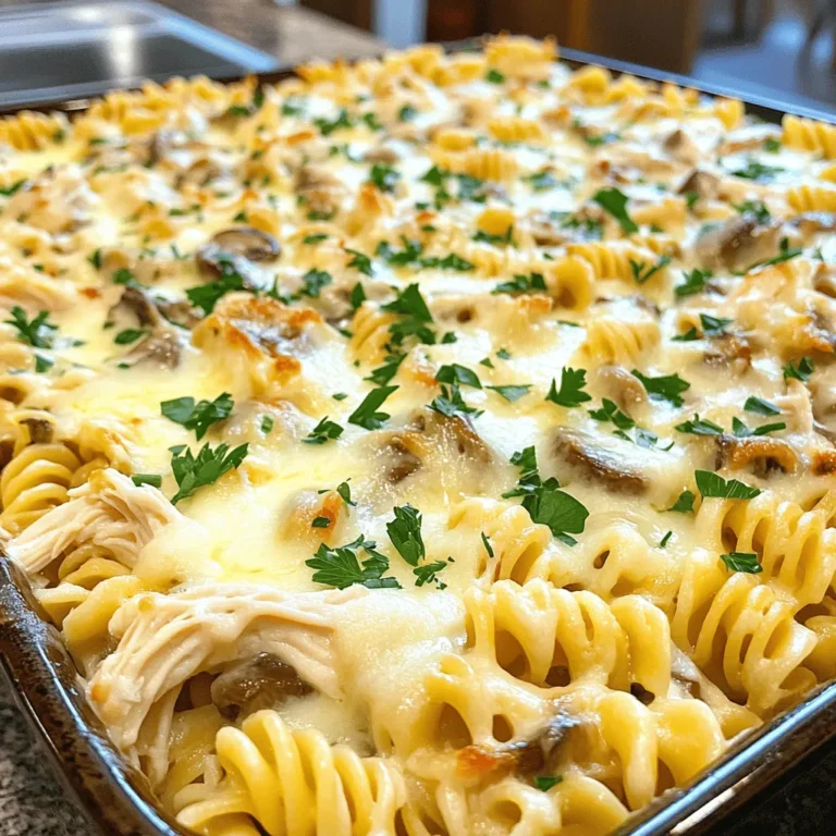To make this dish, you need some key items. Gather the following ingredients: - 3 cups cooked rotini pasta - 2 cups cooked chicken, shredded - 1 cup fresh mushrooms, sliced (white or cremini) - 2 cups heavy cream - 1 cup grated Parmesan cheese - 1 cup shredded mozzarella cheese - 2 cloves garlic, minced - 1 tablespoon olive oil - 1 teaspoon dried Italian herbs (such as oregano, basil, and thyme) - Salt and freshly ground black pepper, to taste - Fresh parsley, chopped (for garnish) These ingredients come together to create a creamy, rich dish that warms the soul. You can add more fun to your Chicken and Mushroom Alfredo Bake. Here are some optional items to consider: - Sun-dried tomatoes for a tangy twist - Spinach or kale for added greens - Cooked bacon for extra flavor - More cheese for a cheesier bake These add-ins make the dish your own and can enhance its taste and texture. Seasonings can elevate the dish. Here are some suggestions: - Fresh thyme or rosemary for bright flavor - Crushed red pepper flakes for heat - Extra Parmesan or mozzarella on top for a golden crust - A drizzle of truffle oil for a gourmet touch These toppings can take your Chicken and Mushroom Alfredo Bake to the next level. For the full recipe, follow the steps closely, and enjoy this creamy delight! Start by preheating your oven to 375°F (190°C). This step is key for even cooking. While the oven warms up, take a 9x13-inch baking dish. Grease it lightly with cooking spray or a bit of olive oil. This will help the pasta bake not stick to the dish. Next, grab a large skillet and heat 1 tablespoon of olive oil over medium heat. Once hot, add 2 cloves of minced garlic. Sauté this for about 1 minute. You want it fragrant but not brown. Now, toss in 1 cup of sliced mushrooms. Cook these for around 5 minutes, stirring often. They should become tender and release their juices. Add salt and black pepper to boost their flavor. In a big mixing bowl, combine 3 cups of cooked rotini pasta and 2 cups of shredded chicken. Next, add the sautéed mushrooms and 2 cups of heavy cream. Sprinkle in half of the 1 cup of grated Parmesan cheese and 1 teaspoon of dried Italian herbs. Mix everything well until it’s all coated in that creamy goodness. Pour the mixture into the greased baking dish. Spread it out evenly. Top it with the rest of the Parmesan and 1 cup of shredded mozzarella cheese for a cheesy finish. Now you are ready for the next steps in your Chicken and Mushroom Alfredo Bake journey! For the full recipe, make sure to check the details provided earlier. To get the best flavor, use fresh mushrooms. They add a rich taste to the dish. I recommend cremini or white mushrooms for this recipe. Make sure you shred the chicken finely. This helps mix it well with the pasta and sauce. For a truly creamy bake, let your pasta cool slightly before mixing it with the sauce. This prevents the cheese from clumping. Use heavy cream for the richest texture. It helps create a smooth, velvety sauce that coats the pasta perfectly. Stir the sauce gently to keep it creamy. If you want to lighten it up a bit, you can mix in some milk, but it may not be as thick. Adding a bit of reserved pasta water can also help if the sauce seems too thick. Baking at 375°F (190°C) is ideal for even cooking. Cover the dish with foil for the first part of baking. This ensures the pasta heats through without drying out. After 25 minutes, remove the foil for the last 15 minutes. This allows the cheese to brown nicely and become bubbly. Always let the dish sit for a few minutes before serving. This helps everything set and makes for easier serving. For the full recipe, check the earlier sections! {{image_4}} You can boost your Chicken and Mushroom Alfredo Bake by adding veggies. Try spinach, broccoli, or bell peppers. These veggies add color and nutrition. You can also use different proteins. Swap chicken for shrimp or cooked sausage for a new twist. Each protein brings its own flavor, making this dish more exciting. If you need gluten-free options, use gluten-free pasta. Many brands offer great choices that taste good. For a low-carb version, replace pasta with zucchini noodles or cauliflower rice. This change keeps the dish light and healthy while still being creamy and satisfying. To change the flavor, add herbs and spices to your bake. Fresh basil or parsley adds a nice touch. You can also try crushed red pepper for heat or smoked paprika for a deeper flavor. Experiment with these options to find your perfect taste. Each adjustment can make your Chicken and Mushroom Alfredo Bake feel new and fun. Check [Full Recipe] for more ideas. After enjoying your Chicken and Mushroom Alfredo Bake, store leftovers properly for the best taste. Let the dish cool down first. Then, transfer it to an airtight container. You can keep it in the fridge for up to three days. Be sure to label the container with the date. To reheat, place the leftovers in a baking dish. Cover it with foil to keep moisture in. Preheat your oven to 350°F (175°C) and bake for about 20 minutes. Stir halfway through to heat evenly. You can also microwave individual portions for a quick meal. Just add a splash of cream or milk to keep it creamy. If you want to freeze your Chicken and Mushroom Alfredo Bake, it’s easy! Use a freezer-safe container or wrap it tightly in plastic wrap and foil. You can freeze it for up to three months. When you’re ready to eat, thaw it in the fridge overnight. Bake it at 350°F (175°C) until heated through, about 30 minutes. Enjoy every creamy bite from the Full Recipe! You can prepare Chicken and Mushroom Alfredo Bake ahead of time by following these steps. First, make the dish up to the point of baking. Once you mix the pasta, chicken, and sauce, place it in your greased baking dish. Cover it tightly with plastic wrap or aluminum foil. Store it in the fridge for up to 24 hours. When ready to bake, preheat your oven to 375°F (190°C). Remove the covering and bake as directed in the Full Recipe. You may need to add a few extra minutes to the baking time. Yes, you can use different cheese in your Chicken and Mushroom Alfredo Bake. If you want a sharper flavor, try using aged cheddar or gouda. For a creamier texture, consider using cream cheese or ricotta. Blend different cheeses for a unique taste. Just ensure that the total amount of cheese stays the same for best results. Your bake will still come out tasty and creamy. You can serve many tasty sides with Chicken and Mushroom Alfredo Bake. Garlic bread is a classic choice and adds a nice crunch. A fresh green salad with a light vinaigrette pairs well too. You can add steamed vegetables like broccoli or green beans for a healthy touch. These sides balance the richness of the bake and round out your meal nicely. This blog post covered how to make a delicious Chicken and Mushroom Alfredo Bake. You learned about the main ingredients, steps to prepare, and tips for the best results. I shared ways to adapt the recipe to your liking and how to store leftovers. With these tools, you can make a creamy dish that satisfies every time. Cooking can be fun and easy when you follow simple steps. Enjoy experimenting and making this recipe your own!