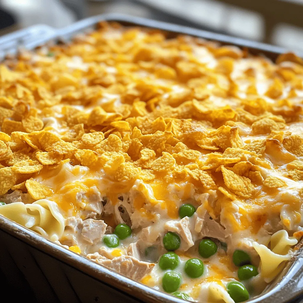- 2 cans (5 oz each) tuna packed in water, thoroughly drained - 1 cup egg noodles, uncooked - 1 cup frozen peas, no need to thaw Tuna is the star of this dish. It gives protein and flavor. I always choose tuna packed in water for a lighter taste. Egg noodles add a comforting base. They soak up the sauce well. Peas bring a pop of color and sweetness. - 1 cup cream of mushroom soup (canned or homemade) - 1/2 cup milk, any variety - 1/2 cup shredded sharp cheddar cheese - 1/4 cup grated Parmesan cheese Cream of mushroom soup adds creaminess and depth. You can use store-bought or make your own. Milk helps blend everything together smoothly. Sharp cheddar cheese gives a nice kick. Parmesan adds a rich, nutty flavor. - 1/2 teaspoon garlic powder - 1/2 teaspoon onion powder - Salt and pepper, to taste - 1/2 cup crushed potato chips (optional, for a crispy topping) Garlic powder and onion powder boost the savory taste. Salt and pepper bring everything to life. I love adding crushed potato chips on top. They give a delightful crunch. You can skip them if you want a softer casserole. For the full recipe, check the details above. - Preheat your oven to 350°F (175°C). - Cook the egg noodles al dente according to package instructions. - Combine drained tuna, frozen peas, cream of mushroom soup, and milk in a large bowl. - Fold in cooked egg noodles along with seasonings. - Transfer the mixture into a greased baking dish and top with crushed potato chips. - Bake for 25-30 minutes until golden brown and bubbling. I love how easy this dish comes together! First, preheat your oven. While that heats up, boil the egg noodles in a pot. Make sure they are al dente; you want them to hold their shape. Overcooked noodles can turn mushy in the oven. Next, grab a large bowl. Mix the drained tuna, frozen peas, cream of mushroom soup, and milk. Stir until well combined. I find that using a spatula works best to get a smooth mix. Then, gently fold in the cooked egg noodles. Add in your seasonings here. Now, it’s time to bake. Pour the mixture into a greased baking dish. If you want that extra crunch, sprinkle crushed potato chips on top. This gives a great contrast to the creamy casserole. Bake until golden brown and bubbling, which usually takes about 25 to 30 minutes. For more detailed steps, check out the Full Recipe. Using homemade cream of mushroom soup makes a big difference. It tastes fresher and richer than store-bought. If you want a quick fix, canned soup works well too. Adjust the seasoning to your liking. Add more garlic powder or onion powder if you love those flavors. A little extra salt can also brighten the dish. Taste as you go to find your perfect balance. Be careful not to overcook your noodles. Cook them just until they are al dente. This means they should be firm but not hard. If you cook them too long, they may turn mushy in the oven. When mixing, use a spatula instead of a spoon. The spatula helps you combine everything gently. This way, the noodles stay intact. Garnish your casserole with fresh parsley. It adds a pop of color and a hint of freshness. For serving, hot casserole pairs well with a crisp side salad. You can also enjoy it with garlic bread for a hearty meal. Both options enhance the flavors and make your dish complete. {{image_4}} You can switch the protein in this dish. Try using canned chicken or salmon instead of tuna. This change keeps the dish tasty while giving it a new twist. You can also add different veggies. Corn or carrots work great and add color. These swaps make the casserole unique and fun! To make the casserole gluten-free, use gluten-free noodles and soup. This way, you keep the creamy taste without gluten. If you want a vegan option, swap out dairy products for plant-based ones. Use vegan cheese and a plant-based cream soup. These changes help everyone enjoy the meal. Want a spicy kick? Add some hot sauce to the mix. It brings heat and flavor that many will love. You can also play with cheese. Try mixing in different cheese blends like mozzarella or pepper jack. This adds variety and keeps the dish exciting each time you make it. After enjoying your tuna casserole, let it cool. Store leftovers in an airtight container. This keeps it fresh and tasty. You can keep it in the fridge for about 3 to 4 days. Make sure to label it with the date you made it. This way, you can track how long it has been stored. Want to save some for later? You can freeze portions of the casserole. Just cut it into serving sizes. Wrap each portion in plastic wrap and foil. This helps keep the flavor and texture. You can freeze it for up to 2 months. When you're ready to eat, thaw it in the fridge overnight. To enjoy your casserole again, reheating is key. You can use a microwave or an oven. For the microwave, place it in a safe dish. Heat it for 2-3 minutes, stirring halfway through. For the oven, preheat to 350°F (175°C). Cover the dish with foil to keep it moist. Bake for about 20 minutes. This method helps keep the casserole creamy and delicious. Each way has its perks, so choose what works best for you. Classic Tuna Casserole lasts about 3 to 5 days in the fridge. Make sure to store it in an airtight container. This keeps it fresh and safe to eat. After a few days, check for any off smells or changes in texture. When in doubt, throw it out. Yes, you can make Classic Tuna Casserole ahead of time. You can prepare it a day or two before you plan to bake it. Just cover it and keep it in the fridge. This can help the flavors blend better. However, some people find that it tastes fresher when made the same day. You can serve many sides with Tuna Casserole. Here are some great ideas: - A fresh green salad with vinaigrette - Steamed broccoli or green beans - Garlic bread for a crunchy texture - A fruit salad for a sweet touch These sides help balance the rich flavors of the casserole. Yes! You can use fresh tuna in this recipe. Start by cooking the fresh tuna in a pan until it’s fully cooked. This usually takes about 3 to 4 minutes per side. Then, chop it into pieces and mix it in with the other casserole ingredients. This adds a different taste and texture to your dish. This blog post shows how to make a tasty tuna casserole with simple ingredients. We covered the main components, cooking steps, and tips for the best flavor. You can even switch ingredients to fit your diet. Remember, you can store and reheat this dish easily so it stays fresh. Tuna casserole is not just a meal; it’s a hearty comfort food. Enjoy experimenting with flavors and share your favorites with family and friends!