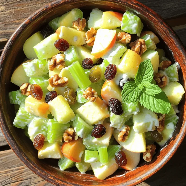 To make a Classic Waldorf Salad, you need these simple and fresh ingredients: - 2 cups of crisp Granny Smith apples, diced - 1 cup of crunchy celery, finely chopped - 1 cup of juicy grapes, halved (your choice of red or green) - 1 cup of flavorful walnuts, toasted and coarsely chopped - 1/2 cup of plump raisins - 1/2 cup of creamy plain Greek yogurt - 2 tablespoons of smooth mayonnaise - 1 tablespoon of fresh lemon juice (about half a lemon) - Salt and pepper to taste, for seasoning - Fresh mint leaves, sprigs for garnish This salad is not just tasty; it is also good for you. Here are some key points: - Apples are high in fiber and vitamin C. - Celery adds crunch and is low in calories. - Walnuts provide healthy fats and protein. - Greek yogurt offers protein and probiotics for gut health. - The salad is colorful, which means it is rich in antioxidants. To prepare your Waldorf Salad, gather these tools: - A large mixing bowl for combining ingredients - A small mixing bowl for making the dressing - A whisk or fork for blending the dressing - A spatula or wooden spoon for folding ingredients together - A cutting board and knife for chopping fruits and nuts With these ingredients and tools, you can create a refreshing and delicious Classic Waldorf Salad. Don't forget to check out the Full Recipe for more details on making this delightful dish! To make the Classic Waldorf Salad, start by gathering all your ingredients. You need two cups of crisp Granny Smith apples, one cup of crunchy celery, and one cup of juicy grapes. You can choose red or green grapes based on your taste. Next, grab one cup of flavorful walnuts that you will toast and chop. Also, get half a cup of plump raisins ready. Once you have everything, chop and dice the apples, celery, and grapes. This step is fun and helps you see the fresh colors! Now, let’s make the dressing. In a small bowl, combine half a cup of creamy plain Greek yogurt with two tablespoons of smooth mayonnaise. Add one tablespoon of fresh lemon juice, and sprinkle in some salt and pepper to taste. Use a whisk to mix everything together until it is smooth and well combined. This dressing gives the salad its rich flavor. In a large mixing bowl, take your chopped fruits and nuts. Add the diced apples, chopped celery, halved grapes, chopped walnuts, and raisins. Stir gently to mix the ingredients well. Then, pour the dressing over this colorful mix. Using a spatula, fold the dressing in so all the pieces get coated. Be careful not to mash the ingredients. After that, cover the bowl and chill the salad in the fridge for at least 30 minutes. This helps the flavors blend. Finally, toss gently before serving, and garnish with fresh mint leaves for a lovely touch. For the full recipe, check the section above. To get a great texture in your Waldorf Salad, use fresh ingredients. Crunchy apples and celery add a nice bite. Make sure your grapes are sweet and juicy. Toast the walnuts to bring out their flavor and add a bit of crunch. When mixing, fold gently to keep the fruit intact. Over-mixing can turn your salad mushy. Waldorf Salad pairs well with many dishes. Try it as a side with grilled chicken or fish. It also complements a light sandwich or a wrap. For a delightful lunch, serve it alongside a bowl of soup. The salad’s fresh flavors balance heavier meals well. For a stunning look, serve your Waldorf Salad in clear glass bowls. This highlights the bright colors of the apples and grapes. Add a sprinkle of extra walnuts on top for a nice touch. You can also garnish with fresh mint leaves. This adds a pop of green and a pleasant aroma. For a fun twist, use individual cups for serving. This makes it easy for guests to enjoy without sharing. For the full recipe, check out the detailed steps above. {{image_4}} You can change the ingredients in the Waldorf salad for more variety. Instead of Granny Smith apples, try using sweet Fuji or tart Honeycrisp apples. If you need a nut-free option, swap walnuts for sunflower seeds. You can also replace Greek yogurt with sour cream or a dairy-free yogurt for a lighter dressing. For a crunchier texture, add chopped bell peppers or use toasted almonds instead of walnuts. If you follow a specific diet, you can still enjoy this salad. For a vegan version, use a plant-based yogurt and skip the mayonnaise. You can also replace the honey with maple syrup for sweetness. If you're gluten-free, all the ingredients listed are naturally gluten-free, so no worries there. For those watching sugar intake, use unsweetened yogurt and skip the raisins. Get creative with your Waldorf salad! Add a sprinkle of cinnamon for warmth or a touch of honey for extra sweetness. For a savory kick, mix in crumbled feta cheese or diced cooked chicken. Another fun idea is to add pomegranate seeds for a burst of flavor and color. You can also serve it in lettuce cups for a fun twist! Each variation can make your salad unique and delicious. For the full recipe, check out the Revitalized Waldorf Salad Delight section. To keep your Waldorf salad fresh, store it in an airtight container. I recommend using glass or plastic containers with tight lids. Avoid metal containers, as they can affect the taste. If you have leftover dressing, store it separately. This keeps the salad crisp and the flavors bright. When stored properly, the Waldorf salad lasts about three days in the fridge. After this, the apples may brown, and the texture can change. Always check for any off smells or changes in color before eating. Remember, it’s best enjoyed fresh, so plan your servings wisely! Waldorf salad is best served cold and not reheated. The crunch of the apples and celery makes it refreshing. Before serving, give it a gentle stir to mix the ingredients again. You can also add more fresh mint leaves for a pop of flavor. For an extra touch, serve it in clear bowls to show off its vibrant colors! For the full recipe, check the earlier section. Waldorf Salad began at the Waldorf Astoria Hotel in New York City. A chef named Oscar Tschirky created it in the late 1800s. The original salad had apples, celery, and walnuts. It used a simple dressing made from mayonnaise. Over time, people added grapes and different nuts. Today, it’s a popular dish at many gatherings. Yes, you can make Waldorf Salad ahead of time. I like to prepare it a few hours before serving. This allows the flavors to mix well. Just keep it in the fridge until you’re ready to serve. If you make it the night before, it will still taste great. Just give it a quick stir before serving. The best apples for Waldorf Salad are Granny Smith apples. They are crisp and tart. Their flavor contrasts nicely with the sweet grapes and creamy dressing. You can also use Honeycrisp apples for a sweeter option. Make sure to dice them just before adding to keep them fresh and crunchy. For the full recipe, refer to the section above. This article covered all you need to know about making Waldorf Salad. We looked at the ingredients, tools, and step-by-step steps to create a perfect dish. I shared tips for texture and pairing ideas. You can even try fun twists with different ingredients. Remember to store your leftovers properly for the best taste. With this knowledge, you can make a tasty Waldorf Salad anytime you like. Enjoy creating delicious meals with confidence!