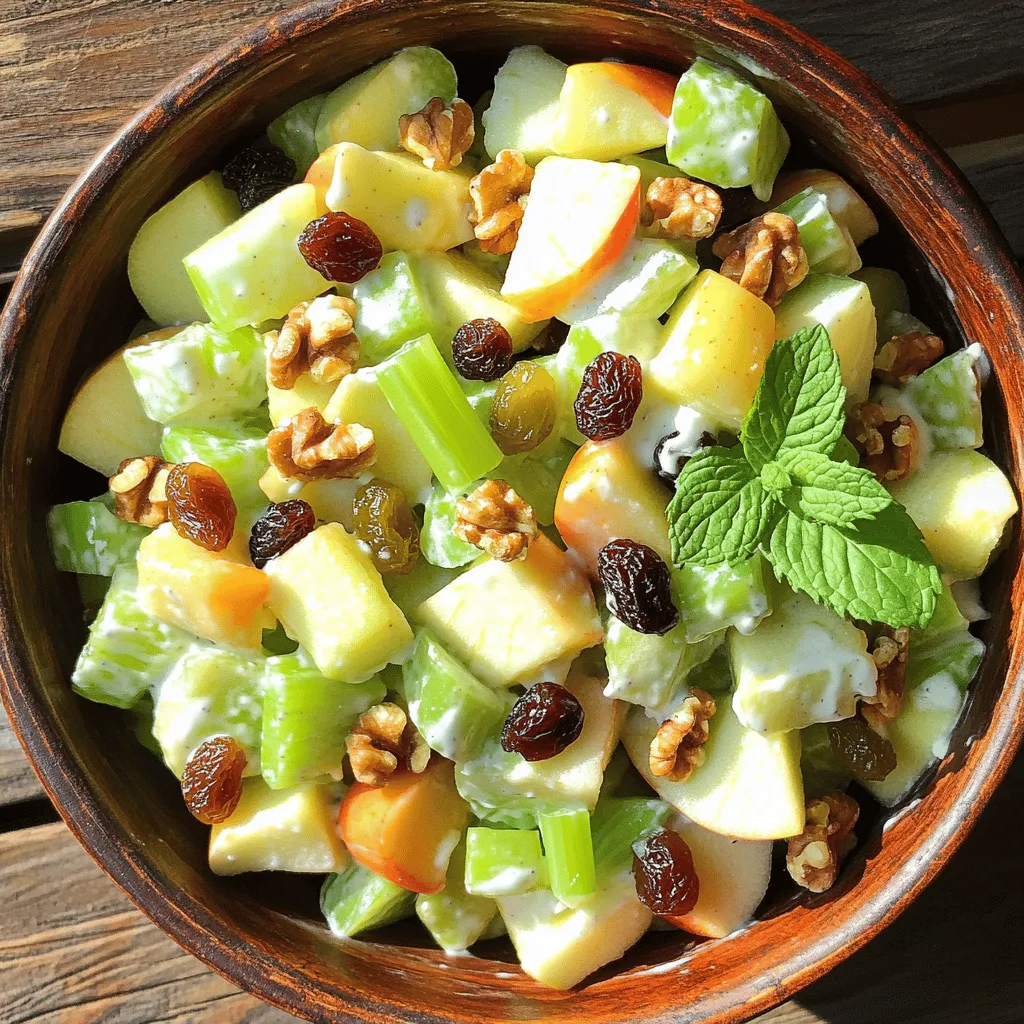 To make a Classic Waldorf Salad, you need these simple and fresh ingredients: - 2 cups of crisp Granny Smith apples, diced - 1 cup of crunchy celery, finely chopped - 1 cup of juicy grapes, halved (your choice of red or green) - 1 cup of flavorful walnuts, toasted and coarsely chopped - 1/2 cup of plump raisins - 1/2 cup of creamy plain Greek yogurt - 2 tablespoons of smooth mayonnaise - 1 tablespoon of fresh lemon juice (about half a lemon) - Salt and pepper to taste, for seasoning - Fresh mint leaves, sprigs for garnish This salad is not just tasty; it is also good for you. Here are some key points: - Apples are high in fiber and vitamin C. - Celery adds crunch and is low in calories. - Walnuts provide healthy fats and protein. - Greek yogurt offers protein and probiotics for gut health. - The salad is colorful, which means it is rich in antioxidants. To prepare your Waldorf Salad, gather these tools: - A large mixing bowl for combining ingredients - A small mixing bowl for making the dressing - A whisk or fork for blending the dressing - A spatula or wooden spoon for folding ingredients together - A cutting board and knife for chopping fruits and nuts With these ingredients and tools, you can create a refreshing and delicious Classic Waldorf Salad. Don't forget to check out the Full Recipe for more details on making this delightful dish! To make the Classic Waldorf Salad, start by gathering all your ingredients. You need two cups of crisp Granny Smith apples, one cup of crunchy celery, and one cup of juicy grapes. You can choose red or green grapes based on your taste. Next, grab one cup of flavorful walnuts that you will toast and chop. Also, get half a cup of plump raisins ready. Once you have everything, chop and dice the apples, celery, and grapes. This step is fun and helps you see the fresh colors! Now, let’s make the dressing. In a small bowl, combine half a cup of creamy plain Greek yogurt with two tablespoons of smooth mayonnaise. Add one tablespoon of fresh lemon juice, and sprinkle in some salt and pepper to taste. Use a whisk to mix everything together until it is smooth and well combined. This dressing gives the salad its rich flavor. In a large mixing bowl, take your chopped fruits and nuts. Add the diced apples, chopped celery, halved grapes, chopped walnuts, and raisins. Stir gently to mix the ingredients well. Then, pour the dressing over this colorful mix. Using a spatula, fold the dressing in so all the pieces get coated. Be careful not to mash the ingredients. After that, cover the bowl and chill the salad in the fridge for at least 30 minutes. This helps the flavors blend. Finally, toss gently before serving, and garnish with fresh mint leaves for a lovely touch. For the full recipe, check the section above. To get a great texture in your Waldorf Salad, use fresh ingredients. Crunchy apples and celery add a nice bite. Make sure your grapes are sweet and juicy. Toast the walnuts to bring out their flavor and add a bit of crunch. When mixing, fold gently to keep the fruit intact. Over-mixing can turn your salad mushy. Waldorf Salad pairs well with many dishes. Try it as a side with grilled chicken or fish. It also complements a light sandwich or a wrap. For a delightful lunch, serve it alongside a bowl of soup. The salad’s fresh flavors balance heavier meals well. For a stunning look, serve your Waldorf Salad in clear glass bowls. This highlights the bright colors of the apples and grapes. Add a sprinkle of extra walnuts on top for a nice touch. You can also garnish with fresh mint leaves. This adds a pop of green and a pleasant aroma. For a fun twist, use individual cups for serving. This makes it easy for guests to enjoy without sharing. For the full recipe, check out the detailed steps above. {{image_4}} You can change the ingredients in the Waldorf salad for more variety. Instead of Granny Smith apples, try using sweet Fuji or tart Honeycrisp apples. If you need a nut-free option, swap walnuts for sunflower seeds. You can also replace Greek yogurt with sour cream or a dairy-free yogurt for a lighter dressing. For a crunchier texture, add chopped bell peppers or use toasted almonds instead of walnuts. If you follow a specific diet, you can still enjoy this salad. For a vegan version, use a plant-based yogurt and skip the mayonnaise. You can also replace the honey with maple syrup for sweetness. If you're gluten-free, all the ingredients listed are naturally gluten-free, so no worries there. For those watching sugar intake, use unsweetened yogurt and skip the raisins. Get creative with your Waldorf salad! Add a sprinkle of cinnamon for warmth or a touch of honey for extra sweetness. For a savory kick, mix in crumbled feta cheese or diced cooked chicken. Another fun idea is to add pomegranate seeds for a burst of flavor and color. You can also serve it in lettuce cups for a fun twist! Each variation can make your salad unique and delicious. For the full recipe, check out the Revitalized Waldorf Salad Delight section. To keep your Waldorf salad fresh, store it in an airtight container. I recommend using glass or plastic containers with tight lids. Avoid metal containers, as they can affect the taste. If you have leftover dressing, store it separately. This keeps the salad crisp and the flavors bright. When stored properly, the Waldorf salad lasts about three days in the fridge. After this, the apples may brown, and the texture can change. Always check for any off smells or changes in color before eating. Remember, it’s best enjoyed fresh, so plan your servings wisely! Waldorf salad is best served cold and not reheated. The crunch of the apples and celery makes it refreshing. Before serving, give it a gentle stir to mix the ingredients again. You can also add more fresh mint leaves for a pop of flavor. For an extra touch, serve it in clear bowls to show off its vibrant colors! For the full recipe, check the earlier section. Waldorf Salad began at the Waldorf Astoria Hotel in New York City. A chef named Oscar Tschirky created it in the late 1800s. The original salad had apples, celery, and walnuts. It used a simple dressing made from mayonnaise. Over time, people added grapes and different nuts. Today, it’s a popular dish at many gatherings. Yes, you can make Waldorf Salad ahead of time. I like to prepare it a few hours before serving. This allows the flavors to mix well. Just keep it in the fridge until you’re ready to serve. If you make it the night before, it will still taste great. Just give it a quick stir before serving. The best apples for Waldorf Salad are Granny Smith apples. They are crisp and tart. Their flavor contrasts nicely with the sweet grapes and creamy dressing. You can also use Honeycrisp apples for a sweeter option. Make sure to dice them just before adding to keep them fresh and crunchy. For the full recipe, refer to the section above. This article covered all you need to know about making Waldorf Salad. We looked at the ingredients, tools, and step-by-step steps to create a perfect dish. I shared tips for texture and pairing ideas. You can even try fun twists with different ingredients. Remember to store your leftovers properly for the best taste. With this knowledge, you can make a tasty Waldorf Salad anytime you like. Enjoy creating delicious meals with confidence!